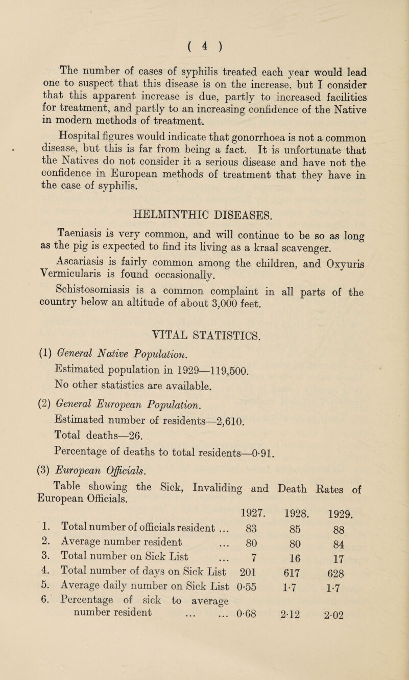 The number of cases of s}^philis treated each year would lead one to suspect that this disease is on the increase, but I consider that this apparent increase is due, partly to increased facilities for treatment, and partly to an increasing confidence of the Native in modern methods of treatment. Hospital figures would indicate that gonorrhoea is not a common disease, but this is far from being a fact. It is unfortunate that the Natives do not consider it a serious disease and have not the confidence in European methods of treatment that they have in the case of syphilis. HELMINTHIC DISEASES. Taeniasis is very common, and will continue to be so as long as the pig is expected to find its living as a kraal scavenger. Ascariasis is fairly common among the children, and Oxyuris Yermicularis is found occasionally. Schistosomiasis is a common complaint in all parts of the country below an altitude of about 3,000 feet. VITAL STATISTICS. (1) General Native Population. Estimated population in 1929—119,500. No other statistics are available. (2) General European Population. Estimated number of residents—2,610. Total deaths—26. Percentage of deaths to total residents—0-91. (3) European Officials. Table showing the Sick, Invaliding and European Officials. Death Eates of 1927. 1928. 1929. 1. Total number of officials resident ... 83 85 88 2. Average number resident 80 80 84 3. Total number on Sick List 7 16 17 4. Total number of days on Sick List 201 617 628 5. Average daily number on Sick List 0-55 1-7 1*7 6. Percentage of sick to average number resident 0-68 2-12 2-02