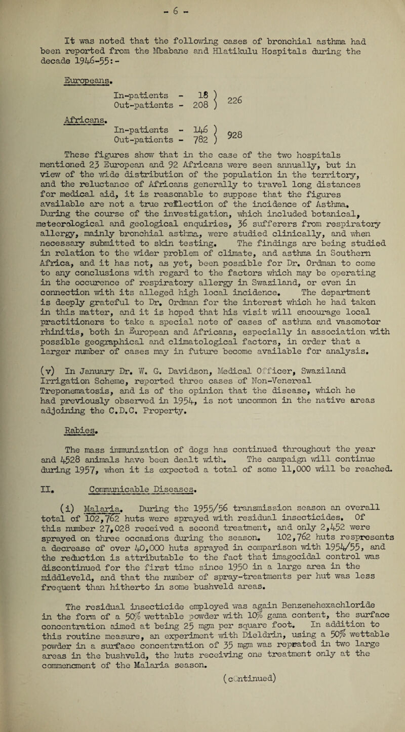 - 6 - It was noted that the following cases of bronchial asthma had been reported from the Mbabane and Hlatikulu Hospitals during the decade 1946-55:- Europeans, In-patients - 18 ) Out-patients - 208 ) Africans. In-patients - 11+6 ) Out-patients - 782 ) 226 928 These figures show/ that in the case of the two hospitals mentioned 23 European and 92 Africans were seen annually, but in view of the wide distribution of the population in the territory, and the reluctance of Africans generally to travel long distances for medical aid, it is reasonable to suppose that the figures available are not a true reflection of the incidence of Asthma, During the course of the investigation, which included botanical, meteorological and geological enquiries, 36 sufferers from respiratory allergy, mainly bronchial asthma, were studied clinically, and when necessary submitted to skin testing. The findings are being studied in relation to the wider problem of climate, and asthma in Southern Africa, and it has not, as yet, been possible for Dr. Ordman to come to any conclusions with regard to the factors which may be operating in the occurence of respiratory allergy in Swaziland, or even in connection with its alleged high local incidence. The department is deeply grateful to Dr. Ordman for the interest which he had taken in this matter, and it is hoped that his visit will encourage local practitioners to take a special note of cases of asthma and vasomotor rhinitis, both in European and Africans, especially in association with possible geographical and climatological factors, in order that a larger number of cases may in future become available for analysis. (v) In January Dr. W. G-. Davidson, Medical Officer, Swaziland Irrigation Scheme, reported three cases of Non-Venereal Treponematosis, and is of the opinion that the disease, which he had previously observed in 1954, is not uncommon in the native areas adjoining the C.D.C. Property. Rabies. The mass immunization of dogs has continued throughout the year and 4528 animals have been dealt with. The campaign will continue during 1957, when it is expected a total of some 11,000 will be reached. II. Communicable Diseases. (i) Malaria. During the 1955/56 transmission season an overall total of 102,762 huts were sprayed with residual insecticides. Of this number 27,028 received a second treatment, and only 2,452 were sprayed on three occasions during the season. 102,762 huts respresents a decrease of over 40,000 huts sprayed In comparison with 1954/55, and the reduction is attributable to the fact that imagocidal control was discontinued for the first time since 1950 in a large area in the middleveld, and that the number of spray-treatments per hut was less frequent than hitherto in some bushveld areas. The residual insecticide employed was again Benzenehexachloride in the form of a 50/ wettable powder with 10% gama content, the surface concentration aimed at being 25 mgm Per square foot* In addition to this routine measure, an experiment with Dieldrin, using a 50/ wettable powder in a surface concentration of 35 mgm was reprated in two large areas in the bushveld, the huts receiving one treatment only at the commencment of the Malaria season.