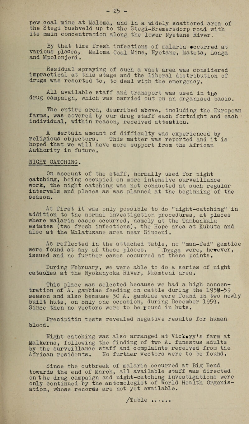 - 25 - new coal mine at Maloma, and in a widely scattered area of the Stegi bushveld up to the Stegi-Bremersdorp road with its main concentration along the lower Nyetane Rivero By that time fresh infections of malaria «ccurred at various places, Maloma Coal Mine, Nyetane, Mateta, Langa and Mpolonjeni. Residual spraying of such a vast area was considered impractical at this stage and the liberal distribution of drugs was resorted to, to deal with the emergency. All available staff and transport was used in the drug campaign, which was carried out on an organised basis. The entire area, described above, including the European farms, was covered by our drug staff each fortnight and each ' individual, within reason, received attention. A Certain amount of difficulty was experienced by religious objectors. This matter was reported and it is hoped that we will have more support from the African Authority in future. NIGHT CATCHING. On account of the staff, normally used for night catching, being occupied on more intensive surveillance work, the night catching was not conducted at such regular intervals and places as was planned at the beginning of the season. At first it was only possible to do Mnight-catching in addition to the normal investigation procedures, at places where malaria cases occurred, namely at the Tambankulu estates (two fresh infections), the Hope area at Kubuta and also at the Mhlatuzane area near Sinceni. As reflected in the attached table, no nman-fed” gambiae were found at any of these places. -Drugs were, however, issued and no further cases occurred at these points. During Fbbruary, we were able to do a series of night cataohes at the Nyokanyoka River, Nkambeni area. This place was selected because we had a high concen¬ tration of A. gambiae feeding on cattle during the 1950-59 season and also because 30 A. gambiae were found in two newly built huts, on only one occasion, during December 1959* Since then no vectors were to be round in huts. Precipitin tests revealed negative results for human blood. Night catching was also arranged at Vici*ryfs farm at Malkerns, following the finding of two A. funestus adults by the surveillance staff and complaints received from the African residents. No further vectors were to be found. Since the outbreak of malaria occurred at Big Bend towards the end of March, all available staff was directed on the drug campaign and night-catching investigations were only continued by the entomologist of World Health Organis¬ ation, whose records are not yet available. /Table ......