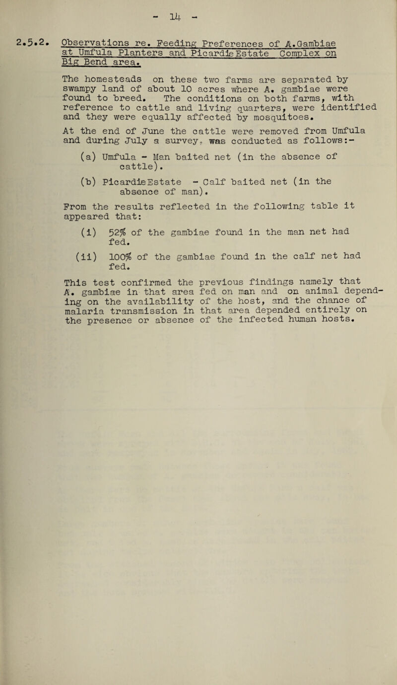 14 2«5*2. Observations re. Feeding Preferences of A.Gambiae at Umfula Planters and Picardie Estate Complex on Big Bend area, - ~ -. The homesteads on these two farms are separated by swampy land of about 10 acres where A* gambiae were found to breed. The conditions on both farms, with reference to cattle and living quarters, were identified and they were equally affected by mosquitoes. At the end of June the cattle were removed from Umfula and during July a survey, was conducted as follows (a) Umfula - Man baited net (in the absence of cattle). (b) PicardieEstate - Calf baited net (in the absence of man) • Prom the results reflected in the following table it appeared that: (i) 52$ of the gambiae found in the man net had fed. (ii) 100$ of the gambiae found in the calf net had fed. This test confirmed the previous findings namely that A. gambiae in that area fed on man and on animal depend¬ ing on the availability of the host, and the chance of malaria transmission in that area depended entirely on the presence or absence of the infected human hosts.