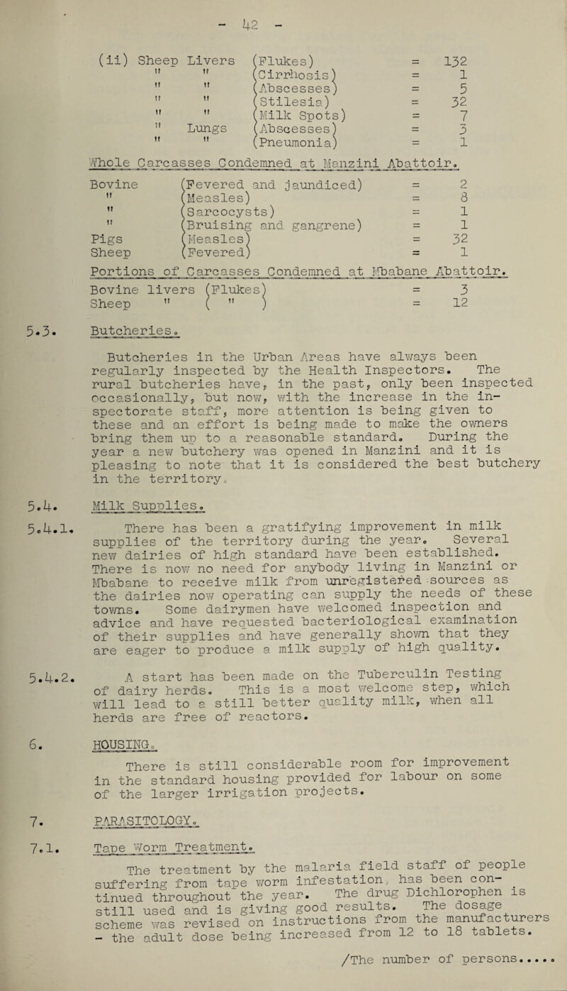 42 (ii) Sheep Livers ( [Flukes) = 132 ??  ( [Cirrhosis) = 1 it it | [Abscesses) = 5 it it / [Stilesia) = 32 it ii | .Milk Spots) = 7 ?» Lungs i (Abscesses) = 3 it M (Pneumonia) = 1 Whole Carcasses Condemned at Manzini Abattoir. Bovine (Fevered and jaundiced) = 2 »i (Measles) = 8 ii (Sarcocysts) = 1 t? (Bruising and gangrene) = 1 Pigs (Measles) = 32 Sheep (Fevered) = 1 Portions of Carcasses Condemned at Mbabane Abattoir^ Bovine livers (Flukes) = 3 Sheep  ( 11 ) =12 5.3. Butcheries o Butcheries in the Urban Areas have always been regularly inspected by the Health Inspectors, The rural butcheries have, in the past, only been inspected occasionally, but now, with the increase in the in¬ spectorate staff, more attention is being given to these and an effort is being made to make the owners bring them up to a reasonable standard. During the year a new butchery was opened in Manzini and it is pleasing to note that it is considered the best butchery in the territory. 5.4. Milk 5,4.1, There has been a gratifying improvement in milk supplies of the territory during the year. Several new dairies of high standard have been established. There is now no need for anybody living in Manzini or Mbabane to receive milk from unregistered -sources as the dairies now operating can supply the needs of these towns. Some dairymen have welcomed inspection and advice and have requested bacteriological examination of their supplies and have generally shown that.they are eager to produce a milk supply of high quality. 5.4.2. A start has been made on the Tuberculin Testing of dairy herds. This is a most welcome step, which will lead to a still better quality milk, when all herds are free of reactors. 6. 7. 7.1. HOUSINGo There is still considerable room for improvement in the standard housing provided for labour on some of the larger irrigation projects. PARASITOLOGY. Tape Worm Treatment, The treatment by the malaria field staff of people suffering from tape worm infestation * has been con— . tinued throughout the year. The drug Dichlorophen is still used and is giving good results. The dosage scheme was revised on instructions mom the manufacturers - the adult dose being increased from 12 to 18 tablets. /The number of persons