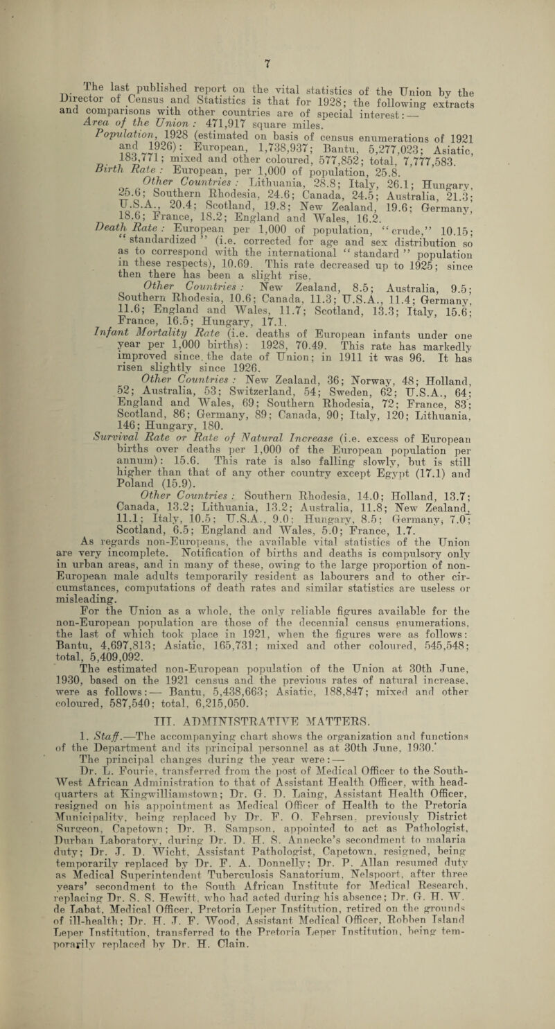 The last published report on the vital statistics of the Union by the Director of Census and Statistics is that for 1928; the following extracts and comparisons with other countries are of special interest:_ Area of the Union : 471,917 square miles. Population, 1928 (estimated on basis of census enumerations of 1921 European, 1,738,937; Bantu, 5,277,023; Asiatic, D. loo,771; mixed and other coloured, 577,852; total, 7,777,583. Birth Rate : European, per 1,000 of population, 25.8. Other Countries: Lithuania, 28.8; Italy, 26.1; Hungary, Southern Rhodesia, 24.6; Canada, 24.5; Australia, 21.3; 20.4; Scotland, 19.8; New Zealand, 19.6; Germany 18.6; France, 18.2; England and Wales, 16.2. Death Rate : European per 1,000 of population, “crude,” 10.15; “standardized” (i.e. corrected for age and sex distribution so as to correspond with the international “standard” population m these respects), 10.69. This rate decreased up to 1925; since then there has been a slig’ht rise. Other Countries: Hew Zealand, 8.5; Australia, 9.5- Southern Rhodesia, 10.6; Canada, 11.3; U.S.A., 11.4; Germany, 11.6; England and Wales, 11.7; Scotland, 13.3; Italy, 15.6; France, 16.5; Hungary, 17.1. Infant Mortality Rate (i.e. deaths of European infants under one year per 1,000 births): 1928, 70.49. This rate has markedly improved since, the date of Union; in 1911 it was 96. It has risen slightly since 1926. Other Countries: New Zealand, 36; Norway, 48; Holland, 52; Australia, 53; Switzerland, 54; Sweden, 62; U.S.A., 64; England and Wales, 69; Southern Rhodesia, 72; France, 83; Scotland, 86; Germany, 89; Canada, 90; Italy, 120; Lithuania, 146; Hungary, 180. Survival Rate or Rate of Natural Increase (i.e. excess of European births over deaths per 1,000 of the European population per annum): 15.6. This rate is also falling slowly, but is still higher than that of any other country except Egypt (17.1) and Poland (15.9). Other Countries : Southern Rhodesia, 14.0; Holland, 13.7; Canada, 13.2; Lithuania, 13.2; Australia, 11.8; New Zealand^ 11.1; Italy, 10.5; U.S.A., 9.0; Hungary, 8.5; Germany, 7.0; Scotland, 6.5; England and Wales, 5.0; France, 1.7. As regards non-Europeans, the available vital statistics of the Union are very incomplete. Notification of births and deaths is compulsory only in urban areas, and in many of these, owing to the large proportion of non- European male adults temporarily resident as labourers and to other cir¬ cumstances, computations of death rates and similar statistics are useless or misleading. For the Union as a whole, the only reliable figures available for the non-European population are those of the decennial census enumerations, the last of which took place in 1921, when the figures were as follows: Bantu, 4,697,813; Asiatic, 165,731; mixed and other coloured, 545,548; total, 5,409,092. The estimated non-European population of the Union at 30th Tune, 1930, based on the 1921 census and the previous rates of natural increase, were as follows:— Bantu, 5,438,663; Asiatic, 188,847; mixed and other coloured, 587,540; total, 6,215,050. III. ADMINISTRATIVE MATTERS. 1. Staff.—The accompanying chart shows the organization and functions of the Department and its principal personnel as at 30th June, 1930/ The principal changes during the year were: — Dr. L. Fourie, transferred from the post of Medical Officer to the South- West African Administration to that of Assistant Health Officer, with head¬ quarters at Kingwilliamstown; Dr. G. D. Laing, Assistant Health Officer, resigned on his appointment as Medical Officer of Health to the Pretoria Municipality, being replaced by Dr. F. O. Fehrsen. previously District Surgeon, Capetown; Dr. B. Sampson, appointed to act as Pathologist, Durban Laboratory, during Dr. D. H. S. Annecke’s secondment to malaria duty; Dr. J. D. Wicht, Assistant Pathologist, Capetown, resigned, being temporarily replaced by Dr. F. A. Donnelly; Dr. P. Allan resumed duty as Medical Superintendent Tuberculosis Sanatorium, Nelspoort, after three years’ secondment to the South African Institute for Medical Research, replacing Dr. S. S. Hewitt, who had acted during his absence; Dr. G. H. W. de Labat, Medical Officer, Pretoria Leper Institution, retired on the grounds of ill-health; Dr. H. J. F. Wood, Assistant Medical Officer, Rohben Island Leper Institution, transferred to the Pretoria Leper Institution, being tem¬ porarily replacer! by Dr. H. Clain.