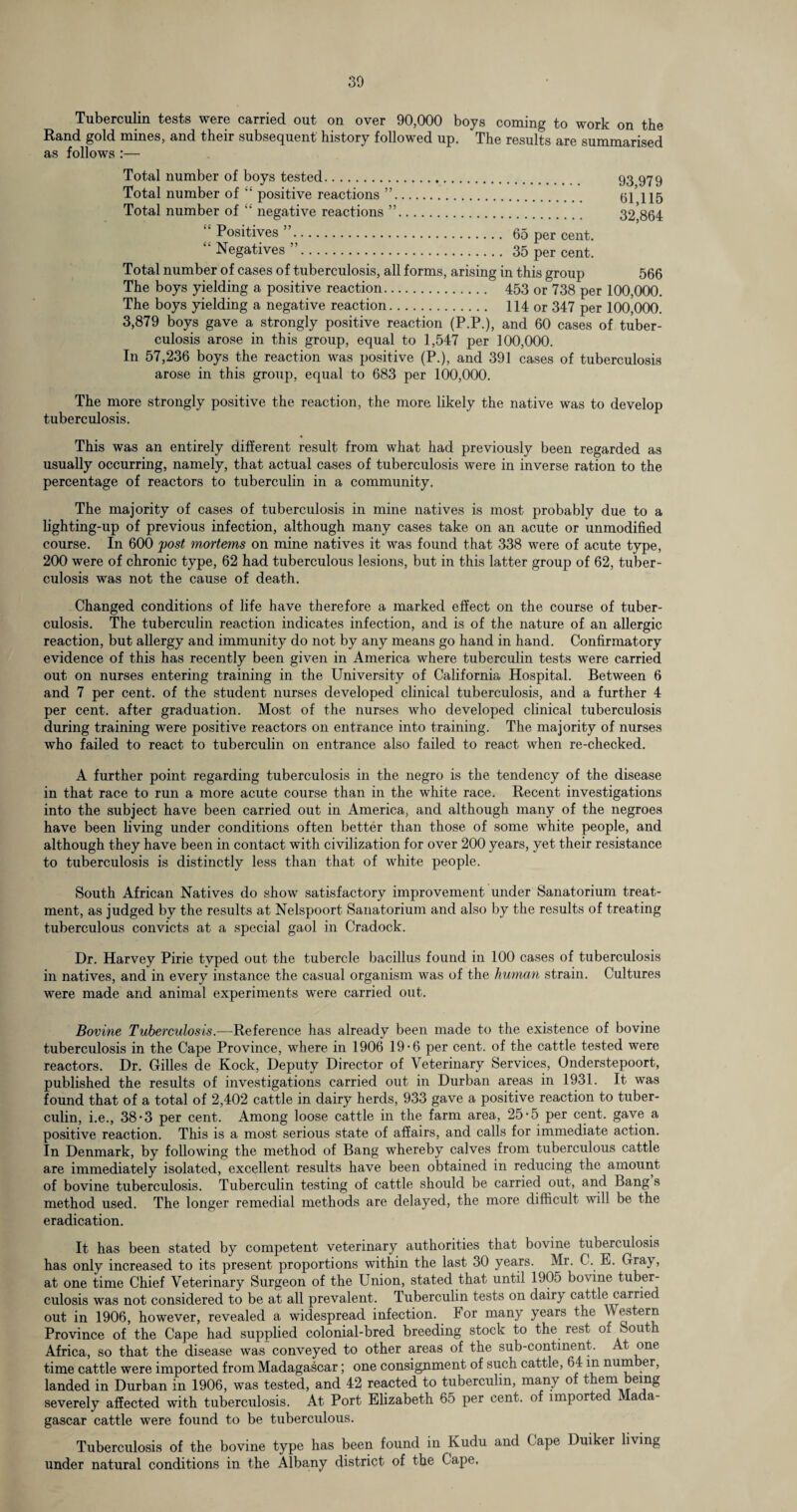 Tuberculin tests were carried out on over 90,000 boys coming to work on the Rand gold mines, and their subsequent history followed up. The results are summarised as follows :— Total number of boys tested. 93 979 Total number of “ positive reactions ”. 6l'115 Total number of “ negative reactions ”. 32*864 “ Positives ”. 65 per cent. “ Negatives ”. 35 per cent. Total number of cases of tuberculosis, all forms, arising in this group 566 The boys yielding a positive reaction. 453 or 738 per 100,000. The boys yielding a negative reaction. 114 or 347 per 100,000. 3,879 boys gave a strongly positive reaction (P.P.), and 60 cases of tuber¬ culosis arose in this group, equal to 1,547 per 100,000. In 57,236 boys the reaction was positive (P.), and 391 cases of tuberculosis arose in this group, equal to 683 per 100,000. The more strongly positive the reaction, the more likely the native was to develop tuberculosis. This was an entirely different result from what had previously been regarded as usually occurring, namely, that actual cases of tuberculosis were in inverse ration to the percentage of reactors to tuberculin in a community. The majority of cases of tuberculosis in mine natives is most probably due to a lighting-up of previous infection, although many cases take on an acute or unmodified course. In 600 post mortems on mine natives it was found that 338 were of acute type, 200 were of chronic type, 62 had tuberculous lesions, but in this latter group of 62, tuber¬ culosis was not the cause of death. Changed conditions of life have therefore a marked effect on the course of tuber¬ culosis. The tuberculin reaction indicates infection, and is of the nature of an allergic reaction, but allergy and immunity do not by any means go hand in hand. Confirmatory evidence of this has recently been given in America where tuberculin tests were carried out on nurses entering training in the University of California Hospital. Between 6 and 7 per cent, of the student nurses developed clinical tuberculosis, and a further 4 per cent, after graduation. Most of the nurses who developed clinical tuberculosis during training were positive reactors on entrance into training. The majority of nurses who failed to react to tuberculin on entrance also failed to react when re-checked. A further point regarding tuberculosis in the negro is the tendency of the disease in that race to run a more acute course than in the white race. Recent investigations into the subject have been carried out in America, and although many of the negroes have been living under conditions often better than those of some white people, and although they have been in contact with civilization for over 200 years, yet their resistance to tuberculosis is distinctly less than that of white people. South African Natives do show satisfactory improvement under Sanatorium treat¬ ment, as judged by the results at Nelspoort Sanatorium and also by the results of treating tuberculous convicts at a special gaol in Cradock. Dr. Harvey Pirie typed out the tubercle bacillus found in 100 cases of tuberculosis in natives, and in every instance the casual organism was of the human strain. Cultures were made and animal experiments were carried out. Bovine Tuberculosis.—-Reference has already been made to the existence of bovine tuberculosis in the Cape Province, where in 1906 19*6 per cent, of the cattle tested were reactors. Dr. Gilles de Kock, Deputy Director of Veterinary Services, Onderstepoort, published the results of investigations carried out in Durban areas in 1931. It was found that of a total of 2,402 cattle in dairy herds, 933 gave a positive reaction to tuber¬ culin, i.e., 38 3 per cent. Among loose cattle in the farm area, 25-5 per cent, gave a positive reaction. This is a most serious state of affairs, and calls for immediate action. In Denmark, by following the method of Bang whereby calves from tuberculous cattle are immediately isolated, excellent results have been obtained in reducing the amount of bovine tuberculosis. Tuberculin testing of cattle should be carried out, and Bang s method used. The longer remedial methods are delayed, the more difficult will be the eradication. It has been stated by competent veterinary authorities that bovine tuberculosis has only increased to its present proportions within the last 30 years. Mi. C. E. Gray, at one time Chief Veterinary Surgeon of the Union, stated that until 1905 bovine tuber¬ culosis was not considered to be at all prevalent. Tuberculin tests on dairy cattle carried out in 1906, however, revealed a widespread infection. For many years the \\estern Province of the Cape had supplied colonial-bred breeding stock to the rest oi South Africa, so that the disease was conveyed to other areas of the sub-continent. t one time cattle were imported from Madagascar; one consignment of such cattle, 64 in num er, landed in Durban in 1906, was tested, and 42 reacted to tuberculin, many of them being severely affected with tuberculosis. At Port Elizabeth 65 per cent, of imported Ma a- gascar cattle were found to be tuberculous. Tuberculosis of the bovine type has been found in Kudu and ( ape Duiker living under natural conditions in the Albany district of the Cape.