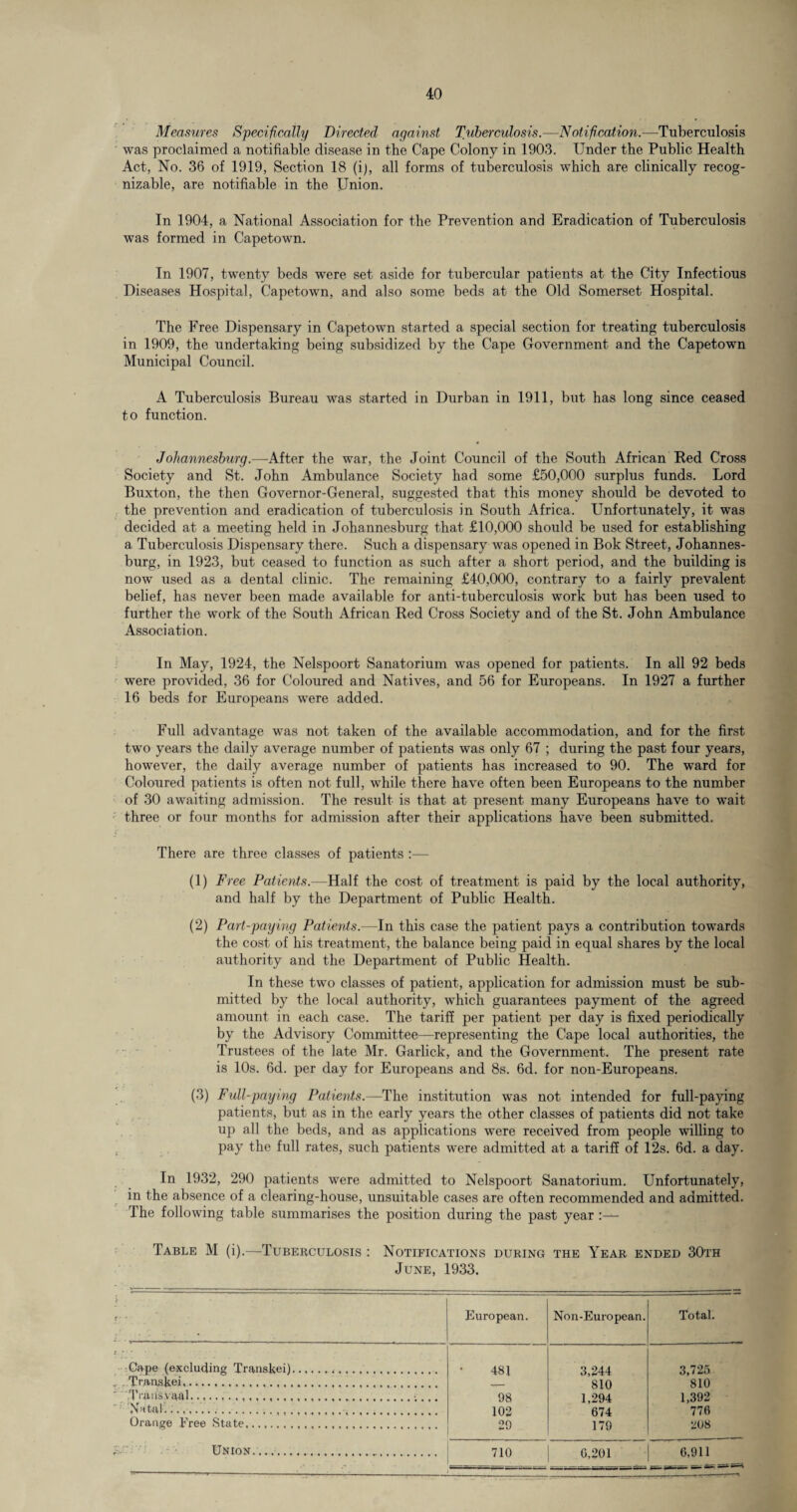 Measures Specifically Directed against Tuberculosis.—Notification.—Tuberculosis was proclaimed a notifiable disease in the Cape Colony in 1903. Under the Public Health Act, No. 36 of 1919, Section 18 (i), all forms of tuberculosis which are clinically recog¬ nizable, are notifiable in the Union. In 1904, a National Association for the Prevention and Eradication of Tuberculosis was formed in Capetown. In 1907, twenty beds were set aside for tubercular patients at the City Infectious Diseases Hospital, Capetown, and also some beds at the Old Somerset Hospital. The Free Dispensary in Capetown started a special section for treating tuberculosis in 1909, the undertaking being subsidized by the Cape Government and the Capetown Municipal Council. A Tuberculosis Bureau was started in Durban in 1911, but has long since ceased to function. Johannesburg.—After the war, the Joint Council of the South African Red Cross Society and St. John Ambulance Society had some £50,000 surplus funds. Lord Buxton, the then Governor-General, suggested that this money should be devoted to the prevention and eradication of tuberculosis in South Africa. Unfortunately, it was decided at a meeting held in Johannesburg that £10,000 should be used for establishing a Tuberculosis Dispensary there. Such a dispensary was opened in Bok Street, Johannes¬ burg, in 1923, but ceased to function as such after a short period, and the building is now used as a dental clinic. The remaining £40,000, contrary to a fairly prevalent belief, has never been made available for anti-tuberculosis work but has been used to further the work of the South African Red Cross Society and of the St. John Ambulance Association. In May, 1924, the Nelspoort Sanatorium was opened for patients. In all 92 beds were provided, 36 for Coloured and Natives, and 56 for Europeans. In 1927 a further 16 beds for Europeans were added. Full advantage was not taken of the available accommodation, and for the first- two years the daily average number of patients was only 67 ; during the past four years, however, the daily average number of patients has increased to 90. The ward for Coloured patients is often not full, while there have often been Europeans to the number of 30 awaiting admission. The result is that at present many Europeans have to wait three or four months for admission after their applications have been submitted. There are three classes of patients :— (1) Free Patients.—Half the cost of treatment is paid by the local authority, and half by the Department of Public Health. (2) Part-paying Patients.—In this case the patient pays a contribution towards the cost of his treatment, the balance being paid in equal shares by the local authority and the Department of Public Health. In these two classes of patient, application for admission must be sub¬ mitted by the local authority, which guarantees payment of the agreed amount in each case. The tariff per patient per day is fixed periodically by the Advisory Committee—representing the Cape local authorities, the Trustees of the late Mr. Garlick, and the Government. The present rate is 10s. 6d. per day for Europeans and 8s. 6d. for non-Europeans. (3) Full-paying Patients.—The institution was not intended for full-paying patients, but as in the early years the other classes of patients did not take up all the beds, and as applications were received from people willing to pay the full rates, such patients were admitted at a tariff of 12s. 6d. a day. In 1932, 290 patients were admitted to Nelspoort Sanatorium. Unfortunately, in the absence of a clearing-house, unsuitable cases are often recommended and admitted. The following table summarises the position during the past year Table M (i).—-Tuberculosis : Notifications during the Year ended 30th June, 1933. r' • European. Non-European. Total. £ ' * Cape (excluding Transkei). 481 3,244 3,725 T .Transkei. _— 810 810 ■ Transvaal........... 98 1,294 1,392 Natal.;..... 102 674 776 Orange Free State.. °9 179 208 £. Union. 710 6,201 6,911