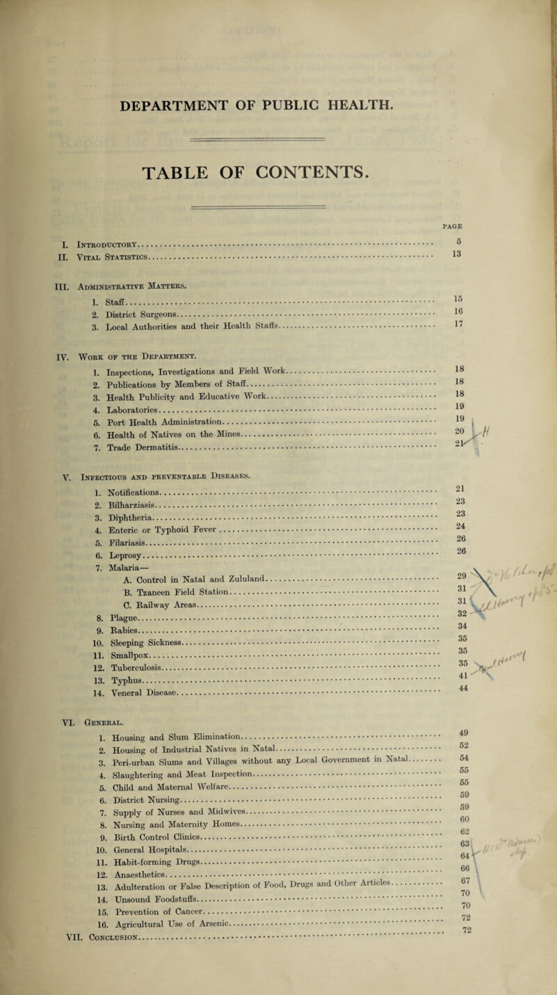 DEPARTMENT OF PUBLIC HEALTH TABLE OF CONTENTS. PAGE I. Introductory. 5 II. Vital Statistics. ^ III. Administrative Matters. 1. Staff. 15 2. District Surgeons. 3. Local Authorities and their Health Staffs. IV. Work op the Department. 1. Inspections, Investigations and Field Work 2. Publications by Members of Staff. 3. Health Publicity and Educative Work. 4. Laboratories. 5. Port Health Administration. 6. Health of Natives on the Mines. 7. Trade Dermatitis. 18 18 18 19 19 ! 20 21 V. Infectious and preventable Diseases. 1. Notifications. 2. Bilharziasis. 3. Diphtheria. 4. Enteric or Typhoid Fever. 5. Filariasis. 6. Leprosy. 7. Malaria— A. Control in Natal and Zululand B. Tzaneen Field Station. C. Railway Areas. 8. Plague. 9. Rabies. 10. Sleeping Sickness. 11. Smallpox. 12. Tuberculosis. 13. Typhus. 14. Veneral Disease. 21 23 23 24 26 26 36 35 35 41 44 7 VI. General. 1. Housing and Slum Elimination. 2. Housing of Industrial Natives in Natal. 3. Peri-urban Slums and Villages without any Local Government in Natal 4. Slaughtering and Meat Inspection. 5. Child and Maternal Welfare. 6. District Nursing. 7. Supply of Nurses and Midwives. 8. Nursing and Maternity Homes. 9. Birth Control Clinics.. 10. General Hospitals. 11. Habit-forming Drugs. 12. Anaesthetics. 13. Adulteration or False Description of Food, Drugs and Other Articles 14. Unsound Foodstuffs. 15. Prevention of Cancer. 16. Agricultural Use of Arsenic. VII. Conclusion. 49 52 54 55 65 59 59 60 62 63 64 * 66 67 70 70 72 72