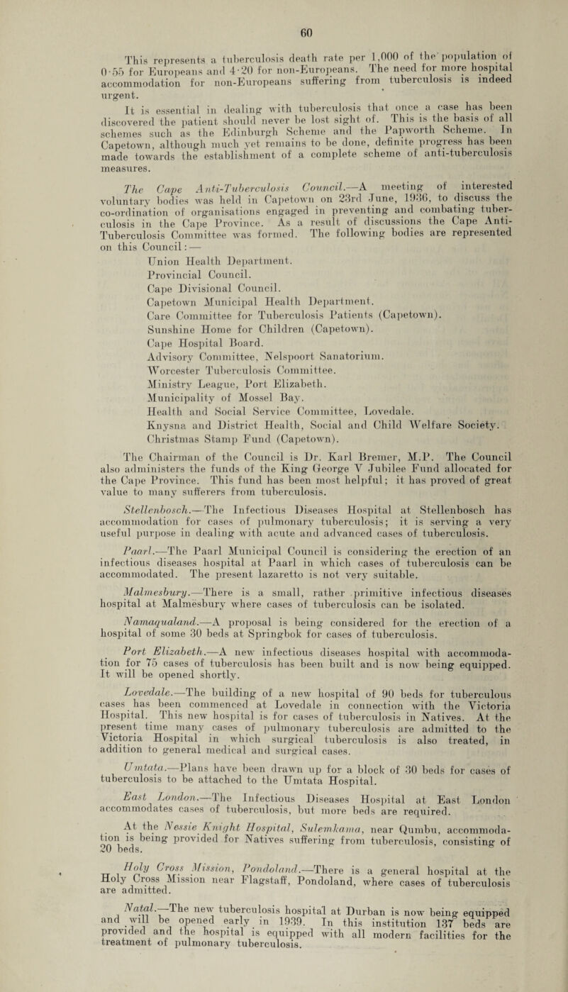 4 This represents a tuberculosis death rate per 1,000 of the'population of 0-55 for Europeans and 4-20 for non-Europeans. The need for more hospital accommodation for non-Europeans suffering from tuberculosis is indeed urgent. It is essential m dealing with tuberculosis that once, a < use has been discovered the patient should never be lost sight of. This is the basis of all schemes such as the Edinburgh Scheme and the Papworth Scheme. In Capetown, although much yet remains to be done, definite piogiess has been made towards the establishment of a complete scheme of anti-tuberculosis measures. The Cape Anti-Tuberculosis Council.—A meeting of interested voluntary bodies was held in Capetown on 23rd June, 19o(), to discuss the co-ordination of organisations engaged in preventing and combating tuber¬ culosis in the Cape Province. As a result of discussions the Cape Anti- Tuberculosis Committee was formed. The following bodies are represented on this Council: — Union Health Department. Provincial Council. Cape Divisional Council. Capetown Municipal Health Department. Care Committee for Tuberculosis Patients (Capetown). Sunshine Home for Children (Capetown). Cape Hospital Board. Advisory Committee, Nelspoort Sanatorium. Worcester Tuberculosis Committee. Ministry League, Port Elizabeth. Municipality of Mossel Bay. Health and Social Service Committee, Lovedale. Ivnysna and District Health, Social and Child Welfare Society. Christmas Stamp Fund (Capetown). The Chairman of the Council is Dr. Karl Bremer, M.P. The Council also administers the funds of the King George Y Jubilee Fund allocated for the Cape Province. This fund lias been most helpful; it has proved of great value to many sufferers from tuberculosis. Stellenbosch.—The Infectious Diseases Hospital at Stellenbosch has accommodation for cases of pulmonary tuberculosis; it is serving a very useful purpose in dealing with acute and advanced cases of tuberculosis. Paarl.—The Paarl Municipal Council is considering the erection of an infectious diseases hospital at Paarl in which cases of tuberculosis can be accommodated. The present lazaretto is not very suitable. Mai mesbury.—There is a small, rather primitive infectious diseases hospital at Malmesbury where cases of tuberculosis can be isolated. Namaqualand.—A proposal is being considered for the erection of a hospital of some 30 beds at Springbok for cases of tuberculosis. Port Elizabeth.—A new infectious diseases hospital with accommoda¬ tion for 75 cases of tuberculosis has been built and is now being equipped. It will be opened shortly. Lovedale.—The building of a new hospital of 90 beds for tuberculous cases has been commenced at Lovedale in connection with the Victoria Hospital. This new hospital is for cases of tuberculosis in Natives. At the present time many cases of pulmonary tuberculosis are admitted to the Victoria Hospital in which surgical tuberculosis is also treated, in addition to general medical and surgical cases. Umtata. Plans have been drawn up for a block of 30 beds for cases of tuberculosis to be attached to the Umtata Hospital. Last London. The Infectious Diseases Hospital at East London accommodates cases of tuberculosis, but more beds are required. At the Nessie Knight Hospital, Sulemkama, near Qumbu, accommoda- Jj?1* lf: 'emg provided for Natives suffering from tuberculosis, consisting of 20 beds. Holy Mission, Pondoland.—There is a general hospital at the Holy Cross Mission near Flagstaff, Pondoland, where cases of tuberculosis are admitted. Natal.- The new tuberculosis hospital at Durban is now being equipped and will be opened early in 1939. In this institution 137 beds are provided and ihe hospital is equipped with all modern facilities for the treatment of pulmonary tuberculosis.