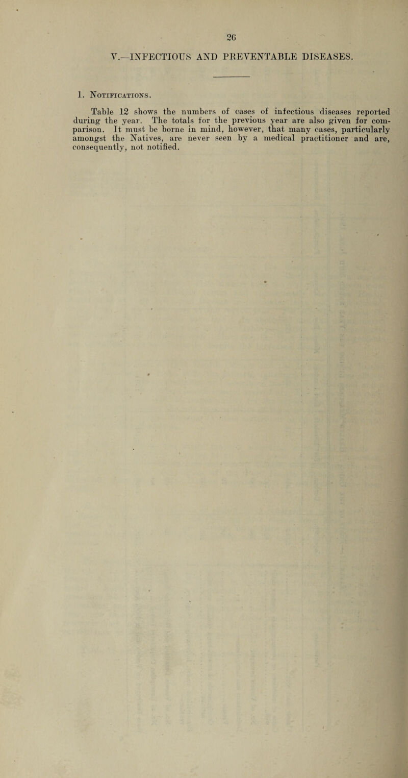 V.—INFECTIOUS AND PREVENTABLE DISEASES. 1. Notifications. Table 12 shows the numbers of cases of infectious diseases reported during the year. The totals for the previous year are also given for com¬ parison. It must be borne in mind, however, that many cases, particularly amongst the Natives, are never seen by a medical practitioner and are, consequently, not notified.