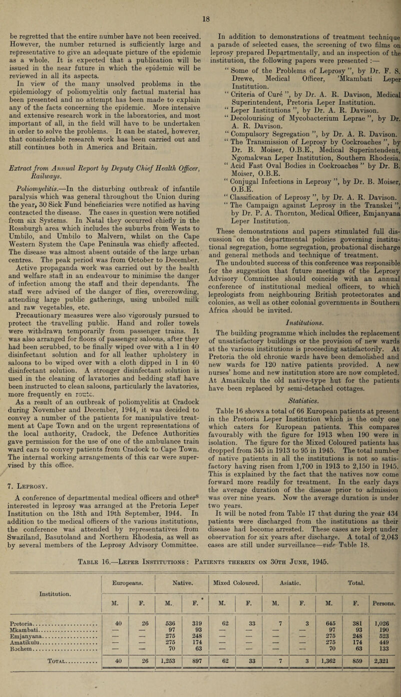 be regretted that the entire number have not been received. However, the number returned is sufficiently large and representative to give an adequate picture of the epidemic as a whole. It is expected that a publication will be issued in the near future in which the epidemic will be reviewed in all its aspects. In view of the many unsolved problems in the epidemiology of poliomyelitis only factual material has been presented and no attempt has been made to explain any of the facts concerning the epidemic. More intensive and extensive research work in the laboratories, and most important of all, in the field will have to be undertaken in order to solve the problems. It can be stated, however, that considerable research work has been carried out and still continues both in America and Britain. Extract from Annual Report by Deputy Chief Health Officer, Railways. Poliomyelitis.—In the disturbing outbreak of infantile paralysis which was general throughout the Union during the year, 30 Sick Fund beneficiaries were notified as having contracted the disease. The cases in question were notified from six Systems. In Natal they occurred chiefly in the Rossburgh area which includes the suburbs from Wests to Umbilo, and Umbilo to Malvern, whilst on the Cape Western System the Cape Peninsula was chiefly affected. The disease was almost absent outside of the large urban centres. The peak period was from October to December. Active propaganda work was carried out by the health and welfare staff in an endeavour to minimise the danger of infection among the staff and their dependants. The staff were advised of the danger of flies, overcrowding, attending large public gatherings, using unboiled milk and raw vegetables, etc. Precautionary measures were also vigorously pursued to protect the travelling public. Hand and roller towels were withdrawn temporarily from passenger trains. It was also arranged for floors of passenger saloons, after they had been scrubbed, to be finally wiped over with a 1 in 40 disinfectant solution and for all leather upholstery in saloons to be wiped over with a cloth dipped in 1 in 40 disinfectant solution. A stronger disinfectant solution is used in the cleaning of lavatories and bedding staff have been instructed to clean saloons, particularly the lavatories, more frequently en route. As a result of an outbreak of poliomyelitis at Cradock during November and December, 1944, it was decided to convey a number of the patients for manipulative treat¬ ment at Cape Town and on the urgent representations of the local authority, Cradock, the Defence Authorities gave permission for the use of one of the ambulance train ward cars to convey patients from Cradock to Cape Town. The internal working arrangements of this car were super¬ vised by this office. 7. Leprosy. A conference of departmental medical officers and others interested in leprosy was arranged at the Pretoria Leper Institution on the 18th and 19th September, 1944. In addition to the medical officers of the various institutions, the conference was attended by representatives from Swaziland, Basutoland and Northern Rhodesia, as well as by several members of the Leprosy Advisory Committee. In addition to demonstrations of treatment technique a parade of selected cases, the screening of two films on leprosy prepared Departmentally, and an inspection of the institution, the following papers were presented :— “Some of the Problems of Leprosy”, by Dr. F. 8. Drewe, Medical Officer, ’Mkambati Leper Institution. “ Criteria of Cure ”, by Dr. A. R. Davison, Medical Superintendent, Pretoria Leper Institution. “ Leper Institutions ”, by Dr. A. R. Davison. “ Decolourising of Mycobacterium Leprae ”, by Dr. A. R. Davison. “ Compulsory Segregation ”, by Dr. A. R. Davison. “ The Transmission of Leprosy by Cockroaches ”, by Dr. B. Moiser, O.B.E., Medical Superintendent, Ngomakwan Leper Institution, Southern Rhodesia. “ Acid Fast Oval Bodies in Cockroaches ” by Dr. B. Moiser, O.B.E. “ Conjugal Infections in Leprosy ”, by Dr. B. Moiser, O.B.E. “ Classification of Leprosy ”, by Dr. A. R. Davison. “ The Campaign against Leprosy in the Transkei ”, by Dr. P. A. Thornton, Medical Officer, Emjanyana Leper Institution. These demonstrations and papers stimulated full dis¬ cussion on the departmental policies governing institu¬ tional segregation, home segregation, probational discharge and general methods and technique of treatment. The undoubted success of this conference was responsible for the suggestion that future meetings of the Leprosy Advisory Committee should coincide with an annual conference of institutional medical officers, to which leprologists from neighbouring British protectorates and colonies, as well as other colonial governments in Southern Africa should be invited. Institutions. The building programme which includes the replacement of unsatisfactory buildings or the provision of new wards at the various institutions is proceeding satisfactorily. At Pretoria the old chronic wards have been demolished and new wards for 120 native patients provided. A new nurses’ home and new institution store are now completed. At Amatikulu the old native-type hut for the patients have been replaced by semi-detached cottages. Statistics. Table 16 shows a total of 66 European patients at present in the Pretoria Leper Institution which is the only one which caters for European patients. This compares favourably with the figure for 1913 when 190 were in isolation. The figure for the Mixed Coloured patients has dropped from 345 in 1913 to 95 in 1945. The total number of native patients in all the institutions is not so satis¬ factory having risen from 1,700 in 1913 to 2,150 in 1945. This is explained by the fact that the natives now come forward more readily for treatment. In the early days the average duration of the disease prior to admission was over nine years. Now the average duration is under two years. It will be noted from Table 17 that during the year 434 patients were discharged from the institutions as their disease had become arrested. These cases are kept under observation for six years after discharge. A total of 2,043 cases are still under surveillance—vide Table 18. Table 16.—Leper Institutions : Patients therein on 30th June, 1945. Institution. Europeans. Native. Mixed Coloured. Asiatic. Total. M. F. M. F. * M. F. M. F. M. F. Persons. Pretoria. 40 26 636 319 62 33 7 3 645 381 1,026 Mkambati. — — 97 93 — — — — 97 93 190 Emjanyana. — — 275 248 — — — — 275 248 523 Amatikulu. — — 275 174 — — — — 275 174 449 Bochem. . - — 70 63 — — — 70 63 133 —---