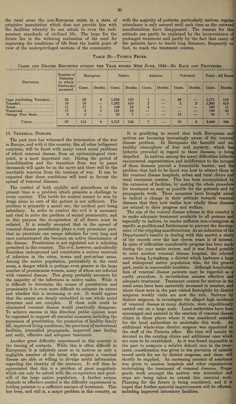 the rural areas the non-European exists in a state of primitive insanitation which does not provide him with the facilities whereby he can attain to even the rudi¬ mentary standards of civilized life. The hope for the future lies in the widening realization of the need for improving the conditions of life from the health point of view of the underprivileged sections of the community. with the majority of patients, particularly natives, regular attendance is only assured until such time as the outward manifestations have disappeared. The reasons for this attitude can partly be explained by the inconvenience of prolonged treatment and partly by the fact that many of the patients have to travel long distances, frequently on foot, to reach the treatment centres. Table 29.—Typhus Fever. Cases and Deaths Reported during the Year ended 30th June, 1945—By Race and Provinces. Province. Number of Districts in which Outbreaks occurred. European. Native. Asiatics. Coloured. Total—All Races Cases. Deaths. Cases. Deaths. Cases. Deaths. Cases. Deaths. Cases. Deaths. Cape (excluding Transkei)... 32 69 6 1,053 110 1 __ 48 _ 1,171 116 Transkei. 19 16 — 1,282 410 2 — 2 2 1,302 412 Natal.’... 11 17 1 159 10 4 — — — 180 11 Transvaal. 17 9 1 181 19 — — — — 190 20 Orange Free State. 8 2 — 52 7 — — 12 — 66 • 7 Union. 87 113 8 2,747 556 7 — 62 2 2,909 566 15. Venereal Disease. The past year has witnessed the termination of the war in Europe, and with it this country, like all other belligerent countries, will be faced with many vexed social problems of which venereal disease, from an epidemiological view¬ point, is a most important one. During the period of demobilisation and the transition from war to peace thousands will again be on the move and there will be the inevitable reaction from the tensions of war. It can be expected that these conditions will tend to favour the spread of venereal diseases. The control of both syphilis and gonorrhoea at the present time is a problem which presents a challenge to every country. This battle for control cannot be won by drugs alone as cure of the patient is not sufficient. The problem is primarily a moral one, the medical part being subsidiary. In order to combat the evil it is necessary and vital to solve the problem of sexual promiscuity, and to this purpose the co-operation of all forces must be enlisted. It is usually accepted that in the spread of venereal disease prostitution plays a very prominent part, that no prostitute can escape infection for very long and once contaminated she becomes an active disseminator of the disease. Prostitution is not regulated nor is soliciting permitted in this country. The evil, however, undoubtedly flourishes underground and constitutes a serious reservoir of infection in the cities, towns and peri-urban areas. Among the native population, particularly in the rural areas, a danger which is perhaps even greater is the large number of promiscuous women, many of whom are infected with venereal disease. This group probably accounts for the majority of the infections in native males. While it is difficult to determine the causes of prostitution and promiscuity it is even more difficult to estimate its extent and whether this is increasing or not. It would appear that the causes are deeply embedded in our whole social structure and are complex. If these evils could be eliminated venereal disease would practically disappear. To achieve success in this direction public opinion must be organised to support all essential measures including the repression of prostitution, the promotion of healthy family life, improved living conditions, the provision of recreational facilities, intensified propaganda, improved case finding and early, effective and adequate treatment. Another great difficulty experienced in this country is the tracing of contacts. While this is often difficult in Europeans, it is infinitely more so in natives as only a negligible number of the latter who acquire a venereal disease are able or willing to divulge useful information regarding the identity of the contacts. It will thus be appreciated that this is a problem of great magnitude which can only be solved with the co-operation and good¬ will of the large native population. A further serious obstacle to effective control is the difficulty experienced in holding patients to a sufficient amount of treatment. This has been, and still is, a major problem in this country, as It is gratifying to record that both Europeans and natives are becoming increasingly aware of the venereal disease problem. In Europeans the harmful and un¬ healthy atmosphere of fear and mystery, which has hitherto prevailed in regard to these diseases, is being dispelled. In natives, among the many difficulties hitherto encountered, superstitution and indifference to the ravages of these diseases proved a formidable barrier, and the problem that had to be faced was how to attract them to the venereal disease hospitals, urban and rural clinics and rural treatment centres. This has been accomplished by the extension of facilities, by making the whole procedure for treatment as easy as possible for the patients and by propaganda work. These measures have brought about so radical a change in their attitude towards venereal diseases that they now realise how vitally these diseases are related to their progress and welfare. The aim of the veneral disease scheme in this country is to make adequate treatment available to all persons and especially to natives, to render sufferers non-contagious as rapidly as posfible and furthermore to prevent the develop¬ ment of the crippling manifestations. As an indication of the Department’s resolve in dealing with this matter a study of the records over the last eleven years is of interest. In spite of difficulties considerable progress has been made during the year under review, and it was found possible to erect another venereal disease hospital, the selected centre being Lydenburg, a district which harbours a large and widespread native population who, for the greater part, reside in inaccessible localities. Although hospitalisa¬ tion of venereal disease patients may be regarded as a costly procedure, it nevertheless assures effective and adequate treatment. Treatment centres for natives in the rural areas have been materially increased in number, and where these were in the past visited fortnightly by district surgeons weekly visits are now the rule. Surveys by district surgeons, to investigate the alleged high incidence of venereal disease in many districts, were expeditiously carried out on a large scale. Local authorities have been encouraged and assisted in the erection of venereal disease clinics in those places where it was considered suitable for the local authorities to undertake this work. An additional whole-time district surgeon was appointed to the staff of the Pretoria office. His time will mainly be devoted to the existing clinics and additional ones which are soon to be established. As it was found impossible in the past to compute a reliable default rate in the treat¬ ment, consideration was given to the provision of suitable record cards for use by district surgeons, and these, will shortly be supplied. An increasing amount of assistance was given to mission hospitals and other organisations undertaking the treatment of venereal diseases. Propa¬ ganda work amongst the natives was intensified and steps are being taken to extend this essential work. Planning for the future is being considered, and it is hoped that further material improvements will be effected, including improved laboratory facilities.
