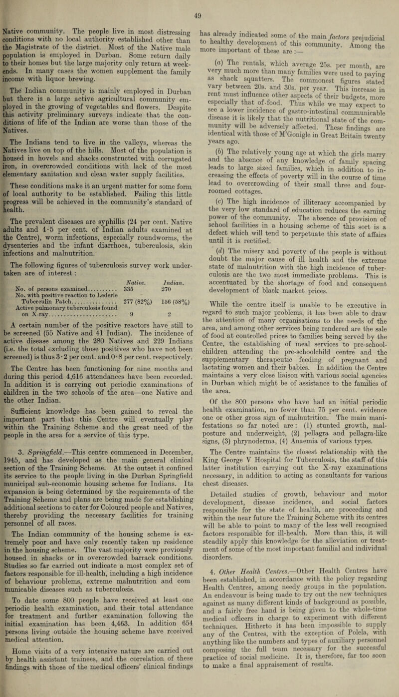 Native community. The people live in most distressing conditions with no local authority established other than the Magistrate of the district. Most of the Native male population is employed in Durban. Some return daily to their homes but the large majority only return at week¬ ends. In many cases the women supplement the family income with liquor brewing. The Indian community is mainly employed in Durban but there is a large active agricultural community em¬ ployed in the growing of vegetables and flowers. Despite this activity preliminary surveys indicate that the con¬ ditions of life of the Indian are worse than those of the Natives. The Indians tend to live in the valleys, whereas the Natives live on top of the hills. Most of the population is housed in hovels and shacks constructed with corrugated iron, in overcrowded conditions with lack of the most elementary sanitation and clean water supply facilities. These conditions make it an urgent matter for some form of local authority to be established. Failing this little progress will be achieved in the community’s standard of health. The prevalent diseases are syphillis (24 per cent. Native adults and 4-5 per cent, of Indian adults examined at the Centre), worm infections, especially roundworms, the dysenteries and the infant diarrhoea, tuberculosis, skin infections and malnutrition. The following figures of tuberculosis survey work under¬ taken are of interest: Native. Indian. No. of persons examined. 335 270 No. with positive reaction to Lederle Tuberculin Patch. 277 (82%) 156 (58%) Active pulmonary tuberculosis found on X-ray. 9 2 A certain number of the positive reactors have still to be screened (55 Native and 41 Indian). The incidence of active disease among the 280 Natives and 229 Indians (i.e. the total excluding those positives who have not been screened) is thus 3 • 2 per cent, and 0 • 8 per cent, respectively. The Centre has been functioning for nine months and during this period 4,616 attendances have been recorded. In addition it is carrying out periodic examinations of children in the two schools of the area—one Native and the other Indian. Sufficient knowledge has been gained to reveal the important part that this Centre will eventually play within the Training Scheme and the great need of the people in the area for a service of this type. 3. Springfield.—This centre commenced in December, 1945, and has developed as the main general clinical section of the Training Scheme. At the outset it confined its service to the people living in the Durban Springfield municipal sub-economic housing scheme for Indians. Its expansion is being determined by the requirements of the Training Scheme and plans are being made for establishing additional sections to cater for Coloured people and Natives, thereby providing the necessary facilities for training personnel of all races. The Indian community of the housing scheme is ex¬ tremely poor and have only recently taken up residence in the housing scheme. The vast majority were previously housed in shacks or in overcrowded barrack conditions. Studies so far carried out indicate a most complex set of factors responsible for ill-health, including a high incidence of behaviour problems, extreme malnutrition and com municable diseases such as tuberculosis. To date some 800 people have received at least one periodic health examination, and their total attendance for treatment and further examination following the initial examination has been 4,463. In addition 654 persons living outside the housing scheme have received medical attention. Home visits of a very intensive nature are carried out by health assistant trainees, and the correlation of these findings with those of the medical officers’ clinical findings has already indicated some of the main factors to healthy development of this community, more important of these are {a) The rentals, which average 25s. per month, are very much more than many families were used to paying as shack squatters. The commonest figures stated vary between 20s. and 30s. per year. This increase in rent must influence other aspects of their budgets more especially that of.food. Thus while we may expect to see a lower incidence of gastro-intestinal communicable disease it is likely that the nutritional state of the com¬ munity will be adversely affected. These findings are identical with those of M’Gonigle in Great Britain twentv years ago. (b) The relatively young age at which the girls marry and the absence of any knowledge of family spacing leads to large sized families, which in addition to in¬ creasing the effects of poverty will in the course of time lead to overcrowding of their small three and four- roomed cottages. (c) The high incidence of illiteracy accompanied by the very low standard of education reduces the earning power of the community. The absence of provision of school facilities in a housing scheme of this sort is a defect which will tend to perpetuate this state of affairs until it is rectified. (d) The misery and poverty of the people is without doubt the major cause of ill health and the extreme state of malnutrition with the high incidence of tuber¬ culosis are the two most immediate problems. This is accentuated by the shortage of food and consequent development of black market prices. While the centre itself is unable to be executive in regard to such major problems, it has been able to draw the attention of many organisations to the needs of the area, and among other services being rendered are the sale of food at controlled prices to families being served by the Centre, the establishing of meal services to pre-school¬ children attending the pre-schoolchild centre and the supplementary therapeutic feeding of pregnant and lactating women and their babies. In addition the Centre maintains a very close liaison with various social agencies in Durban which might be of assistance to the families of the area. Of the 800 persons who have had an initial periodic health examination, no fewer than 75 per cent, evidence one or other gross sign of malnutrition. The main mani¬ festations so far noted are: (1) stunted growth, mal- posture and underweight, (2) pellagra and pellagra-like signs, (3) phrynoderma, (4) Anaemia of various types. The Centre maintains the closest relationship with the King George V Hospital for Tuberculosis, the staff of this latter institution carrying out the X-ray examinations necessary, in addition to acting as consultants for various chest diseases. Detailed studies of growth, behaviour and motor development, disease incidence, and social factors responsible for the state of health, are proceeding and within the near future the Training Scheme with its centres will be able to point to many of the less well recognised factors responsible for ill-health. More than this, it will steadily apply this knowledge for the alleviation or treat¬ ment of some of the most important familial and individual disorders. prejudicial Among the 4. Other Health Centres.—Other Health Centres have been established, in accordance with the policy regarding Health Centres, among needy groups in the population. An endeavour is being made to try out the new techniques against as many different kinds of background as possible, and a fairly free hand is being given to the whole-time medical officers in charge to experiment with different techniques. Hitherto it has been impossible to supply any of the Centres, with the exception of Polela, with anything like the numbers and types of auxiliary personnel composing the full team necessary for the successful practice of social medicine. It is, therefore, far too soon to make a final appraisement of results.