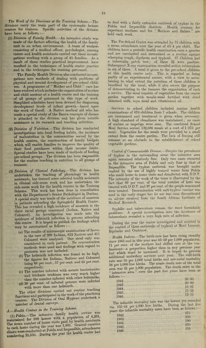 The Work of the Divisions at the Training Scheme.—The divisions carry the main part of the systematic lecture courses for trainees. Specific activities of the division have been as follows :— (1) Division of Family Health.—An intensive study was made of the factors affecting the health of the family unit in an urban environment. A team of workers consisting of a medical officer, psychologist, nursing sisters and health assistants carried out these investi¬ gations working with a group of 45 families. As a result of these studies practical improvement have resulted in the techniques of health centre practice and in the techniques for training personnel. The Family Health Division also conducted investi¬ gations into methods of dealing with problems of physical and mental development of pre-school child¬ ren. A programme of “ Mother and Child ” care has been evolved which includes the organisation of mother and child sessions at a health centre and the training of all groups of personnel in this type of work. Simplified schedules have been devised for diagnosing development levels of infant growth—based upon the work of Gesell. A Native medical aid who has made a special study of the Bantu concepts of disease is attached to the division and has given notable assistance in its research and teaching activities. (2) Division of Nutrition.—This division has conducted investigations into local feeding habits, the incidence of malnutrition in the communities served by the health centres, the construction of family budgets which will enable families to improve the quality of their food purchases within their income limits. Special studies have been made of methods of feeding pre-school groups. The division has been responsible for the routine teaching in nutrition to all groups of trainees. (3) Division of Clinical Pathology.—This division has undertaken the teaching of physiology to health assistants, has trained some selected health assistants in clinical side-room work and has undertaken the side-room work for the health centres in the Training Scheme. This work has been done in consultation with the Department’s Senior Pathologist in Durban. A special study was made of the incidence of anaemia in patients attending the Springfield Health Centre. This has revealed a high incidence of anaemia in the three racial groups concerned (Indian, Native and Coloured). An investigation was made into the incidence of helminth infection in persons attending this centre. It is hoped to publish the findings which may be summarised as follows . (a) The results of microscopic examination of faeces in the case of 399 Indians, 613 Natives and 415 Coloured were analysed. One stool only was considered in each patient. No concentration methods were used and findings with regard to protozoa was not included. (61 The helminth infection was found to be mgn the figures for Indians, Natives and Coloured being 68 per cent., 57 per cent, and 65 per cent. (cl The number infected with ascaris lumbricoides and trichuris trichiura was very much higher than the number infested with other helminths. (d) 38 per cent, of infested persons were infected with more than one helminth. The other divisions carried out routine teaching functions and participated in the work of the practising ^ The Division of Oral Hygiene undertook a number of dental surveys. 4 —Health Centres in the Training Scheme. HI Polela.-_The intensive family health service was \ i r _ qqq homes with a population of 6, , naintained for »99 ho i F asslstants rhe mean number of home ndby to each home during * > impendhle, attendances y- £ *•>* had to deal with a fairly extensive outbreak of typhus in the Polela and Impendhle districts. Health sessions for expectant mothers and for “ Mothers and Babies ” are held each week. The Pre-School Centre was attended by 72 children with a mean attendance over the year of 63-4 per child. The children have a periodic health examination once a quarter and are vaccinated and immunised as a routine against whooping cough, diptheria and typhoid. 67 Children had a tuberculin patch test; of these 32 were positive. Subsequent X-ray examination revealed active tuberculosis in six of these. A meal is given to the pre-school children at this health centre only. This is regarded as being partly of an experimental nature, with a view to ascer¬ taining to what extent the nutrition of these children is benefited by the meal, while it also serves the purpose of demonstrating to the trainees the organisation of such a service. The meal consists of vegetables from the centre garden together with mealie-meal fortified with dried skimmed milk, soya meal and vitaminised oil. Services to school children included routine health examinations of 870 children from 7 schools. The children are immunised and treatment is given when necessary. A high standard of cleanliness was maintained ; no cases of scabies or impetigo were seen. The combined School Meal Service served 132,580 meals at a cost of l-97d per meal. Vegetables for the meals were provided to a small extent from the centre garden. The lack of fencing still remains as an obstacle to the establishment of school vegetable gardens. Control of Communicable Disease.—Despite the prevalence of typhus in the surrounding areas the intensive area again remained relatively free. Only two cases occurred in the intensive area of Polela and only four in that of Impendhle. The typhus outbreak was brought under control by the use of highly trained teams from Polela who made home to home visits and disinfected with D.D.T. The intensity of the work of the team is illustrated by the fact that 99 per cent, of the total number of huts was treated with D.D.T. and 97 per cent, of the people concerned were treated. Immunisation with anti-typhus vaccine was used in the early stages but its use was soon discontinued on advice received from the South African Institute of Medical Research. Syphilis and tuberculosis remain the most formidable problems. A special investigation into the. incidence ol tuberculosis revealed a very high rate ol infection. During the year the centre investigated and assisted in the control of three outbreaks of typhoid at Mont Lesseur, Equlashe and Centecow. Health Indices.—The birth-rate has been rising steadily since 1943 and in this year was 43-59 per 1,000 population. 71 per cent of the mothers had skilled care at the con¬ finement—a porportion higher than in any previous year but which must be increased. It is hoped to provide additional midwifery services next year. I he still-birth rate was 55 per 1,000 total births and neo-natal mortality 58 tier 1 000 live births. The crude death rate of the total area was 21 per 1,000 population. The death rates in the “ intensive area ” over the past five years have been as f0°;^ 38-33 ‘ol,. . 20-90 . !»«:::.“:g 1946. 16 1 The infantile mortality rate was viz 155-04 per 1,000 live births, years the infantile mortality rates 1942. 1943. 1944. 1945. 1946. the lowest yet recorded During the last five have been as follows : . 275 .. 250 . 190 . 210 . 155