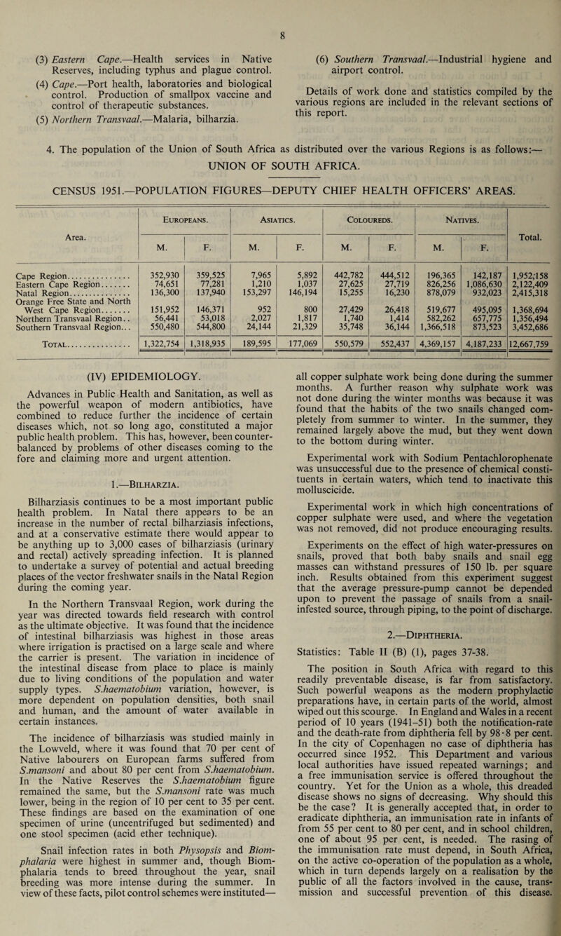 (3) Eastern Cape.—Health services in Native Reserves, including typhus and plague control. (4) Cape.—Port health, laboratories and biological control. Production of smallpox vaccine and control of therapeutic substances. (5) Northern Transvaal.—Malaria, bilharzia. (6) Southern Transvaal.—Industrial hygiene and airport control. Details of work done and statistics compiled by the various regions are included in the relevant sections of this report. 4. The population of the Union of South Africa as distributed over the various Regions is as follows:— UNION OF SOUTH AFRICA. CENSUS 1951.—POPULATION FIGURES—DEPUTY CHIEF HEALTH OFFICERS’ AREAS. Area. Europeans. Asiatics. Coloureds. Natives. Total. M. F. M. F. M. F. M. F. Cape Region. Eastern Cape Region. Natal Region. Orange Free State and North West Cape Region. Northern Transvaal Region.. Southern Transvaal Region... 352,930 74,651 136,300 151,952 56,441 550,480 359,525 77,281 137,940 146,371 53,018 544,800 7,965 1,210 153,297 952 2,027 24,144 5,892 1,037 146,194 800 1,817 21,329 442,782 27,625 15,255 27,429 1,740 35,748 444,512 27,719 16,230 26,418 1,414 36,144 196,365 826,256 878,079 519,677 582,262 1,366,518 142,187 1,086,630 932,023 495,095 657,775 873,523 1,952,158 2,122,409 2,415,318 1,368,694 1,356,494 3,452,686 Total. 1,322,754 1,318,935 189,595 177,069 550,579 552,437 4,369,157 4,187,233 12,667,759 i (IV) EPIDEMIOLOGY. Advances in Public Health and Sanitation, as well as the powerful weapon of modern antibiotics, have combined to reduce further the incidence of certain diseases which, not so long ago, constituted a major public health problem. This has, however, been counter¬ balanced by problems of other diseases coming to the fore and claiming more and urgent attention. 1.—Bilharzia. Bilharziasis continues to be a most important public health problem. In Natal there appears to be an increase in the number of rectal bilharziasis infections, and at a conservative estimate there would appear to be anything up to 3,000 cases of bilharziasis (urinary and rectal) actively spreading infection. It is planned to undertake a survey of potential and actual breeding places of the vector freshwater snails in the Natal Region during the coming year. In the Northern Transvaal Region, work during the year was directed towards field research with control as the ultimate objective. It was found that the incidence of intestinal bilharziasis was highest in those areas where irrigation is practised on a large scale and where the carrier is present. The variation in incidence of the intestinal disease from place to place is mainly due to living conditions of the population and water supply types. S.haematobium variation, however, is more dependent on population densities, both snail and human, and the amount of water available in certain instances. The incidence of bilharziasis was studied mainly in the Lowveld, where it was found that 70 per cent of Native labourers on European farms suffered from S.mansoni and about 80 per cent from S.haematobium. In the Native Reserves the S.haematobium figure remained the same, but the S.mansoni rate was much lower, being in the region of 10 per cent to 35 per cent. These findings are based on the examination of one specimen of urine (uncentrifuged but sedimented) and one stool specimen (acid ether technique). Snail infection rates in both Physopsis and Biom- phalaria were highest in summer and, though Biom- phalaria tends to breed throughout the year, snail breeding was more intense during the summer. In view of these facts, pilot control schemes were instituted— all copper sulphate work being done during the summer months. A further reason why sulphate work was not done during the winter months was because it was found that the habits of the two snails changed com¬ pletely from summer to winter. In the summer, they remained largely above the mud, but they went down to the bottom during winter. Experimental work with Sodium Pentachlorophenate was unsuccessful due to the presence of chemical consti¬ tuents in certain waters, which tend to inactivate this molluscicide. Experimental work in which high concentrations of copper sulphate were used, and where the vegetation was not removed, did not produce encouraging results. Experiments on the effect of high water-pressures on snails, proved that both baby snails and snail egg masses can withstand pressures of 150 lb. per square inch. Results obtained from this experiment suggest that the average pressure-pump cannot be depended upon to prevent the passage of snails from a snail- infested source, through piping, to the point of discharge. 2.—Diphtheria. Statistics: Table II (B) (1), pages 37-38. The position in South Africa with regard to this readily preventable disease, is far from satisfactory. Such powerful weapons as the modern prophylactic preparations have, in certain parts of the world, almost wiped out this scourge. In England and Wales in a recent period of 10 years (1941-51) both the notification-rate and the death-rate from diphtheria fell by 98 • 8 per cent. In the city of Copenhagen no case of diphtheria has occurred since 1952. This Department and various local authorities have issued repeated warnings; and a free immunisation service is offered throughout the country. Yet for the Union as a whole, this dreaded disease shows no signs of decreasing. Why should this be the case? It is generally accepted that, in order to eradicate diphtheria, an immunisation rate in infants of from 55 per cent to 80 per cent, and in school children, one of about 95 per cent, is needed. The rasing of the immunisation rate must depend, in South Africa, on the active co-operation of the population as a whole, which in turn depends largely on a realisation by the public of all the factors involved in the cause, trans¬ mission and successful prevention of this disease.