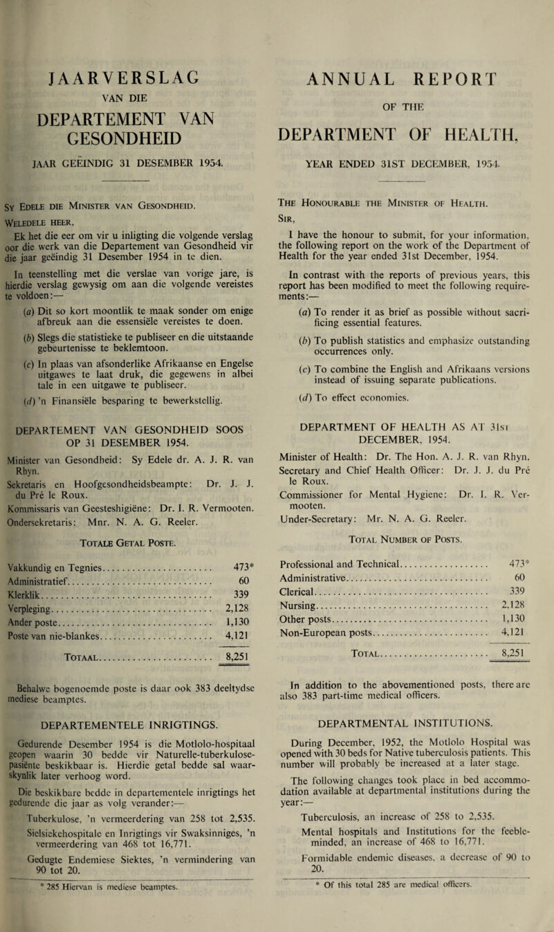 JAARVERSLAG VAN DIE DEPARTEMENT VAN GESONDHEID JAAR GEEINDIG 31 DESEMBER 1954. Sy Edele die Minister van Gesondheid. Weledele heer, Ek het die eer om vir u inligting die volgende verslag oor die werk van die Departement van Gesondheid vir die jaar geeindig 31 Desember 1954 in te dien. In teenstelling met die verslae van vorige jare, is hierdie verslag gewysig om aan die volgende vereistes te voldoen:— (a) Dit so kort moontlik te maak sonder om enige afbreuk aan die essensiele vereistes te doen. (b) Slegs die statistieke te publiseer en die uitstaande gebeurtenisse te beklemtoon. (c) In plaas van afsonderlike Afrikaanse en Engelse uitgawes te laat druk, die gegewens in albei tale in een uitgawe te publiseer. (r/)’n Finansiele besparing te bewerkstellig. DEPARTEMENT VAN GESONDHEID SOOS OP 31 DESEMBER 1954. Minister van Gesondheid: Sy Edele dr. A. J. R. van Rbyn. Sekretaris en Hoofgesondheidsbeampte: Dr. J. J. du Pre le Roux. Kommissaris van Geesteshigiene: Dr. J. R. Vermooten. Ondersekretaris: Mnr. N. A. G. Reeler. Totale Getal Poste. Vakkundig en Tegnies. 473* Administratief. 60 Klerklik. 339 Verpleging. 2,128 Ander poste. 1,130 Poste van nie-blankes. 4,121 Totaal. 8,251 Behalwe bogenoemde poste is daar ook 383 deeltydse mediese beamptes. DEPARTEMENTELE INRIGTINGS. Gedurende Desember 1954 is die Motlolo-hospitaal geopen waarin 30 bedde vir Naturelle-tuberkulose- pasiente beskikbaar is. Hierdie getal bedde sal waar- skynlik later verhoog word. Die beskikbarc bedde in departementele inrigtings het gedurende die jaar as volg verander:— Tuberkulose, ’n vermeerdering van 258 tot 2,535. Sielsiekehospitale en Inrigtings vir Swaksinniges, ’n vermeerdering van 468 tot 16,771. Gedugte Endemiese Siektes, ’n vermindering van 90 tot 20. * 285 Hiervan is mediese beamptes. ANNUAL REPORT OF THE DEPARTMENT OF HEALTH, YEAR ENDED 31ST DECEMBER, 1954. The Honourable the Minister of Health. Sir, 1 have the honour to submit, for your information, the following report on the work of the Department of Health for the year ended 31st December, 1954. In contrast with the reports of previous years, this report has been modified to meet the following require¬ ments :— (a) To render it as brief as possible without sacri¬ ficing essential features. (b) To publish statistics and emphasize outstanding occurrences only. (c) To combine the English and Afrikaans versions instead of issuing separate publications. (d) To effect economies. DEPARTMENT OF HEALTH AS AT 31si DECEMBER, 1954. Minister of Health: Dr. The Hon. A. J. R. van Rhyn. Secretary and Chief Health Officer: Dr. J. J. du Pre le Roux. Commissioner for Mental Hygiene: Dr. I. R. Ver¬ mooten. Under-Secretary: Mr. N. A. G. Reeler. Total Number of Posts. Professional and Technical. 473* Administrative. 60 Clerical. 339 Nursing. 2,128 Other posts. 1,130 Non-European posts. 4,121 Total. 8,251 In addition to the abovementioned posts, there arc also 383 part-time medical officers. DEPARTMENTAL INSTITUTIONS. During December, 1952, the Motlolo Hospital was opened with 30 beds for Native tuberculosis patients. This number will probably be increased at a later stage. The following changes took place in bed accommo¬ dation available at departmental institutions during the year:— Tuberculosis, an increase of 258 to 2,535. Mental hospitals and Institutions for the feeble¬ minded, an increase of 468 to 16,771. Formidable endemic diseases, a decrease of 90 to 20. * Of this total 285 are medical officers.