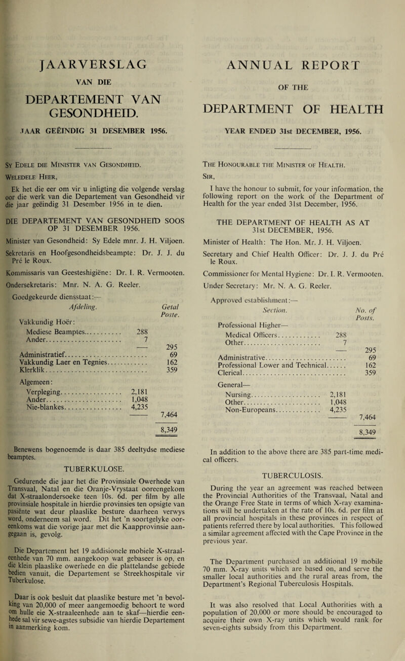 JAARVERSLAG VAN DIE DEPARTEMENT VAN GESONDHEID. I AAR GEEINDIG 31 DESEMBER 1956. Sy Edele die Minister van Gesondheid. Weledele Heer, Ek het die eer om vir u inligting die volgende verslag oor die werk van die Departement van Gesondheid vir die jaar geeindig 31 Desember 1956 in te dien. DIE DEPARTEMENT VAN GESONDHEID SOOS OP 31 DESEMBER 1956. Minister van Gesondheid: Sy Edele mnr. J. H. Viljoen. Sekretaris en Hoofgesondheidsbeampte: Dr. J. J. du Pre le Roux. Kommissaris van Geesteshigiene: Dr. I. R. Vermooten. Ondersekretaris: Mnr. N. A. G. Reeler. Goedgekeurde diensstaat:— Afdeling. Getal Poste. Vakkundig Hoer: Mediese Beamptes. 288 Ander. 7 - 295 Administratief. 69 Vakkundig Laer en Tegnies. 162 Klerklik. 359 Algemeen: Verpleging. 2,181 Ander. 1,048 Nie-blankes. 4,235 - 7,464 8,349 Benewens bogenoemde is daar 385 deeltydse mediese beamptes. TUBERKULOSE. Gedurende die jaar het die Provinsiale Owerhede van Transvaal, Natal en die Oranje-Vrystaat ooreengekom dat X-straalondersoeke teen 10s. 6d. per film by alle provinsiale hospitale in hierdie provinsies ten opsigte van pasiente wat deur plaaslike besture daarheen verwys word, onderneem sal word. Dit het ’n soortgelyke oor- eenkoms wat die vorige jaar met die Kaapprovinsie aan- gegaan is, gevolg. Die Departement het 19 addisionele mobiele X-straal- eenhede van 70 mm. aangekoop wat gebaseer is op, en die klein plaaslike owerhede en die plattelandse gebiede bedien vanuit, die Departement se Streekhospitale vir Tuberkulose. Daar is ook besluit dat plaaslike besture met ’n bevol- king van 20,000 of meer aangemoedig behoort te word 0m hulle eie X-straaleenhede aan te skaf—hierdie een- hede sal vir sewe-agstes subsidie van hierdie Departement *n aanmerking kom. ANNUAL REPORT OF THE DEPARTMENT OF HEALTH YEAR ENDED 31st DECEMBER, 1956. The Honourable the Minister of Health. Sir, I have the honour to submit, for your information, the following report on the work of the Department of Health for the year ended 31st December, 1956. THE DEPARTMENT OF HEALTH AS AT 31st DECEMBER, 1956. Minister of Health: The Hon. Mr. J. H. Viljoen. Secretary and Chief Health Officer: Dr. J. J. du Pre le Roux. Commissioner for Mental Hygiene: Dr. I. R. Vermooten. Under Secretary: Mr. N. A. G. Reeler. Approved establishment:— Section. No. of Posts. Professional Higher— Medical Officers. 288 Other. 7 — 295 Administrative. 69 Professional Lower and Technical. 162 Clerical. 359 General— Nursing. 2,181 Other. 1,048 Non-Europeans. 4,235 - 7,464 8,349 In addition to the above there are 385 part-time medi¬ cal officers. TUBERCULOSIS. During the year an agreement was reached between the Provincial Authorities of the Transvaal, Natal and the Orange Free State in terms of which X-ray examina¬ tions will be undertaken at the rate of 10s. 6d. per film at all provincial hospitals in these provinces in respect of patients referred there by local authorities. This followed a similar agreement affected with the Cape Province in the previous year. The Department purchased an additional 19 mobile 70 mm. X-ray units which are based on, and serve the smaller local authorities and the rural areas from, the Department’s Regional Tuberculosis Hospitals. It was also resolved that Local Authorities with a population of 20,000 or more should be encouraged to acquire their own X-ray units which would rank for seven-eights subsidy from this Department.