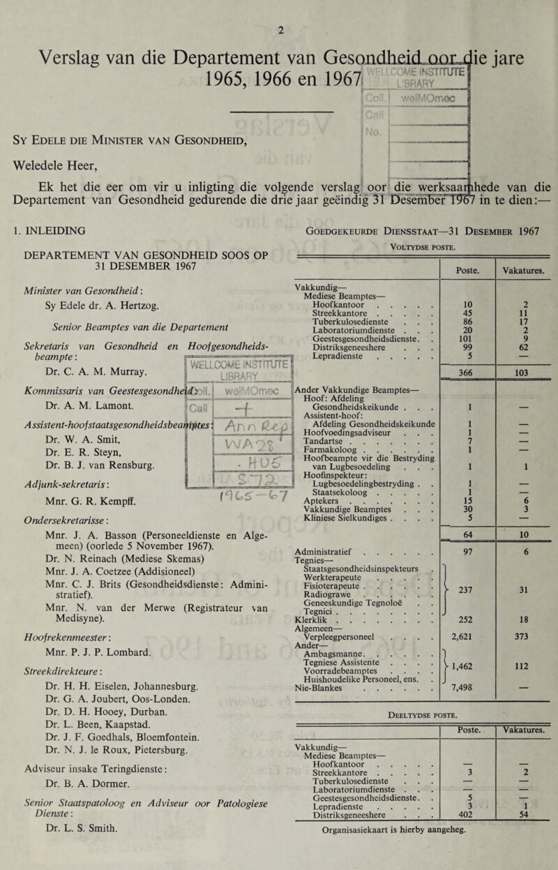 Verslag van die Departement van GesondheicL oox-die jare i n/r i a/a i c\rn E INSTITUTE 1965, 1966 en 1967 y Orooc Sy Edele die Minister van Gesondheid, Weledele Heer, Ek het die eer om vir u inligting die volgende verslag oor die werksaamhede van die Departement van Gesondheid gedurende die drie jaar geeindig 31 DesemBeYT9o7 in te dien:— 1. INLEIDING DEPARTEMENT VAN GESONDHEID SOOS OP 31 DESEMBER 1967 Minister van Gesondheid: Sy Edele dr. A. Hertzog. Senior Beamptes van die Departement Gesondheid en Hoofgesondheids- Goedgekeurde Diensstaat—31 Desember 1967 VOLTYDSE POSTE. Sekretaris van beampte: Dr. C. A. M. Murray Kommissaris van Geestesgesondh Dr. A. M. Lamont. Assistent-hoofstaatsgesondheidsbea, Dr. W. A. Smit, Dr. E. R. Steyn, Dr. B. J. van Rensburg. WELLCOtet iN3T!TUTE LIBRARY wei-MOmoc f tt? n P WA2? f HU£ | j c ~72 I^US-^7 Adjunk-sekretaris: Mnr. G. R. Kempff. Ondersekretarisse: Mnr. J. A. Basson (Personeeldienste en Alge- meen) (oorlede 5 November 1967). Dr. N. Reinach (Mediese Skemas) Mnr. J. A. Coetzee (Addisioneel) Mnr. C. J. Brits (Gesondheidsdienste: Admini- stratief). Mnr. N. van der Merwe (Registrateur van Medisyne). Hoofrekenmeester: Mnr. P. J. P. Lombard. Streekdirekteure: Dr. H. H. Eiselen, Johannesburg. Dr. G. A. Joubert, Oos-Londen. Dr. D. H. Hooey, Durban. Dr. L. Been, Kaapstad. Dr. J. F. Goedhals, Bloemfontein. Dr. N. J. le Roux, Pietersburg. Adviseur insake Teringdienste: Dr. B. A. Dormer. Senior Staatspatoloog en Adviseur oor Patologiese Dienste: Dr. L. S. Smith. Poste. Vakatures. Vakkundig— Mediese Beamptes— Hoofkantoor. 10 2 Streekkantore. 45 11 Tuberkulosedienste 86 17 Laboratoriumdienste . 20 2 Geestesgesondheidsdienste. 101 9 Distriksgeneeshere 99 62 Lepradienste. 5 — 366 103 Ander Vakkundige Beamptes— Hoof: Afdeling Gesondheidskeikunde . 1 — Assistent-hoof: Afdeling Gesondheidskeikunde 1 — Hoofvoedingsadviseur 1 — Tandartse. 7 — Farmakoloog. 1 — Hoofbeampte vir die Bestryding van Lugbesoedeling 1 1 Hoofinspekteur: Lugbesoedelingbestryding . 1 — Staatsekoloog. 1 — Aptekers. 15 6 Vakkundige Beamptes 30 3 Kliniese Sielkundiges .... 5 — 64 10 Administratief. 97 6 Tegnies— Staatsgesondheidsinspekteurs Werkterapeute. Fisioterapeute. V 237 31 Radiograwe. Z> J / Geneeskundige Tegnoloe Tegnici. J Klerklik. 252 18 Algemeen— Verpleegpersoneel .... 2,621 373 Ander— Ambagsmanne. 1 Tegniese Assistente .... V 1 462 112 Voorradebeamptes .... Huishoudelike Personeel, ens. - Nie-Blankes . 7,493 ““““ DEELTYDSE POSTE. Poste. Vakatures. Vakkundig— Mediese Beamptes— Hoofkantoor. Streekkantore. 3 2 Tuberkulosedienste — — Laboratoriumdienste . — — Geestesgesondheidsdienste. 5 — Lepradienste. 3 1 Distriksgeneeshere 402 54 Organisasiekaart is hierby aangeheg.