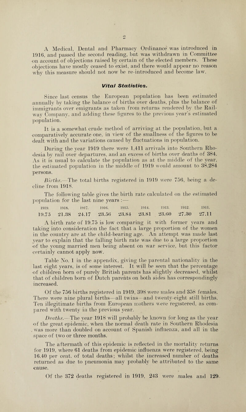 o A Medical, Dental and Pharmacy Ordinance was introduced in 1916, and passed the second reading, but was withdrawn in Committee on account of objections raised by certain of the elected members. These objections have mostly ceased to exist, and there would appear no reason why this measure should not now be re-introduced and become law. Vita! Statistics. Since last census the European population has been estimated annually by taking the balance of births over deaths, plus the balance of immigrants over emigrants as taken from returns rendered by the Rail¬ way Company, and adding these figures to the previous year's estimated population. It is a somewhat crude method of arriving at the population, but a comparatively accurate one, in view of the smallness of the figures to be dealt with and the variations caused by fluctuations in population. During the year 1919 there were 1.411 arrivals into Southern Rho¬ desia by rail over departures, and an excess of births over deaths of 384. As it is usual to calculate the population as at the middle of the year, the estimated population in the middle of 1919 would amount to 38,284 persons. Births.—The total births registered in 1919 were 756, being a de¬ cline from 1918. The following table gives the birth rate calculated on the estimated population for the last nine years :— 1919. 1918. 1917. 1916. 191.5. 19U. 1913. 1912. 1911. 19.75 21.38 24.17 23.56 23.84 23.81 23.60 27.30 27.11 A birth rate of 19.75 is low comparing it with former years and taking into consideration the fact that a large proportion of the women in the country are at the child-bearing age. An attempt was made last year to explain that the falling birth rate was due to a large proportion of the young married men being absent on war service, but this factor certainly cannot apply now. Table No. 1 in the appendix, giving the parental nationality in the last eight years, is of some interest. It will be seen that the percentage of children born of purely British parents has slightly decreased, whilst that of children born of Dutch parents on both sides has correspondingly increased. Of the 756 births registered in 1919, 398 were males and 358 females. There were nine plural births—all twins—and twenty-eight still births. Ten illegitimate births from European mothers were registered, as com¬ pared with twenty in the previous year. DeathsThe year 1918 will probably be known for long as the year of the great epidemic, when the normal death rate in Southern Rhodesia , was more than doubled on account of Spanish influenza, and all in the space of two or three months. The aftermath of this epidemic is reflected in the mortality returns for 1919, where 61 deaths from epidemic influenza were registered, being 16.40 per cent, of total deaths; whilst the increased number of deaths returned as due to pneumonia may probably be attributed to the same cause. Of the 372 deaths registered in 1919, 243 were males and 129