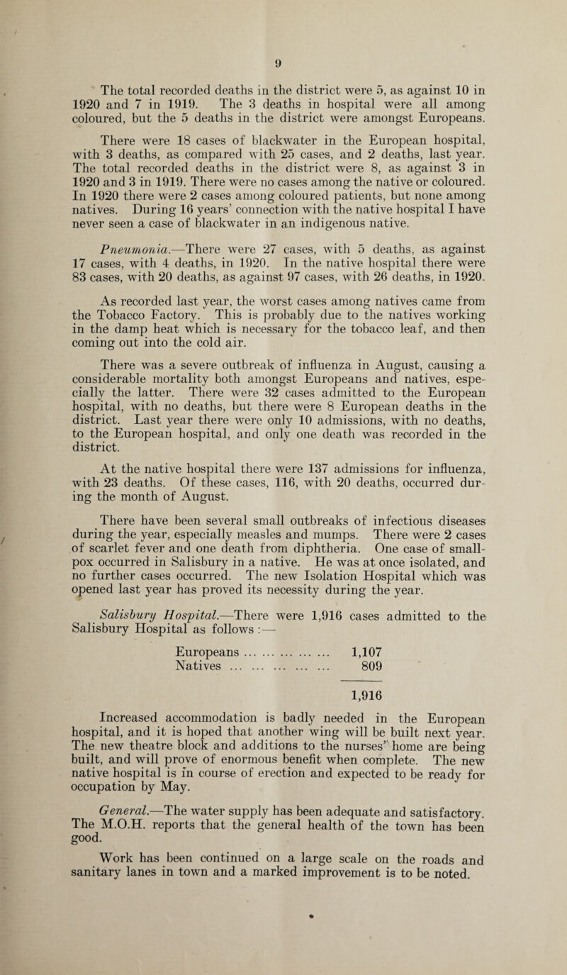 The total recorded deaths in the district were 5, as against 10 in 1920 and 7 in 1919. The 3 deaths in hospital were all among coloured, but the 5 deaths in the district were amongst Europeans. There were 18 cases of blackwater in the European hospital, with 3 deaths, as compared with 25 cases, and 2 deaths, last year. The total recorded deaths in the district were 8, as against 3 in 1920 and 3 in 1919. There were no cases among the native or coloured. In 1920 there were 2 cases among coloured patients, but none among natives. During 16 years’ connection with the native hospital I have never seen a case of blackwater in an indigenous native. Pneumonia.—There were 27 cases, with 5 deaths, as against 17 cases, with 4 deaths, in 1920. In the native hospital there were 83 cases, with 20 deaths, as against 97 cases, with 26 deaths, in 1920. As recorded last year, the worst cases among natives came from the Tobacco Factory. This is probably due to the natives working in the damp heat which is necessary for the tobacco leaf, and then coming out into the cold air. There was a severe outbreak of influenza in August, causing a considerable mortality both amongst Europeans and natives, espe¬ cially the latter. There were 32 cases admitted to the European hospital, with no deaths, but there were 8 European deaths in the district. Last year there were only 10 admissions, with no deaths, to the European hospital, and only one death was recorded in the district. At the native hospital there were 137 admissions for influenza, with 23 deaths. Of these cases, 116, with 20 deaths, occurred dur¬ ing the month of August. There have been several small outbreaks of infectious diseases during the year, especially measles and mumps. There were 2 cases of scarlet fever and one death from diphtheria. One case of small¬ pox occurred in Salisbury in a native. He was at once isolated, and no further cases occurred. The new Isolation Hospital which was opened last year has proved its necessity during the year. Salisbury Hospital.—There were 1,916 cases admitted to the Salisbury Hospital as follows :— Europeans. 1,107 Natives . 809 1,916 Increased accommodation is badly needed in the European hospital, and it is hoped that another wing will be built next year. The new theatre block and additions to the nurses’ home are being built, and will prove of enormous benefit when complete. The new native hospital is in course of erection and expected to be ready for occupation by May. General.—The water supply has been adequate and satisfactory. The M.O.H. reports that the general health of the town has been good. Work has been continued on a large scale on the roads and sanitary lanes in town and a marked improvement is to be noted. %