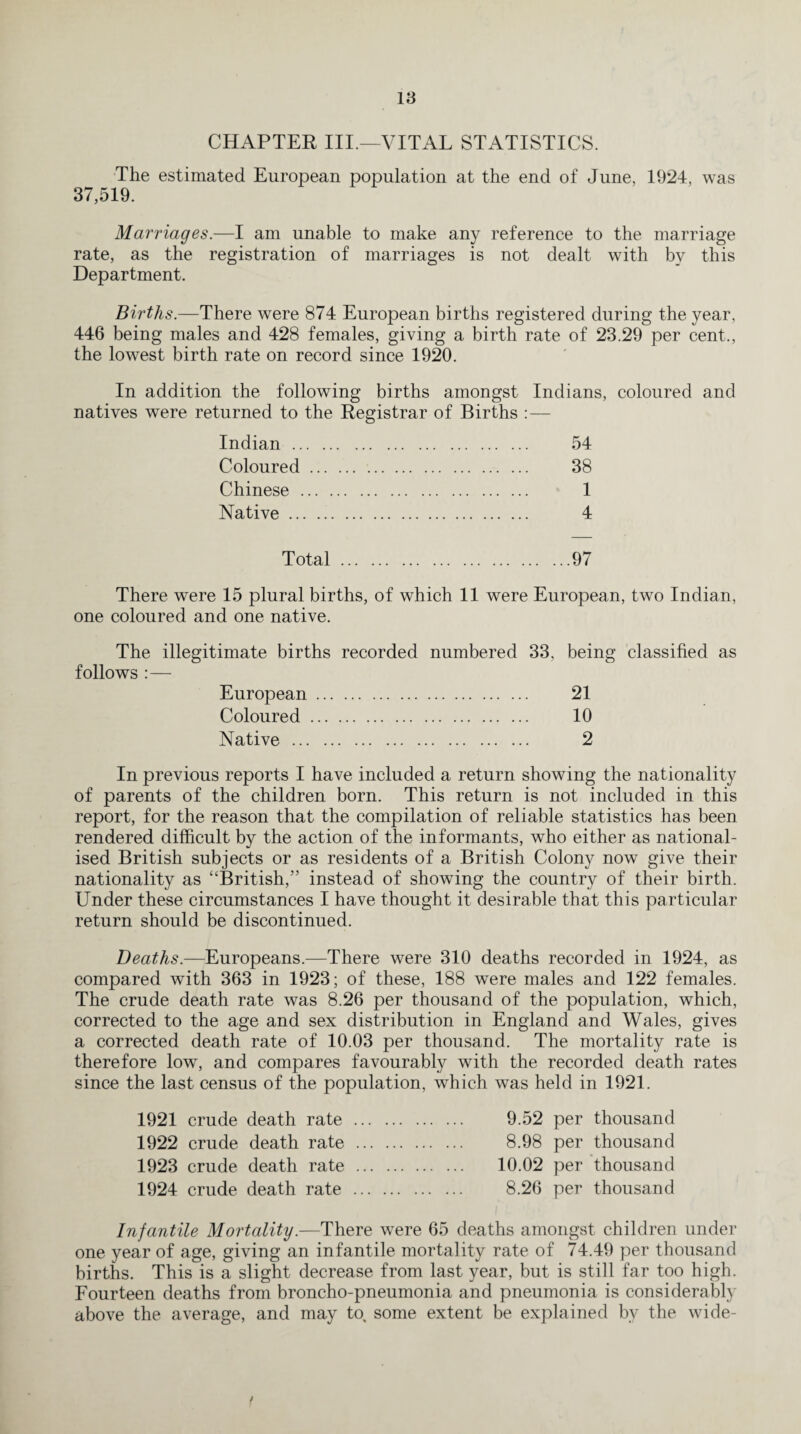 CHAPTER III.—VITAL STATISTICS. The estimated European population at the end of June, 1924, was 37,519. Marriages.—I am unable to make any reference to the marriage rate, as the registration of marriages is not dealt with by this Department. Births.—There were 874 European births registered during the year, 446 being males and 428 females, giving a birth rate of 23.29 per cent., the lowest birth rate on record since 1920. In addition the following births amongst Indians, coloured and natives were returned to the Registrar of Births : — Indian. 54 Coloured. 38 Chinese . 1 Native. 4 Total.97 There were 15 plural births, of which 11 were European, two Indian, one coloured and one native. The illegitimate births recorded numbered 33, being classified as follows :— European. 21 Coloured. 10 Native. 2 In previous reports I have included a return showing the nationality of parents of the children born. This return is not included in this report, for the reason that the compilation of reliable statistics has been rendered difficult by the action of the informants, who either as national¬ ised British subjects or as residents of a British Colony now give their nationality as “British,” instead of showing the country of their birth. Under these circumstances I have thought it desirable that this particular return should be discontinued. Deaths.—Europeans.—There were 310 deaths recorded in 1924, as compared with 363 in 1923; of these, 188 were males and 122 females. The crude death rate was 8.26 per thousand of the population, which, corrected to the age and sex distribution in England and Wales, gives a corrected death rate of 10.03 per thousand. The mortality rate is therefore low, and compares favourably with the recorded death rates since the last census of the population, which was held in 1921. 1921 crude death rate . 9.52 per thousand 1922 crude death rate . 8.98 per thousand 1923 crude death rate . 10.02 per thousand 1924 crude death rate . 8.26 per thousand Infantile Mortality.—There were 65 deaths amongst children under one year of age, giving an infantile mortality rate of 74.49 per thousand births. This is a slight decrease from last year, but is still far too high. Fourteen deaths from broncho-pneumonia and pneumonia is considerably above the average, and may to, some extent be explained by the wide-