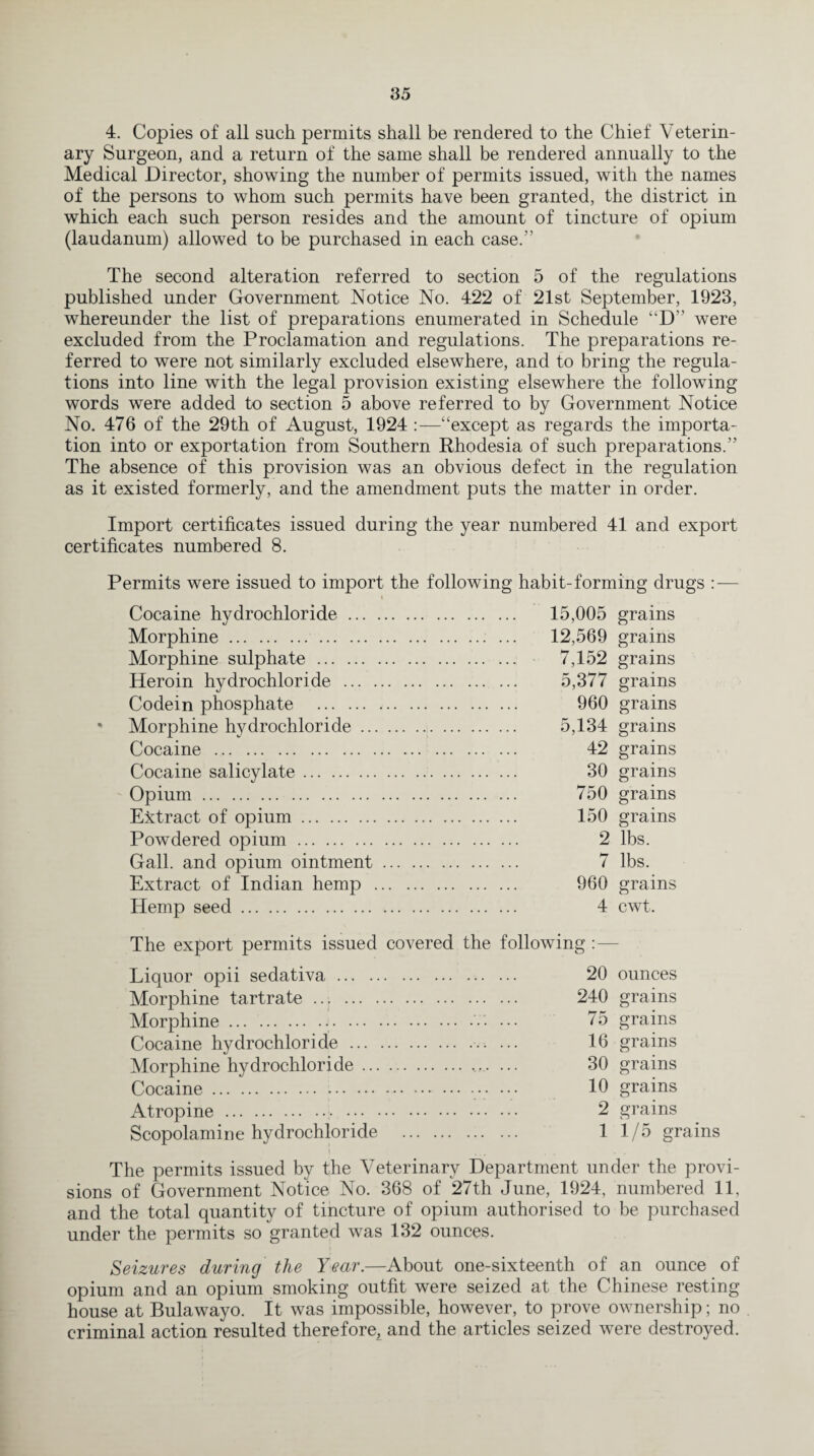 4. Copies of all such permits shall be rendered to the Chief Veterin¬ ary Surgeon, and a return of the same shall be rendered annually to the Medical Director, showing the number of permits issued, with the names of the persons to whom such permits have been granted, the district in which each such person resides and the amount of tincture of opium (laudanum) allowed to be purchased in each case.” The second alteration referred to section 5 of the regulations published under Government Notice No. 422 of 21st September, 1923, whereunder the list of preparations enumerated in Schedule “D” were excluded from the Proclamation and regulations. The preparations re¬ ferred to were not similarly excluded elsewhere, and to bring the regula¬ tions into line with the legal provision existing elsewhere the following words were added to section 5 above referred to by Government Notice No. 476 of the 29th of August, 1924 :—“except as regards the importa¬ tion into or exportation from Southern Rhodesia of such preparations.” The absence of this provision was an obvious defect in the regulation as it existed formerly, and the amendment puts the matter in order. Import certificates issued during the year numbered 41 and export certificates numbered 8. Permits were issued to import the following habit-forming drugs : — Cocaine hydrochloride. 15,005 grains Morphine.. ... 12,569 grains Morphine sulphate . 7,152 grains Heroin hydrochloride . 5,377 grains Codein phosphate . 960 grains • Morphine hydrochloride. 5,134 grains Cocaine . 42 grains Cocaine salicylate. 30 grains Opium. 750 grains Extract of opium. 150 grains Powdered opium . 2 lbs. Gall, and opium ointment. 7 lbs. Extract of Indian hemp . 960 grains Hemp seed. 4 cwt. The export permits issued covered the following Liquor opii sedativa. Morphine tartrate. Morphine.. ••• Cocaine hydrochloride ... Morphine hydrochloride ... Cocaine. Atropine. Scopolamine hydrochloride 20 ounces 240 grains 75 grains 16 grains 30 grains 10 grains 2 grains 1 1/5 grains The permits issued by the Veterinary Department under the provi¬ sions of Government Notice No. 368 of 27th June, 1924, numbered 11, and the total quantity of tincture of opium authorised to be purchased under the permits so granted was 132 ounces. Seizures during the Year.—About one-sixteenth of an ounce of opium and an opium smoking outfit were seized at the Chinese resting house at Bulawayo. It was impossible, however, to prove ownership; no criminal action resulted therefore, and the articles seized were destroyed.