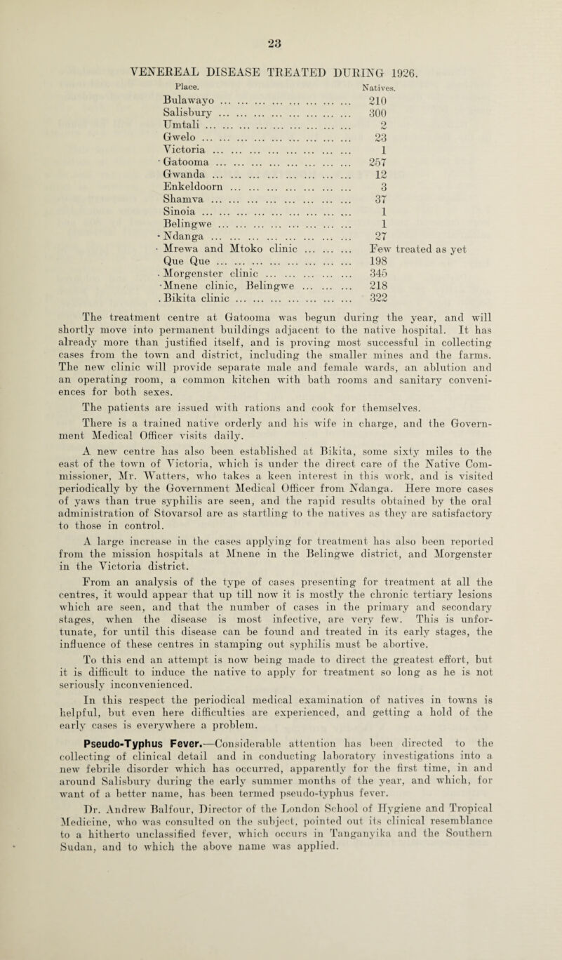 VENEREAL DISEASE TREATED DURING 1926. Place. Bulawayo. Salisbury . Ilmtali. Gwelo . Victoria . ' Gatooma . Gwanda . Enkeldoorn . Sliamva . Sinoia . ... Belingwe. -Ndanga . • Mrewa and Mtoko clinic . Que Que. . Morgenster clinic . •Mnene clinic, Belingwe . . Bikita clinic. Natives. 210 300 9 hJ 23 1 25T 12 3 37 1 1 27 Few treated as yet 198 345 218 322 The treatment centre at Gatooma was begun during the year, and will shortly move into permanent buildings adjacent to the native hospital. It has already more than justified itself, and is proving most successful in collecting cases from the town and district, including the smaller mines and the farms. The new clinic will provide separate male and female wards, an ablution and an operating room, a common kitchen with bath rooms and sanitary conveni¬ ences for both sexes. The patients are issued with rations and cook for themselves. There is a trained native orderly and his wife in charge, and the Govern¬ ment Medical Officer visits daily. A new centre has also been established at Bikita, some sixty miles to the east of the town of Victoria, which is under the direct care of the Native Com¬ missioner, Mr. Watters, who takes a keen interest in this work, and is visited periodically by the Government Medical Officer from Ndanga. Here more cases of yaws than true syphilis are seen, and the rapid results obtained by the oral administration of Stovarsol are as startling to the natives as they are satisfactory to those in control. A large increase in the cases applying for treatment has also been reported from the mission hospitals at Mnene in the Belingwe district, and Morgenster in the Victoria district. From an analysis of the type of cases presenting for treatment at all the centres, it would appear that up till now it is mostly the chronic tertiary lesions which are seen, and that the number of cases in the primary and secondary stages, when the disease is most infective, are very few. This is unfor¬ tunate, for until this disease can be found and treated in its early stages, the influence of these centres in stamping out syphilis must be abortive. To this end an attempt is now being made to direct the greatest effort, but it is difficult to induce the native to apply for treatment so long as he is not seriously inconvenienced. In this respect the periodical medical examination of natives in towns is helpful, but even here difficulties are experienced, and getting a hold of the early cases is everywhere a problem. Pseudo-Typhus Fever.—Considerable attention has been directed to the collecting of clinical detail and in conducting laboratory investigations into a new febrile disorder which has occurred, apparently for the first time, in and around Salisbury during the early summer months of the year, and wTiich, for want of a better name, has been termed pseudo-typhus fever. Dr. Andrew Balfour, Director of the London School of Hygiene and Tropical Medicine, who was consulted on the subject, pointed out its clinical resemblance to a hitherto unclassified fever, which occurs in Tanganyika and the Southern Sudan, and to which the above name was applied.