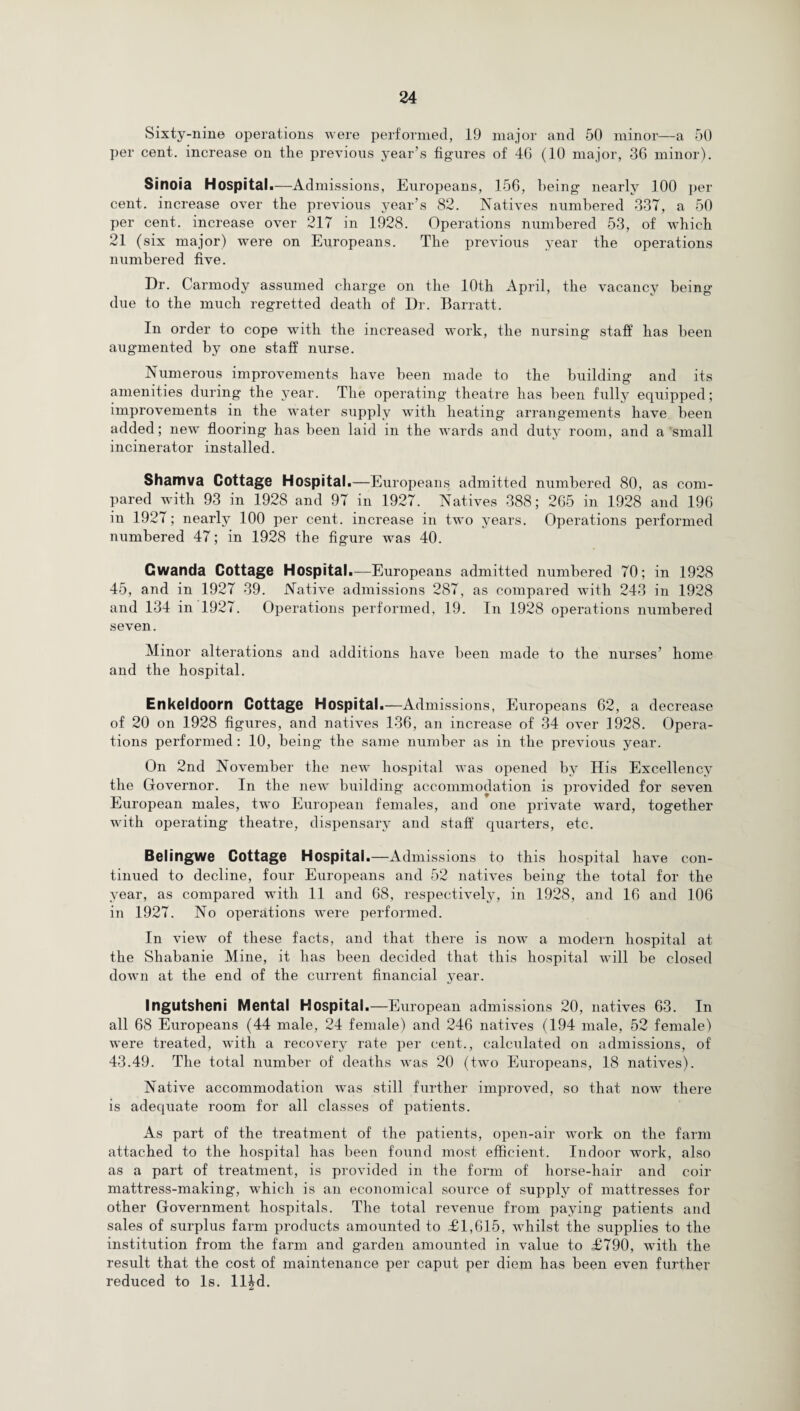 Sixty-nine operations were performed, 19 major and 50 minor—a 50 per cent, increase on the previous year’s figures of 46 (10 major, 36 minor). Sinoia Hospital.—Admissions, Europeans, 156, being nearly 100 per cent, increase over the previous year’s 82. Natives numbered 337, a 50 per cent, increase over 217 in 1928. Operations numbered 53, of which 21 (six major) were on Europeans. The previous year the operations numbered five. Dr. Carmody assumed charge on the 10th April, the vacancy being due to the much regretted death of Dr. Barratt. In order to cope with the increased work, the nursing staff has been augmented by one staff nurse. Numerous improvements have been made to the building and its amenities during the year. The operating theatre has been fully equipped; improvements in the water supply with heating arrangements have been added; new flooring has been laid in the wards and duty room, and a small incinerator installed. Sharnva Cottage Hospital.—Europeans admitted numbered 80, as com¬ pared with 93 in 1928 and 97 in 1927. Natives 388; 265 in 1928 and 196 in 1927; nearly 100 per cent, increase in two years. Operations performed numbered 47; in 1928 the figure was 40. Cwanda Cottage Hospital.—Europeans admitted numbered 70; in 1928 45, and in 1927 39. Native admissions 287, as compared with 243 in 1928 and 134 in 1927. Operations performed, 19. In 1928 operations numbered seven. Minor alterations and additions have been made to the nurses’ home and the hospital. Enkeldoorn Cottage Hospital.—Admissions, Europeans 62, a decrease of 20 on 1928 figures, and natives 136, an increase of 34 over 1928. Opera¬ tions performed: 10, being the same number as in the previous year. On 2nd November the new hospital was opened by His Excellency the Governor. In the new building accommodation is provided for seven European males, two European females, and one private ward, together with operating theatre, dispensary and staff quarters, etc. Belingwe Cottage Hospital.—Admissions to this hospital have con¬ tinued to decline, four Europeans and 52 natives being the total for the year, as compared with 11 and 68, respectively, in 1928, and 16 and 106 in 1927. No operations were performed. In view of these facts, and that there is now a modern hospital at the Shabanie Mine, it has been decided that this hospital will be closed down at the end of the current financial year. Ingutsheni Mental Hospital.—European admissions 20, natives 63. In all 68 Europeans (44 male, 24 female) and 246 natives (194 male, 52 female) were treated, with a recovery rate per cent., calculated on admissions, of 43.49. The total number of deaths was 20 (two Europeans, 18 natives). Native accommodation was still further improved, so that now there is adequate room for all classes of patients. As part of the treatment of the patients, open-air work on the farm attached to the hospital has been found most efficient. Indoor work, also as a part of treatment, is provided in the form of horse-hair and coir mattress-making, which is an economical source of supply of mattresses for other Government hospitals. The total revenue from paying patients and sales of surplus farm products amounted to ,£1,615, whilst the supplies to the institution from the farm and garden amounted in value to £790, with the result that the cost of maintenance per caput per diem has been even further reduced to Is. ll^d.