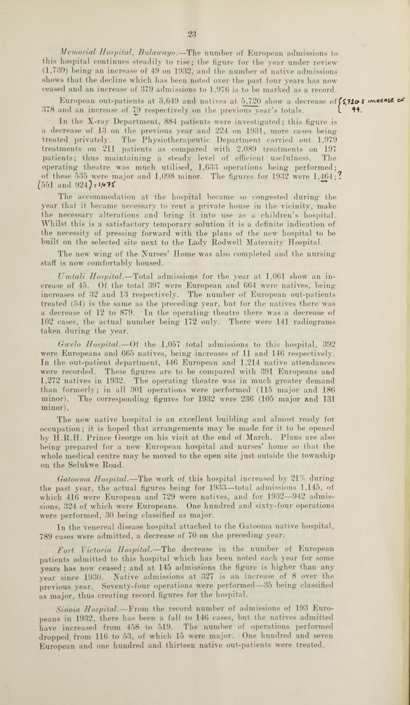 Memorial Hospital, Bulawayo.—The number of European admissions to this hospital continues steadily to rise; the figure for the year under review (1,7-39) being an increase of 49 on 19-32, and the number of native admissions shows that the decline which has been noted over the past four years has now ceased and an increase of 379 admissions to 1,976 is to be marked as a record. European out-patients at 3,649 and natives at -5,720 show a decrease oi($,T-lo 378 and an increase of 79 respectively on the previous year’s totals. I H In the X-ray Department, 884 patients were investigated; this figure is a decrease of 13 on the previous year and 224 on 1931, more cases being treated privately. The Physiotherapeutic Department carried out 1,979 treatments on 211 patients as compared with 2,089 treatments on 197 patients; thus maintaining a steady level of efficient usefulness. The operating theatre was much utilised, 1,633 operations being performed; of these 535 were major and 1,098 minor. The figures for 1932 were 1,464;? (551 and 924.):»,*7^ ~ The a ccommodation at the hospital became so congested during the year that it became necessarv to rent a private house in the vicinity, make the necessary alterations and bring it into use as a children’s hospital. Whilst this is a satisfactory temporary solution it is a definite indication of the necessity of pressing forward with the plans of the new hospital to be built on the selected site next to the Lady Rodwell Maternity Hospital. The new wing of the Nurses’ Home was also completed and the nursing staff is now comfortably housed. TJmtali Hospital.—Total admissions for the year at 1,061 show an in¬ crease of 45. Of the total 397 were European and 664 were natives, being increases of 32 and 13 respectively. The number of European out-patients treated (54) is the same as the preceding year, but for the natives there was a decrease of 12 to 879. In the operating theatre there was a decrease of 102 cases, the actual number being 172 only. There were 141 radiograms taken during the year. Gwelo Hospital.—Of the 1,057 total admissions to this hospital, 392 were Europeans and 665 natives, being increases of 11 and 146 respectively. In the out-patient department, 446 European and 1,214 native attendances were recorded. These figures are to be compared with 391 Europeans and 1,272 natives in 1932. The operating theatre was in much greater demand than formerly; in all 301 operations were performed (115 major and 186 minor). The corresponding figures for 1932 were 236 (105 major and 131 minor). The new native hospital is an excellent building and almost ready for occupation; it is hoped that arrangements may be made for it to be opened by H.R.H. Prince George on his visit at the end of March. Plans are also being prepared for a new European hospital and nurses’ home so that the whole medical centre may be moved to the open site just outside the township on the Selukwe Road. Gatooma Hospital.— The work of this hospital increased by 21% during the past year, the actual figures being for 1933—total admissions 1,145, of which 416 were European and 729 were natives, and for 1932—942 admis¬ sions, 324 of which were Europeans. One hundred and sixty-four operations were performed, 30 being classified as major. In the venereal disease hospital attached to the Gatooma native hospital, 789 cases were admitted, a decrease of 70 on the preceding year. Fort Victoria Hospital.—The decrease in the number of European patients admitted to this hospital which has been noted each year for some years has now ceased; and at 145 admissions the figure is higher than any year since 1930. Native admissions at 327 is an increase of 8 over the previous year. Seventy-four operations were performed—35 being classified as major, thus creating record figures for the hospital. Sinoia Hospital.—From the record number of admissions of 193 Euro¬ peans in 1932, there has been a fall to 146 cases, but the natives admitted have increased from 458 to 519. The number of operations performed dropped, from 116 to 53, of which 15 were major. One hundred and seven European and one hundred and thirteen native out-patients were treated.