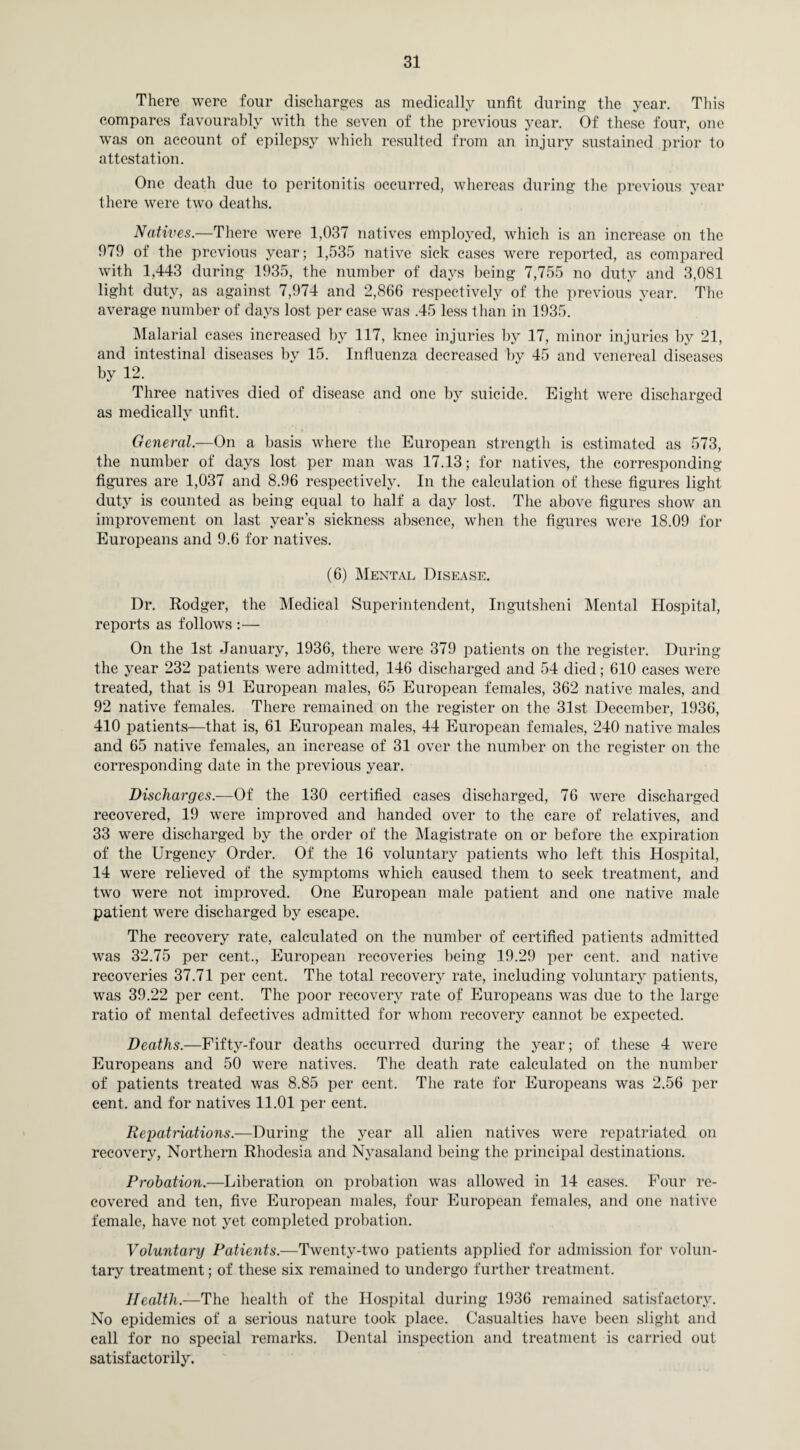 There were four discharges as medically unfit during the year. This compares favourably with the seven of the previous year. Of these four, one was on account of epilepsy which resulted from an injury sustained prior to attestation. One death due to peritonitis occurred, whereas during the previous year there were two deaths. Natives.—There were 1,037 natives employed, which is an increase on the 979 of the previous year; 1,535 native sick cases were reported, as compared with 1,443 during 1935, the number of days being 7,755 no duty and 3,081 light duty, as against 7,974 and 2,866 respectively of the previous year. The average number of days lost per case was .45 less than in 1935. Malarial cases increased by 117, knee injuries by 17, minor injuries by 21, and intestinal diseases by 15. Influenza decreased by 45 and venereal diseases by 12. Three natives died of disease and one by suicide. Eight were discharged as medically unfit. General— On a basis where the European strength is estimated as 573, the number of days lost per man was 17.13; for natives, the corresponding- figures are 1,037 and 8.96 respectively. In the calculation of these figures light duty is counted as being equal to half a day lost. The above figures show an improvement on last year's sickness absence, when the figures were 18.09 for Europeans and 9.6 for natives. (6) Mental Disease. Dr. Rodger, the Medical Superintendent, Ingutsheni Mental Hospital, reports as follows :— On the 1st January, 1936, there were 379 patients on the register. During the year 232 patients were admitted, 146 discharged and 54 died; 610 cases were treated, that is 91 European males, 65 European females, 362 native males, and 92 native females. There remained on the register on the 31st December, 1936, 410 patients—that is, 61 European males, 44 European females, 240 native males and 65 native females, an increase of 31 over the number on the register on the corresponding date in the previous year. Discharges.—Of the 130 certified cases discharged, 76 were discharged recovered, 19 were improved and handed over to the care of relatives, and 33 were discharged by the order of the Magistrate on or before the expiration of the Urgency Order. Of the 16 voluntary patients who left this Hospital, 14 were relieved of the symptoms which caused them to seek treatment, and two were not improved. One European male patient and one native male patient were discharged by escape. The recovery rate, calculated on the number of certified patients admitted was 32.75 per cent., European recoveries being 19.29 per cent, and native recoveries 37.71 per cent. The total recovery rate, including voluntary patients, was 39.22 per cent. The poor recovery rate of Europeans was due to the large ratio of mental defectives admitted for whom recovery cannot be expected. Deaths.—Fifty-four deaths occurred during the year; of these 4 were Europeans and 50 were natives. The death rate calculated on the number of patients treated was 8.85 per cent. The rate for Europeans was 2.56 per cent, and for natives 11.01 per cent. Repatriations.—During the year all alien natives were repatriated on recovery, Northern Rhodesia and Nyasaland being the principal destinations. Probation.—Liberation on probation was allowed in 14 cases. Four re¬ covered and ten, five European males, four European females, and one native female, have not yet completed probation. Voluntary Patients.—Twenty-two patients applied for admission for volun¬ tary treatment; of these six remained to undergo further treatment. Health.—The health of the Hospital during 1936 remained satisfactory. No epidemics of a serious nature took place. Casualties have been slight and call for no special remarks. Dental inspection and treatment is carried out satisfactorily.