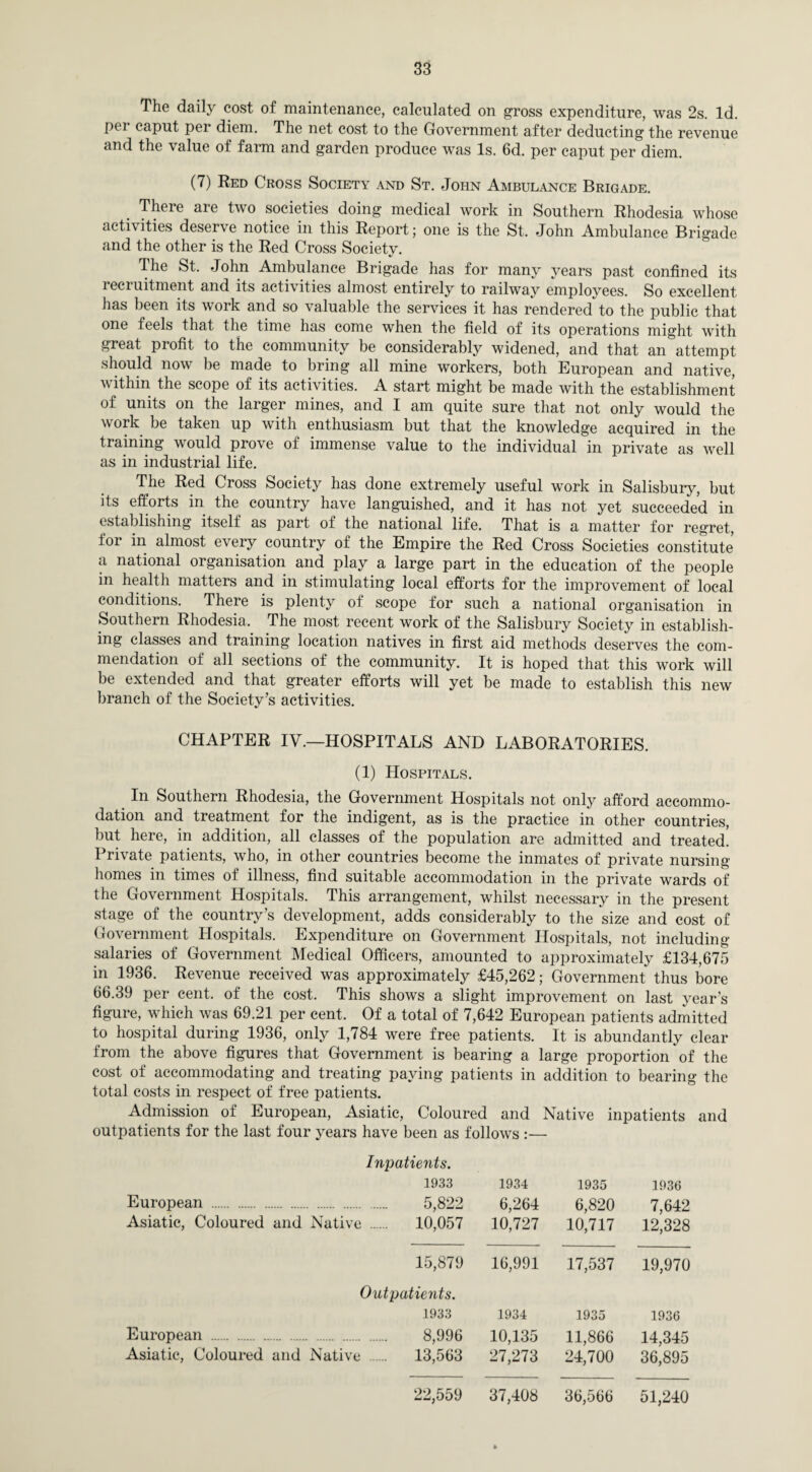 The daily cost of maintenance, calculated on gross expenditure, was 2s. Id. per caput per diem. The net cost to the Government after deducting the revenue and the value of farm and garden produce was Is. 6d. per caput per diem. (7) Red Cross Society and St. John Ambulance Brigade. There aie two societies doing medical work in Southern Rhodesia whose activities desei\e notice in this Report; one is the St. John Ambulance Brigade and the other is the Red Cross Society. The St. John Ambulance Brigade has for many years past confined its reciuitment and its acti\ities almost entirely to railway employees. So excellent has been its work and so valuable the services it has rendered to the public that one feels that the time has come when the field of its operations might with great profit to the community be considerably widened, and that an attempt should now be made to bring all mine workers, both European and native, within the scope of its activities. A start might be made with the establishment of units on the larger mines, and I am quite sure that not only would the work be taken up with enthusiasm but that the knowledge acquired in the training would prove of immense value to the individual in private as well as in industrial life. The Red Cross Society has done extremely useful work in Salisbury, but its efforts in the country have languished, and it has not yet succeeded in establishing itself as part ot the national life. That is a matter for regret, for in almost every country of the Empire the Red Cross Societies constitute a national organisation and play a large part in the education of the people in health matters and in stimulating local efforts for the improvement of local conditions. There is plenty of scope for such a national organisation in Southern Rhodesia, The most recent work of the Salisbury Society in establish¬ ing classes and training location natives in first aid methods deserves the com¬ mendation of all sections of the community. It is hoped that this work will be extended and that greater efforts will yet be made to establish this new branch of the Society’s activities. CHAPTER IV.—HOSPITALS AND LABORATORIES. (1) Hospitals. In Southern Rhodesia, the Government Hospitals not only afford accommo¬ dation and treatment for the indigent, as is the practice in other countries, but here, in addition, all classes of the population are admitted and treated. Private patients, who, in other countries become the inmates of private nursing- homes in times of illness, find suitable accommodation in the private wards of the Government Hospitals. This arrangement, whilst necessary in the present stage of the country’s development, adds considerably to the size and cost of Government Hospitals. Expenditure on Government Hospitals, not including salaries of Government Medical Officers, amounted to approximately £134,675 in 1936. Revenue received was approximately £45,262; Government thus bore 66.39 per cent, of the cost. This shows a slight improvement on last year's figure, which was 69.21 per cent. Of a total of 7,642 European patients admitted to hospital during 1936, only 1,784 were free patients. It is abundantly clear from the above figures that Government is bearing a large proportion of the cost of accommodating and treating paying patients in addition to bearing the total costs in respect of free patients. Admission of European, Asiatic, Coloured and Native inpatients and outpatients for the last four years have been as follows :— Inpatients. 1933 1934 1935 1936 European . . 5,822 6,264 6,820 7,642 Asiatic, Coloured and Nativ e . 10,057 10,727 10,717 12,328 15,879 Outpatients. 16,991 17,537 19,970 1933 1934 1935 1936 European . . 8,996 10,135 11,866 14,345 Asiatic, Coloured and Nativ e . 13,563 27,273 24,700 36,895 22,559 37,408 t 36,566 51,240