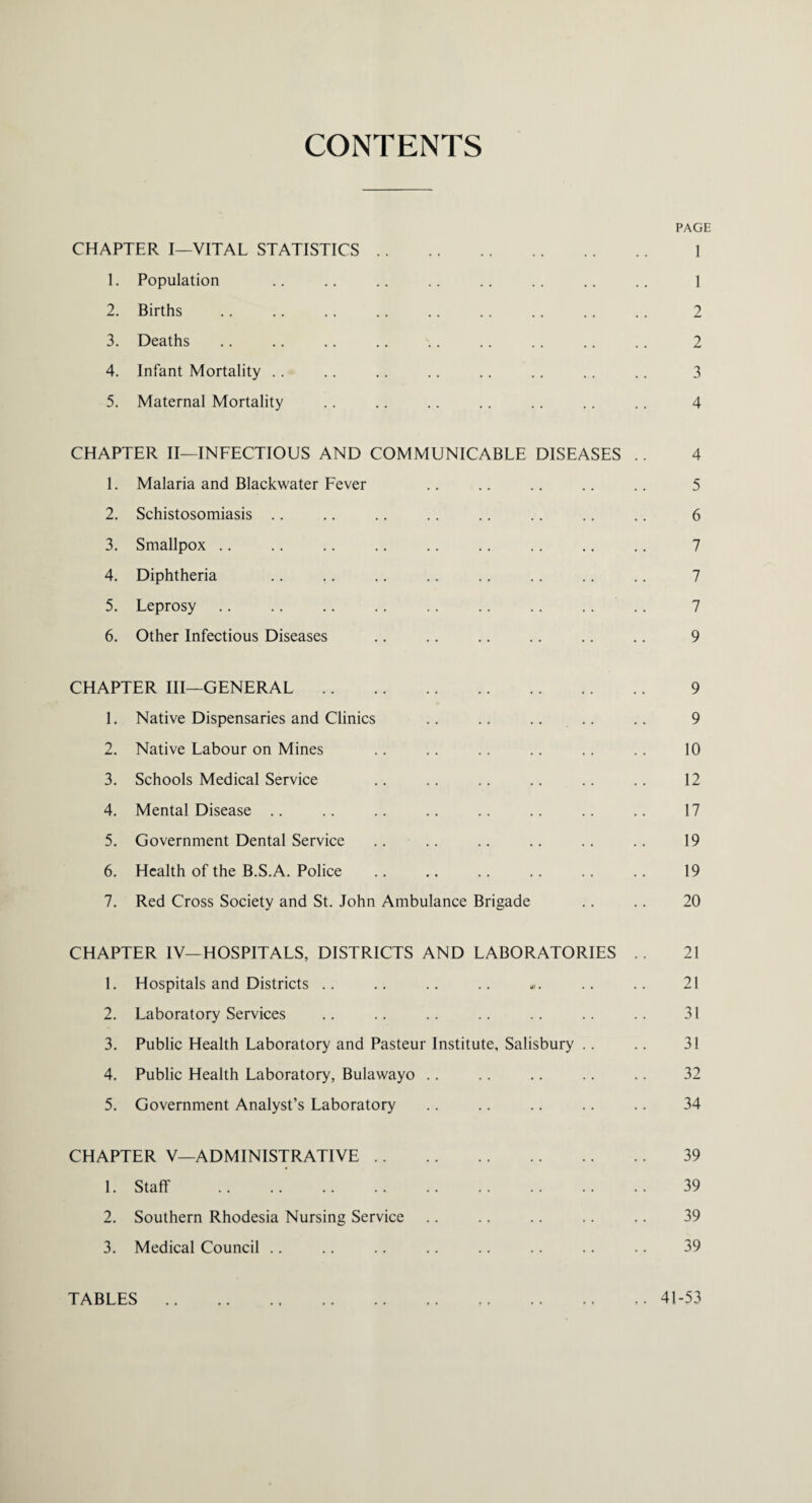 CONTENTS PAGE CHAPTER I—VITAL STATISTICS .. . . 1 1. Population . . 1 2. Births . . 2 3. Deaths . . 2 4. Infant Mortality . . 3 5. Maternal Mortality . . 4 CHAPTER II—INFECTIOUS AND COMMUNICABLE DISEASES . . 4 1. Malaria and Blackwater Fever 5 2. Schistosomiasis 6 3. Smallpox 7 4. Diphtheria 7 5. Leprosy 7 6. Other Infectious Diseases 9 CHAPTER III—GENERAL . 9 1. Native Dispensaries and Clinics 9 2. Native Labour on Mines 10 3. Schools Medical Service 12 4. Mental Disease 17 5. Government Dental Service 19 6. Health of the B.S.A. Police 19 7. Red Cross Society and St. John Ambulance Brigade 20 CHAPTER IV—HOSPITALS, DISTRICTS AND LABORATORIES .. 21 1. Hospitals and Districts • • 10 • • • • • 21 2. Laboratory Services . . 31 3. Public Health Laboratory and Pasteur Institute, Salisbury .. 31 4. Public Health Laboratory, Bulawayo .. . . 32 5. Government Analyst’s Laboratory . . 34 CHAPTER V—ADMINISTRATIVE .. • • • • . . • • 39 1. Staff . . 39 2. Southern Rhodesia Nursing Service . . 39 3. Medical Council .. 39 TABLES 41-53