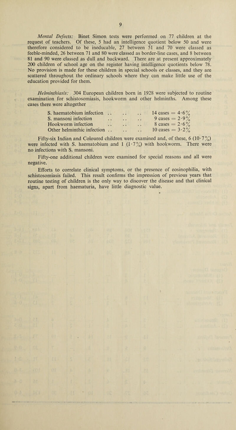 Mental Defects: Binet Simon tests were performed on 77 children at the request of teachers. Of these, 5 had an intelligence quotient below 50 and were therefore considered to be ineducable, 27 between 51 and 70 were classed as feeble-minded, 26 between 71 and 80 were classed as border-line cases, and 8 between 81 and 90 were classed as dull and backward. There are at present approximately 200 children of school age on the register having intelligence quotients below 78. No provision is made for these children in special schools or classes, and they are scattered throughout the ordinary schools where they can make little use of the education provided for them. Helminthiasis: 304 European children born in 1928 were subjected to routine examination for schistosomiasis, hookworm and other helminths. Among these cases there were altogether S. haematobium infection .. S. mansoni infection Hookworm infection Other helminthic infection .. 14 cases = 4-6% 9 cases = 2-9% 8 cases = 2 • 6 % 10 cases = 3-2% Fifty-six Indian and Coloured children were examined and, of these, 6 (10-7%) were infected with S. haematobium and 1 (1*7%) with hookworm. There were no infections with S. mansoni. Fifty-one additional children were examined for special reasons and all were negative. Efforts to correlate clinical symptoms, or the presence of eosinophilia, with schistosomiasis failed. This result confirms the impression of previous years that routine testing of children is the only way to discover the disease and that clinical signs, apart from haematuria, have little diagnostic value.