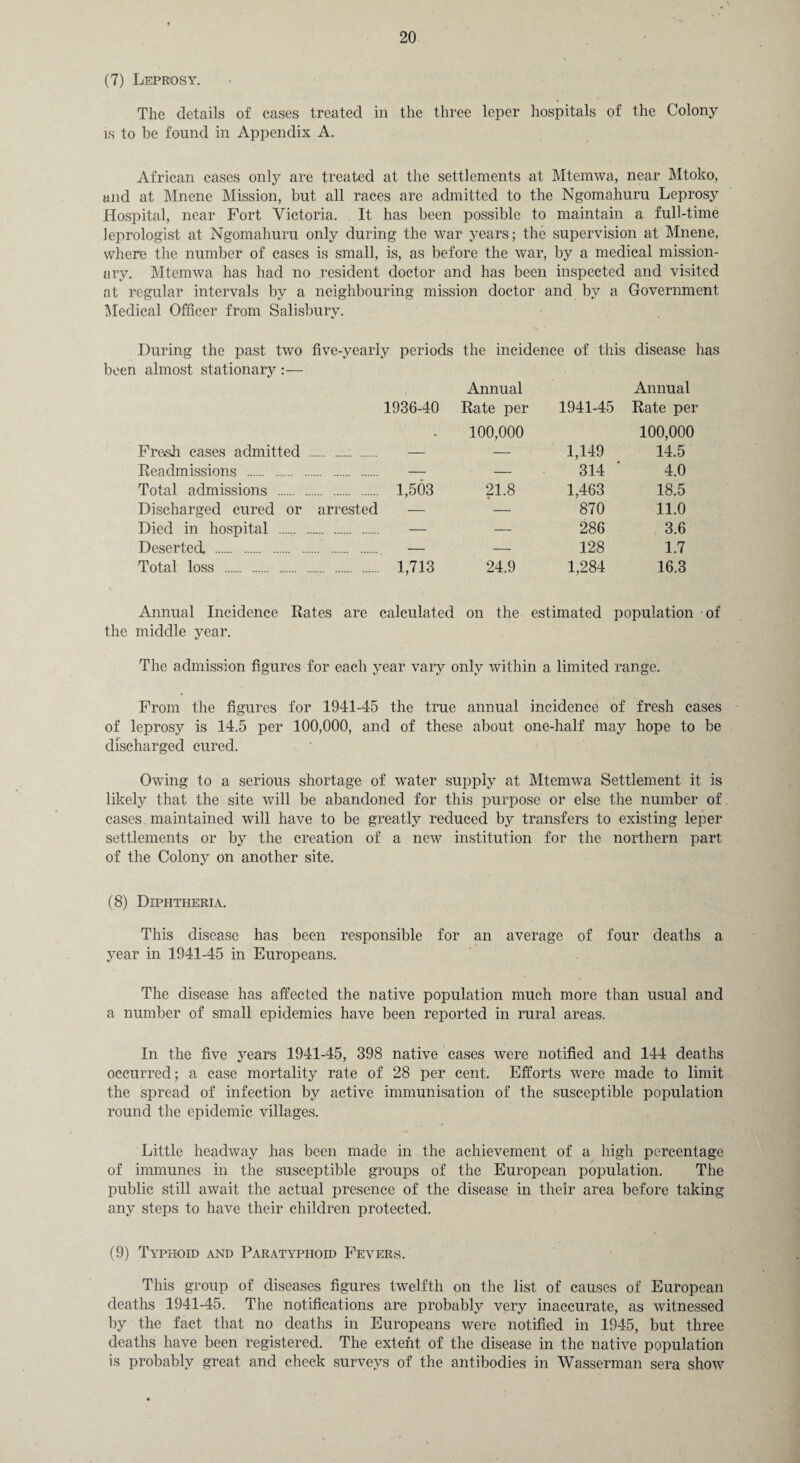 (7) Leprosy. The details of cases treated in the three leper hospitals of the Colony is to be found in Appendix A. African cases only are treated at the settlements at Mtemwa, near Mtoko, und at Mnene Mission, but all races are admitted to the Ngomahuru Leprosy Hospital, near Fort Victoria. It has been possible to maintain a full-time Jeprologist at Ngomahuru only during the war years; the supervision at Mnene, where the number of cases is small, is, as before the war, by a medical mission¬ ary. Mtemwa has had no resident doctor and has been inspected and visited at regular intervals by a neighbouring mission doctor and by a Government Medical Officer from Salisbury. During the past two five-yearly periods the incidence of this disease has almost stationary:— Annual Annual 1936-40 Rate per 1941-45 Rate per • 100,000 100,000 Fresh cases admitted -- — 1,149 14.5 Readmissions . — — 314 4.0 Total admissions . . 1,503 21.8 1,463 18.5 Discharged cured or arrested — 870 11.0 Died in hospital . . — — 286 3.6 Deserted . . — — 128 1.7 Total loss . 1,713 24.9 1,284 16.3 Annual Incidence Rates are calculated on the estimated population of the middle year. The admission figures for each year vary only within a limited range. From the figures for 1941-45 the true annual incidence of fresh cases of leprosy is 14.5 per 100,000, and of these about one-half may hope to be discharged cured. Owing to a serious shortage of water supply at Mtemwa Settlement it is likely that the site will be abandoned for this purpose or else the number of cases. maintained will have to be greatly reduced by transfers to existing leper settlements or by the creation of a new institution for the northern part of the Colony on another site. (8) Diphtheria. This disease has been responsible for an average of four deaths a year in 1941-45 in Europeans. The disease has affected the native population much more than usual and a number of small epidemics have been reported in rural areas. In the five years 1941-45, 398 native cases were notified and 144 deaths occurred; a case mortality rate of 28 per cent. Efforts were made to limit the spread of infection by active immunisation of the susceptible population round the epidemic villages. Little headway has been made in the achievement of a high percentage of immunes in the susceptible groups of the European population. The public still await the actual presence of the disease in their area before taking any steps to have their children protected. (9) Typhoid and Paratyphoid Fevers. This group of diseases figures twelfth on the list of causes of European deaths 1941-45. The notifications are probably very inaccurate, as witnessed by the fact that no deaths in Europeans were notified in 1945, but three deaths have been registered. The extent of the disease in the native population is probably great and check surveys of the antibodies in Wasserman sera show