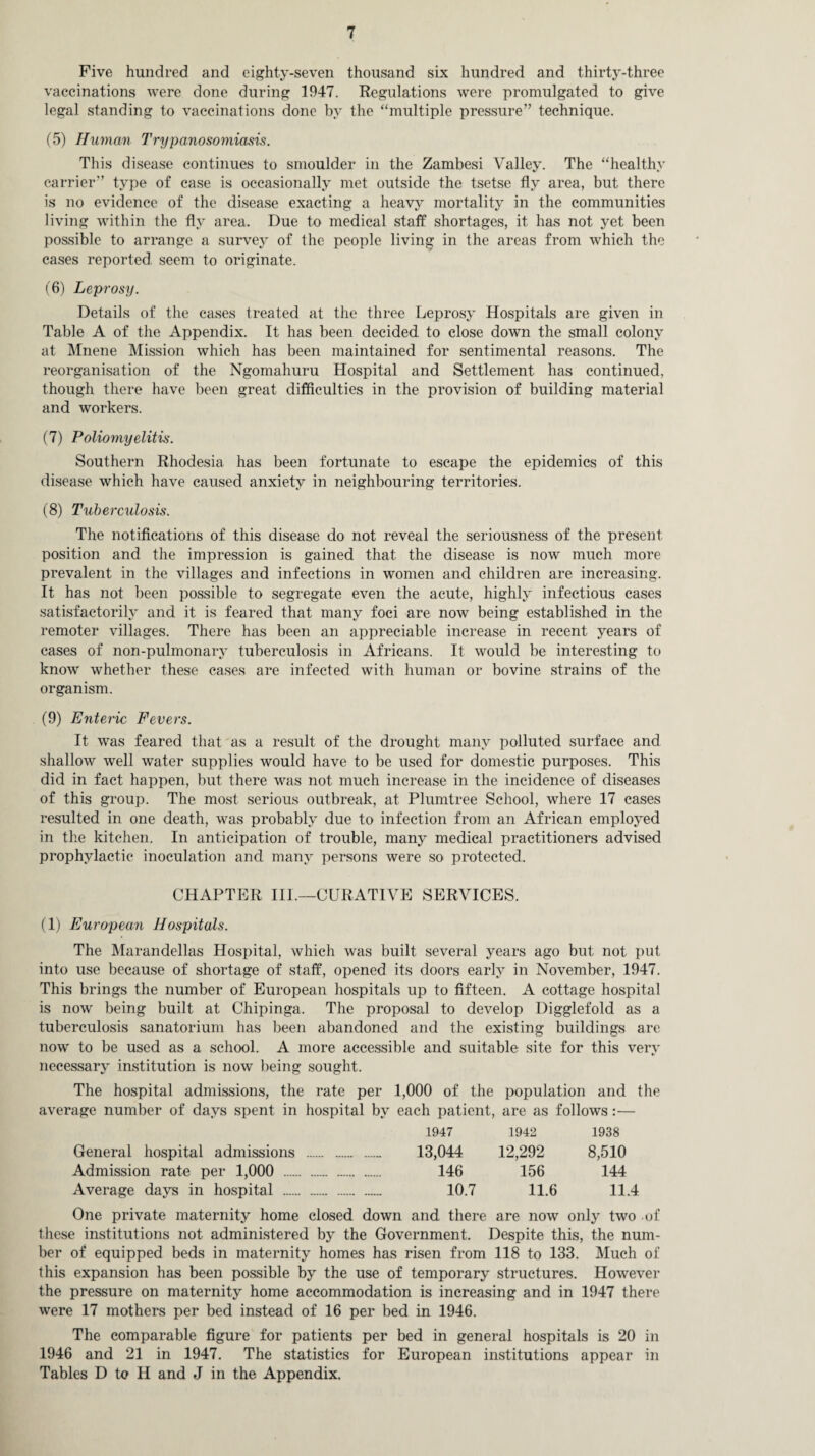 Five hundred and eighty-seven thousand six hundred and thirty-three vaccinations were done during 1947. Regulations were promulgated to give legal standing to vaccinations done by the “multiple pressure” technique. (5) Human Trypanosomiasis. This disease continues to smoulder in the Zambesi Valley. The “healthy carrier” type of case is occasionally met outside the tsetse fly area, but there is no evidence of the disease exacting a heavy mortality in the communities living within the fly area. Due to medical staff shortages, it has not yet been possible to arrange a survey of the people living in the areas from which the cases reported seem to originate. (6) Leprosy. Details of the cases treated at the three Leprosy Hospitals are given in Table A of the Appendix. It has been decided to close down the small colony at Mnene Mission which has been maintained for sentimental reasons. The reorganisation of the Ngomahuru Hospital and Settlement has continued, though there have been great difficulties in the provision of building material and workers. (7) Poliomyelitis. Southern Rhodesia has been fortunate to escape the epidemics of this disease which have caused anxiety in neighbouring territories. (8) Tuberculosis. The notifications of this disease do not reveal the seriousness of the present position and the impression is gained that the disease is now much more prevalent in the villages and infections in women and children are increasing. It has not been possible to segregate even the acute, highly infectious cases satisfactorily and it is feared that many foci are now being established in the remoter villages. There has been an appreciable increase in recent years of cases of non-pulmonary tuberculosis in Africans. It would be interesting to know whether these cases are infected with human or bovine strains of the organism. (9) Enteric Fevers. It was feared that as a result of the drought many polluted surface and shallow well water supplies would have to be used for domestic purposes. This did in fact happen, but there was not much increase in the incidence of diseases of this group. The most serious outbreak, at Plumtree School, where 17 cases resulted in one death, was probably due to infection from an African employed in the kitchen. In anticipation of trouble, many medical practitioners advised prophylactic inoculation and many persons were so protected. CHAPTER III.—CURATIVE SERVICES. (1) European Hospitals. The Marandellas Hospital, which was built several years ago but not put into use because of shortage of staff, opened its doors early in November, 1947. This brings the number of European hospitals up to fifteen. A cottage hospital is now being built at Chipinga. The proposal to develop Digglefold as a tuberculosis sanatorium has been abandoned and the existing buildings are now to be used as a school. A more accessible and suitable site for this very necessary institution is now being sought. The hospital admissions, the rate per 1,000 of the population and the average number of days spent in hospital by each patient, are as follows:— 1947 1942 1938 General hospital admissions . 13,044 12,292 8,510 Admission rate per 1,000 . 146 156 144 Average days in hospital . 10.7 11.6 11.4 One private maternity home closed down and there are now only two of these institutions not administered by the Government. Despite this, the num¬ ber of equipped beds in maternity homes has risen from 118 to 133. Much of this expansion has been possible by the use of temporary structures. However the pressure on maternity home accommodation is increasing and in 1947 there were 17 mothers per bed instead of 16 per bed in 1946. The comparable figure for patients per bed in general hospitals is 20 in 1946 and 21 in 1947. The statistics for European institutions appear in Tables D to II and J in the Appendix.