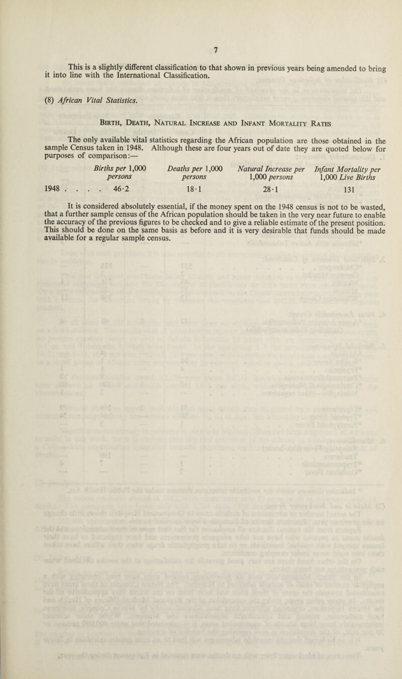 This is a slightly different classification to that shown in previous years being amended to bring it into line with the International Classification. (8) African Vital Statistics. Birth, Death, Natural Increase and Infant Mortality Rates The only available vital statistics regarding the African population are those obtained in the sample Census taken in 1948. Although these are four years out of date they are quoted below for purposes of comparison:— Births per 1,000 persons Deaths per 1,000 persons Natural Increase per 1,000 persons Infant Mortality per 1,000 Live Births 1948 .... 46*2 18-1 28-1 131 It is considered absolutely essential, if the money spent on the 1948 census is not to be wasted, that a further sample census of the African population should be taken in the very near future to enable the accuracy of the previous figures to be checked and to give a reliable estimate of the present position. This should be done on the same basis as before and it is very desirable that funds should be made available for a regular sample census.