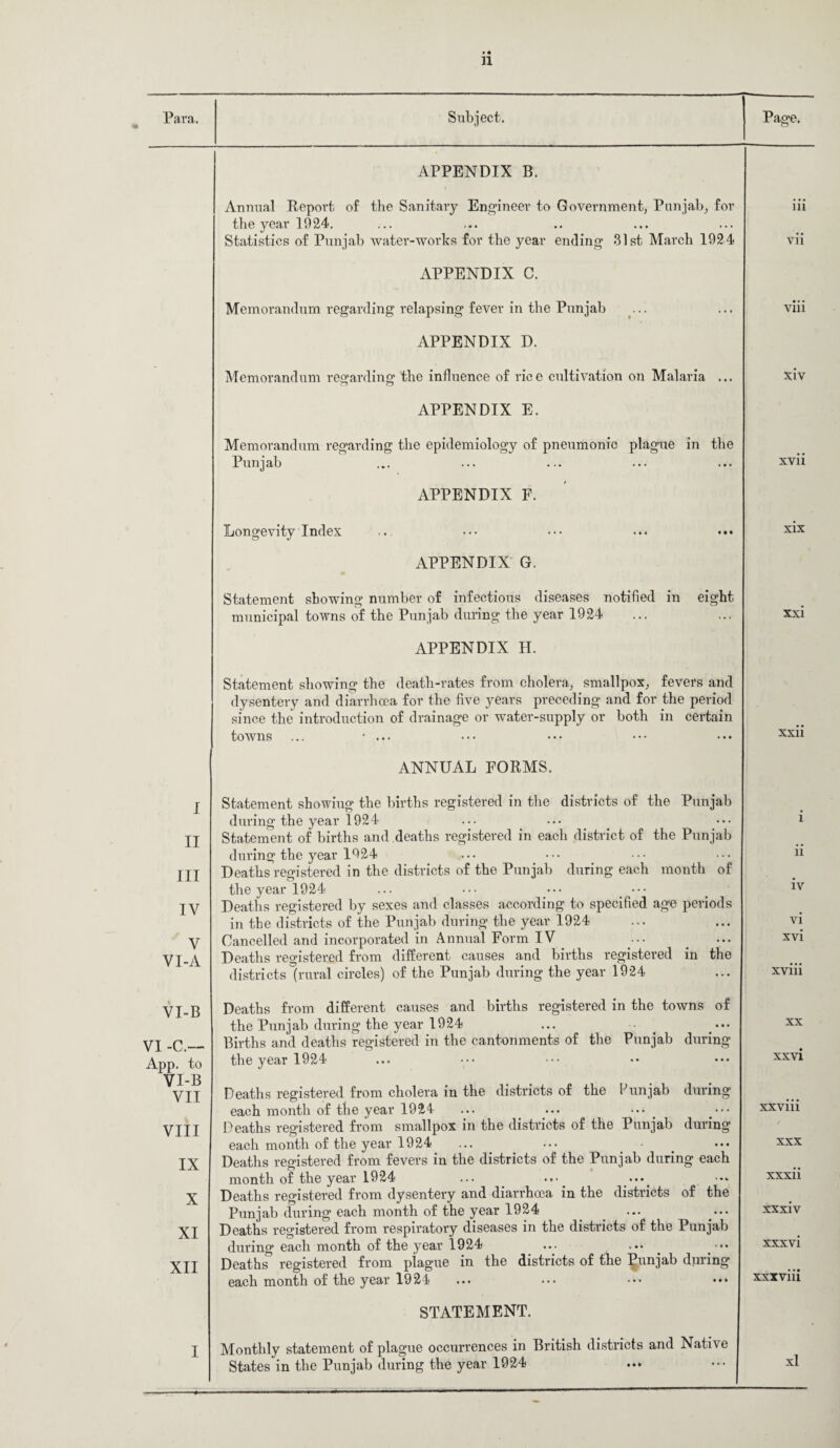 Para. Subject. Page. APPENDIX B. Annual Report of the Sanitary Engineer to Government, Punjab, for iii the year 1924. Statistics of Punjab water-works for the year ending 31st March 1924 vii APPENDIX C. Memorandum regarding relapsing fever in the Punjab viii APPENDIX D. Memorandum regarding the influence of rice cultivation on Malaria ... xiv APPENDIX E. Memorandum regarding the epidemiology of pneumonic plague in the Punjab xvii APPENDIX F. Longevity Index ••• ••• • •• ••• xix APPENDIX G. Statement showing number of infectious diseases notified in eight municipal towns of the Punjab during the year 1924 xxi APPENDIX H. Statement showing the death-rates from cholera, smallpox, fevers and dysentery and diarrhoea for the five years preceding and for the period since the introduction of drainage or water-supply or both in certain towns ... * ... xxii J ANNUAL FORMS. Statement showing the births registered in the districts of the Punjab during the year 1924 i II Statement of births and deaths registered in each district of the Punjab during the year 1924 ii III Deaths registered in the districts of the Punjab during each month of the year 1924 iv IV Deaths registered by sexes and classes according to specified age periods in the districts of the Punjab during the year 1924 vi y Cancelled and incorporated in Annual Form IV xvi VI-A Deaths registered from different causes and births registered in the districts (rural circles) of the Punjab during the year 1924 xviii VI-B Deaths from different causes and births registered in the towns of the Punjab during the year 1924 XX VI -C.~ Births and deaths registered in the cantonments of the Punjab during App. to the year 1924 xxvi VI-B VII Deaths registered from cholera in the districts of the Punjab during each month of the year 1924 xxviii VIII Deaths registered from smallpox in the districts of the Punjab during ✓ each month of the year 1924 XXX IX Deaths registered from fevers in the districts of the Punjab during each month of the year 1924 xxxii x Deaths registered from dysentery and diarrhoea in the districts of the Punjab during each month of the year 1924 xxxiv XI Deaths registered from respiratory diseases in the districts of the Punjab during each month of the year 1924 xxxvi XII Deaths registered from plague in the districts of the Punjab djiring xxxviii each month of the year 1924 I STATEMENT. Monthly statement of plague occurrences in British districts and Native xl States in the Punjab during the year 1924