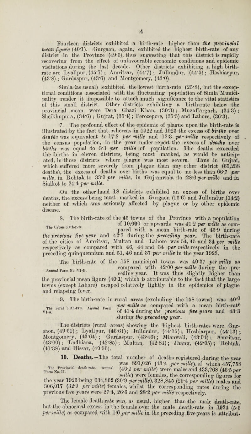 Fourteen districts exhibited a birth-rate higher than the provincial mean figure (40*1). Gurgaon, again, exhibited the highest birth-rate of any district in the Province (49*6), thus suggesting that this district is rapidly recovering from the effect of unfavourable economic conditions and epidemic visitations during the last decade. Other districts exhibiting a high birth¬ rate are Lyallpur, (45*7) ; Amritsar, (44*7) ; Jnllundur, (44*5) ; Hoshiarpur, (43*8) ; Gurdaspur, (43*6) and Montgomery, (43*0). Simla (as usual) exhibited the lowest birth-rate (25*8), but the excep¬ tional conditions associated with the fluctuating population of Simla Munici¬ pality render it impossible to attach much significance to the vital statistics of this small district. Other districts exhibiting a birth-rate below the provincial mean were Dera Ghazi Khan, (30'3) ; Muzaffargarh, (34'3) ; Sheikhupura, (34*6) ; Gujrat, (35*4); Ferozepore, (35*5) and Lahore, (36'3). 7. The profound effect of the epidemic of plague upon the birth-rate is illustrated by the fact that, whereas in 1922 and 1923 the excess of births over deaths was equivalent to 17'2 per mille and 12*3 per mille respectively of the census population, in the year under report the excess of deaths over births was equal to 3*3 per mille of population. The deaths exceeded the births in eleven districts, being most marked, as would be anticip¬ ated, in those districts where plague was most severe. Thus in Gujrat, which suffered more severely from plague than any other district (65,238 deaths), the excess of deaths over births was equal to no less than 66*7 per mille, in Kohtak to 33*0 per mille, in Gujranwala to 28*6 per mille and in Sialkot to 24*4 per mille. On the other hand 18 districts exhibited an excess of births over deaths, the excess being most marked in Gurgaon (16-6) and Jullundur (14*2) neither of which was seriously affected by plague or by other epidemic disease. 8. The birth-rate of the 45 towns of the Province with a population of 10,000 or upwards was 41*2 per mille as com¬ pared with a mean birth-rate of 43'9 during 42*7 during the preceding gear. The birth-rate Multan and Lahore was 54, 45 and 34 per mille respectively as compared with 46, 44 and 34 per mille respectively in the preceding quinquennium and 51, 46 and 37 per mille in the year 1923. The Urban birth-rate. the previous five year and of the cities of Amritsar, The birth-rate of the 158 municipal towns was 40'37 per mille as , „ XT „ _ compared with 42*00 per mille during the pre- Annual F orm ^ o« v J • r>, i * t i % •* ceding year. It was thus slightly higher than the provincial mean figure (40*1) which is attributable to the fact that the large towns (except Lahore) escaped relatively lightly in the epidemics of plague and relapsing fever. The Vl-A. The birth-rate in rural areas (excluding the 158 towns) was 40*0 per mille as compared with a mean birth-rate of 41*4 during the previous five years and 43*3 during the preceding year. 9. rural birth-rate. Annual Form The districts (rural areas) showing the highest birth-rates were Gur¬ gaon, (49’61) ; Lyallpur, (46*61); Jullundur, (44*15); Hoshiarpur, (44*13) ; Montgomery, (43*64); Gurdaspur, (43*46) ; Mianwali, (43*04); Amritsar, (43*00); Ludhiana, (42*85) ; Multan, (42*84); Jhang, (42*05) ; Bohtak, (41*38) and Ilissar, (40 56). 10. Deaths.—The total number of deaths registered during the year was 891,026 (43*4 per mille), of which 457,758 Fom^r?!mCml deatb rate* Annual (40*3 per mille) were males and 433,268 (46*5 per mille) were females, the corresponding figures for the year 1923 being 634,862 (30*9 per mille), 328,845 (29*4per mille) males and 306,017 (32*9 per mille) females, whilst the corresponding rates during the previous five years were 27*4, 26*6 and 28*2 per mille respectively. The female death-rate was, as usual, higher than the male death-rate, but the abnormal excess in the female over the male death-rate in 1924 (5*6 per mille) as compared with 1*6 per mille in the preceding five years is attribufc-