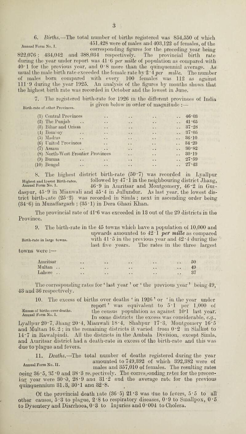 6. Births.—The total number of births registered was 854,550 of which . . __ T 451,428 were of males and 403,122 of females, of the corresponding figures lor the preceding year being 822,076 ; 434,042 and 388,034 respectively. The provincial birth rate during the year under report was 41 ‘6 per mille of population as compared with 40’1 for the previous year, and 0*8 more than the quinquennial average. As usual the male birth rate exceeded the female rate by 2 • 4 per mille. The number of males bom compared with every 100 females was 112 as against 111‘9 during the year 1925. An analysis of the figures by months sIioavs that the highest birth rate Avas recorded in October and the loAvest in June. 7. The registered birth-rate for 1926 in the different pro Amices of India Birth-rate of other Provinces. is given below in order of magnitude :— (1) Central Provinces .. .. .. .. 46*03 (2) The Punjab .. .. .. .. ..41*65 (3) Bihar and Orissa .. .. .. ..37*28 (4) Bomtiay .. .. .. .. ..37*05 (5) Madras .. .. .. .. ..36*10 (6) United Provinces .. .. .. ..34*20 (7) Assam .. .. .. .. .. 30*82 (8) North-West Frontier Provinces ., .. ..30*19 (9) Burma .. .. .. .. .. 27*59 (10) Bengal .. .. .. .. ..27*43 8. The highest district birth-rate (50*7) was recorded in Lyallpur Highest and lowest Birth-rates. Animal Form No. 1. followed by 47 * 1 in the neighbouring district Jhang, 46*9 in Amritsar and Montgomery, 46*2 in Gur- daspur, 45*9 in Mianwali and 45*4 in Jullundur. As last year, the lowest dis¬ trict birth-rate (25*2) was recorded in Simla; next in ascending order being (34*6) in Muzaffargarh ; (35*1) in Dera Gliazi Khan. The provincial rate of 41'6 Avas exceeded in 13 out of the 29 districts in the Province. 9. The birth-rate in the 45 towns which have a population of 10,000 and upAvards amounted to 42 * 1 per mille as compared Birth-rate in large towns. Avith 41 *5 in the previous year and 42 *4 during the last five vears. The rates in the three largest V O toAvns Avere :— Amritsar Multan .. Lahore .. 50 49 37 The corresponding rates for ‘ last year ’ or ‘ the previous year ’ being 49, 43 and 36 respectively. 10. The excess of births over deaths ‘ in 1926 ’ or ‘in the year under report’ Avas equivalent to 5*1 per 1,000 of Excess of births over deaths. the census population as against 10*1 last vear. Annual .Form .No. 1. -r i • j • v j i • i -»i ^ In some districts the excess Avas considerable, e.g., Lyallpur 20*7, Jhang 20*4, Mianwali 18*4, Shahpur 17*3, Montgomery 16*5 and Multan 16.2 ; in the remaining districts it varied from 0*2 in Sialkot to 14*7 in Rawalpindi. All the districts in the Ambala Division, except Simla, and Amritsar district had a death-rate in excess of the birth-rate and this was due to plague and fevers. Annual Form No. II. 11. Deaths.—The total number of deaths registered during the year amounted to 749,392 of Avhich 392,382 Avere of males and 357,010 of females. The resulting rates oeing 36*5, 35*0 and 38*3 respectively. The corresponding rates for the preced¬ ing year Avere 30*0, 28*9 ana 31*2 and the average rate for the previous quinquennium 31.3, 30*1 ana 32*8. Of the provincial death late (36*5) 21*3 was due to fevers, 5*5 to all other causes, 5*3 to plague, 2*8 to respiratory diseases, 0*9 to Smallpox, 0*5 to Dysentery and Diarrhoea, 0*3 to Injuries and 0 *004 to Cholera.