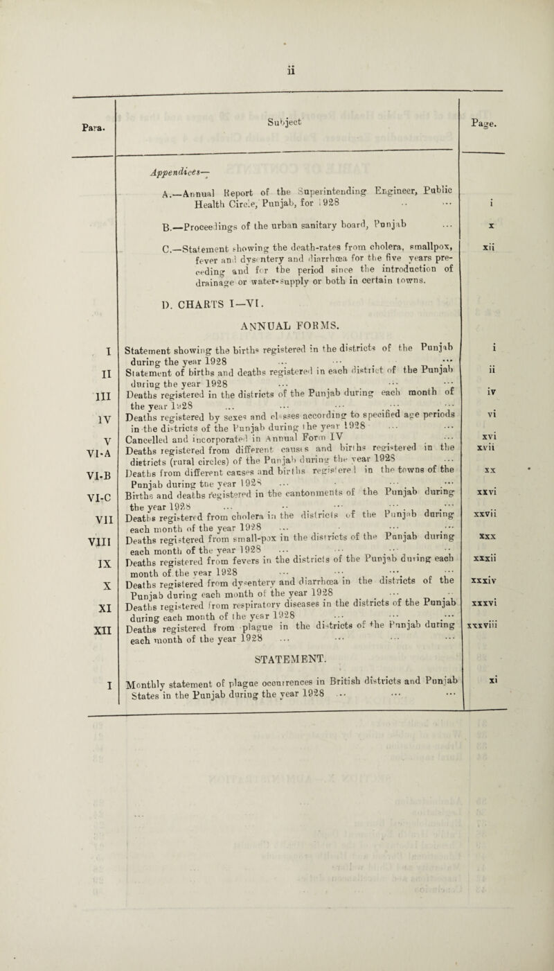 Para. I II III 1Y V VI* A VI-B VI-C VII VIII IX X XI XII I Subject Page. Appendices— A.—Annual Heport of the Superintending Engineer, Public Health Circle, Punjab, for 1928 •g,_Proceedings of the urban sanitary board, Punjab C.—Statement showing the death-rates from cholera, smallpox, fever and dysentery and diarrhoea for the five years pre¬ ceding and for the period since the introduction of drainage or water-supply or both in certain towns. 1). CHARTS I—VI. ANNUAL FORMS. Statement showing the birth* registered in the districts of the Punjab during the year 1928 ••• Statement of births and deaths registered in each district of the Punjab during the year 1928 • Deaths registered in the districts of the Punjab during each month of the year 1^28 ... ••• ••• . ••• . Deaths registered by sexes and classes according to specified age periods in the districts of the Punjab during ihe year 1928 Cancelled and incorporated in Annual Form IV. . • Deaths registered from different causts and births registered in the dietricts (rural circles) of the Punjab during the year 192S Deaths from different causes and births regts ere 1 in the towns of the Punjab during tne year 192s ... • .*•* Births and deaths Registered in the cantonments of the 1 unjab during the year 1928 ... •• . . , , Deaths registered from cholera in the districts of tne Punjab during each month of the year 1928 .... • * . .  Deaths registered from small-pox in the districts of the Punjab during each month of the year 1928 ... ••• . . ” Deaths registered from fevers in the districts of the Punjab during each month of. the year 1928 — , —. ,, 'I*., , Deaths registered from dysentery and diarrhoea m the districts ot the Punjab during each month of the year 1928 . . m- Deaths registered from respiratory diseases in the districts of the Punjab during each month of the year 1928 Deaths registered from plague in the districts of +he 1 unjab during each month of the year 1928 xu 11 iv vi xvi xv ii xx xxvi xxvii XXX xxxii xxxiv xxxvi xxxviii STATEMENT. » Monthly statement of plague occurrences in British districts and Punjab States in the Punjab duriug the year 1928 ...