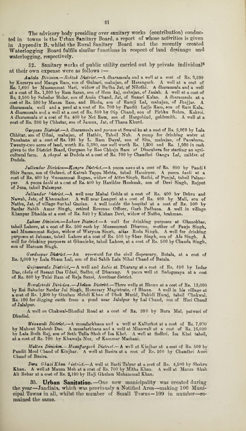 The advisory body presiding over sanitary works (contribution) conduc¬ ted in towns is the Urban Sanitary Board, a report of whose activities is given in Appendix B, whilst the Rural Sanitary Board and the recently created Waterlogging Board fulfils similar functions in respect of land drainage and waterlogging, respectively. 32. Sanitary works of public utility carried out by private individual8 at their own expense were as follows : — Ambala Division.—Rohtak District.—A dharamsala and a well at a cost of Rs. 3,200 by Kurarya. and Manga Ram, son of Gulzari, mahajan, of Hasangarh. A well at a cost of Rs. 1,400 by Mussammat Mari, widow of Budha Jat, of Nilotbi. A dharamsala and a well at a cost of Re. 1,200 by Ram Saran, son of Hem 3aj, mahajan, of Jasiab. A well at a cost of Rs. 2,500 by Subedar Molar, son of Amin Cband, Jat, of Sunari Kalan. A dharamsala at a cost of Rs. 500 by Mansa Ram, and Bholu, son of Ramji Lai, mahajan, of Jhajjar. A dharamsala, well and a pond at a cost of Rs. 700 by Pandit Lajje Ram, son of Ram Kala. A dharamsala and a well at a cost of Rs. 300 by Dip Chand, son of Pirbhu Bohra, Kakroi. A dharamsala at a cost of Rs. 400 by Net Ram, son of Hargobind, goldsmith. A well at a cost of Rs. 200 by Chhatar, son of Jamna, Jat, of Thana Khurd. Gurgaon District.—A dharamsala and paraou at Swami ka at a cost of Rs. 3,0C0 by Lala Chhitar, son of Udmi, mahajan, of Hathia, Tahsil Nuh. A pump for drinking water at Punabana at a cost of Rs. 195 by L. Ram Dayal, son of Sita, mahajan, of Pnnahana. Twenty-two acres of land, worth Rs. 3,300, one well worth Rs. 1,200 and Rs. 1,000 in cash given to the District Board, Gurgaon by Rao Chhaju Ram of Dharuhera for starting an agri¬ cultural farm. A chopal at Dudola at a cost of Rs. 700 by Chaudhri Ganga Lai, zaildar, of Dudola. Jullundur Division—Kangra District.—A pucca naun at a cost of Rs. 800 by Pandit Shiv Saran, son of Gulzari, of Katrah Tappa Mehta, tahsil Hamirpnr. A pucca baoli at a cost of Rs. 400 by Mussammat Rupan, widow of AttroSingh, Rathi, of Punjal, tahsil Palam- pur. A pucca baoli at a cost of Rs. 400 by Havildar Hoshnak, son of Devi Singh, Rajput of Jona, tahsil Palampur. Jullundur District.—A well near Mahal Gehla at a cost of Rs. 400 by Dehru and Nawab, Jats, of Khamachar. A well near Langeri at a cost of Rs. 400 by Mali, son of Nathu, Jat, of village Sarhal Qazian. A well inside the hospital at a cost of Rs. 500 by Sardar Sahib Amar Singh, retired Revenue Officer, Garh Padhana. A well in village Khanpur Dhadda at a cost of Rs. 340 by Kishan Devi, widow of Nathu, brahman. Lahore Division.— Lahore District.—A well for drinking purposes at Ghanokhar, tahsil Lahore, at a cost of Rs. 500 eaoh by Mussammat Dharmo, mother of Fauja Singh, and Mussammat Rajan, widow of Waryara Singh, alias Roda Singh. A well for drinking purposes at Jahman, tahsil Lahore at a cost of Rs. 500 by Sber Singh, son of Ala Singh. A well for drinking purposes at Gbanieke, tahsil Lahore, at a cost of Rs. 500 by Chanda Singh, son of Harnam Singh. Gurdaspur District.— An eye-ward for the civil dispensary, Batala, at a cost of Rs. 3,000 by Lala Sham Lai, son of Rai Sahib Lala Nihal Chand of Batala. Gujranwala District,— A well and hutia at Dbarang at a cost of Rs. 400 by Indar Das, chela of Basant Das Udasi, Sadhu, of Dbarang. A pacca well at Sadogoraya at a cost of Rs. 800 by Tulsi Ram of Raja Sansi, Amritsar district. Rawalpindi Division.— Jhelum District.—Three wells at Bhaun at a cost of Rs. 13,000 by Rai Bahadur Sardar Jai Singh, Honorary Magistrate, of Bhaun. A well in his village at a cost of Rs. 1,200 by Ghulam Mehdi Khan of Dhok Murid, Dakbli Haraj, tahsil Chakwal. Rs. 100 for digging earth from a pond near Jalalpur by Lai Chand, son of Hari Chand of Jalalpur. A well on Chakwal-Bhudial Road at a cost of Rs. 30 0 by Bura Mai, patwari of Dhudial. Mianwali District.—A musafarkhana and a well at Kallurkot at a cost of Rs. 7,000 by Mahant Mahesh Das. A musafarkhana and a well at Mianwali at a cost of Rs. 16,000 by Lala Bodh Raj, son of Seth Tulla Shah of Isa Khel. A well at Sodhri, Isa Khel tahsil, at a cost of Rs. 700 by Khawaja Nur, of Kamniar Mashani. Multan Division.—Muzaffargarh District.— A well at Kinjbar at a cost of Rs. 500 by Pandit Mool Chand of Kinjhar. A well at Basira at a cost of Rs. 500 by Chaudhri Amri Chand of Busira. Dera GhaziKhan district.—A well at Basti Talpur at a cost of Rs. 4,500 by Shahru Khan. A well at Mauza Meh at a cost of Rs. 700 by Mitha Khan. A well at Mauza Shah Ali Behar at a cost of Rs. 2,100 by Haji Ghulam Muhammad Khan. 33. Urban Sanitation.—One new municipality was created daring the year—Jandiala, which was previously a Notified Area—making 106 Muni¬ cipal Towns in all, whilst the number of Small Towns—-109 in number—re¬ mained the same.