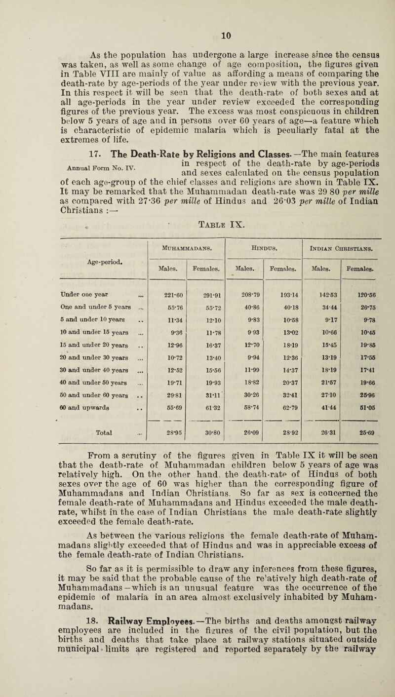 As the population has undergone a large increase since the census was taken, as well as some change of age composition, the figures given in Table VIII are mainly of value as affording a means of comparing the death-rate by age-periods of the year under review with the previous year. In this respect it will be seen that the death-rate of both sexes and at all age-periods in the year under review exceeded the corresponding figures of the previous year. The excess was most conspicuous in children below 5 years of age and in persons over 60 years of age—a feature which is characteristic of epidemic malaria which is peculiarly fatal at the extremes of life. Annual Form No. IV. 17. The Death-Rate by Religions and Classes. —The main features in respect of the death-rate by age-periods and sexes calculated on the census population of each age-group of the chief classes and religions are shown in Table IX. It may be remarked that the Muhammadan death-rate was 29 80 per mille as compared with 27*36 per mille of Hindus and 26*03 per mille of Indian Christians Table IX. Age-period. Muhammadans. Hindus. Indian Christians. Males. Females. Males. Females. Males. Females. Under one year 221-60 291-91 208-79 193-14 142-63 120-56 One and under 6 years ... 55-76 55-72 40-86 40-18 34-44 26-75 5 and under 10 years 11-34 12-10 9-83 10-58 9-17 9-78 10 and under 15 years 9-36 11-78 9-93 13-02 10-66 10-45 15 and under 20 years 12-96 16-37 12-70 18-19 15-45 19-85 20 and under 30 years 10-72 13-40 9-94 12-36 13*19 17-55 30 and under 40 years 12-52 15-56 11-99 14-37 18-19 17-41 40 and under 50 years 19-71 19-93 18-82 20-37 21-57 19-66 50 and under 60 years 29-81 31*11 30-26 32-41 27T0 25-96 60 and upwards 55-69 6132 58-74 62-79 41-44 51-05 Total 28-95 30-80 26-09 28-92 26-31 25-69 From a scrutiny of the figures given in Table IX it will be seen that the death-rate of Muhammadan children below 5 years of age was relatively high. On the other hand, the death-rate of Hindus of both sexes over the age of 60 was higher than the corresponding figure of Muhammadans and Indian Christians. So far as sex is concerned the female death-rate of Muhammadans and Hindus exceeded the male death- rate, whilst in the case of Indian Christians the male death-rate slightly exceeded the female death-rate. As between the various religions the female death-rate of Muham¬ madans slightly exceeded that of Hindus and was in appreciable excess of the female death-rate of Indian Christians. So far as it is permissible to draw any inferences from these figures, it may be said that the probable cause of the re’atively high death-rate of Muhammadans—which is an unusual feature was the occurrence of the epidemic of malaria in an area almost exclusively inhabited by Muham¬ madans. 18. Railway Employees.—The births and deaths amongst railway employees are included in the figures of the civil population, but the births and deaths that take place at railway stations situated outside municipal • limits are registered and reported separately by the railway