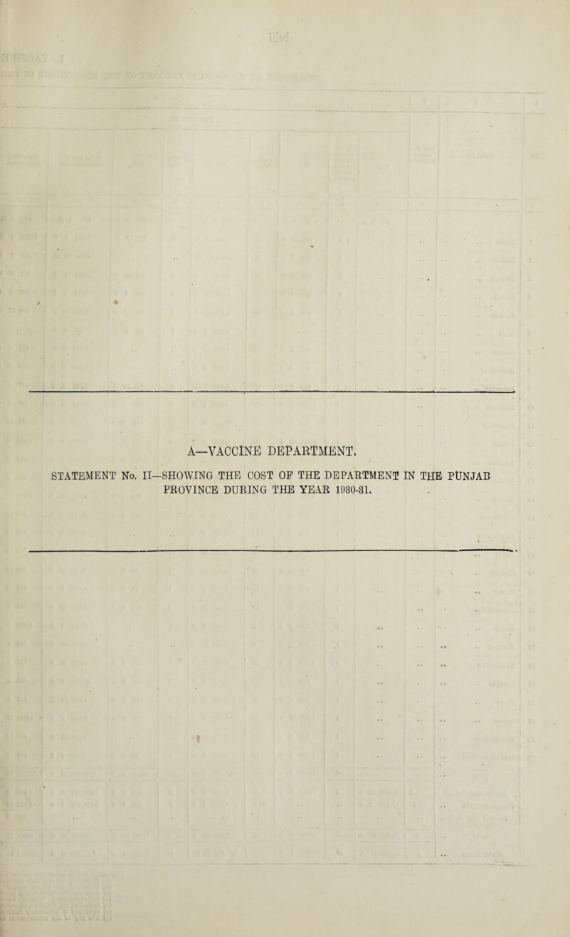 A—VACCINE DEPARTMENT. STATEMENT No. II—SHOWING THE COST OF THE DEPARTMENT IN THE PUNJAB PROVINCE DURING THE YEAR 1930-31.