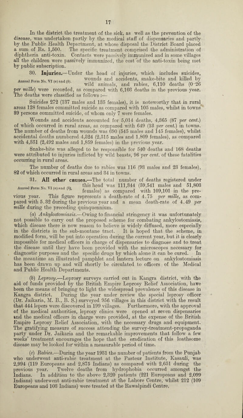 In the district the treatment of the sick, as well as the prevention of the disease, was undertaken partly by the medical staff of dispensaries and partly by the Public Health Department, at whose disposal the District Board placed a sum of Bs. 1,500. The specific treatment comprised the administration of diphtheria anti-toxin. Contacts were passively immunized and in some villages all the children were passively immunized, the cost of the anti-toxin being met by public subscription. 30. Injuries.—Under the head of injuries, which includes suicides, a i r, \r X7T / \ j wounds and accidents, snake-bite and killed by Annual Form No. VI (a)and (6). ^ ^ g ^ per mille) were recorded, as compared with 6,103 deaths in the previous year. The deaths were classified as follows :— Suicides 272 (137 males and 135 females), it is noteworthy that in rural areas 128 females committed suicide as compared with 105 males, whilst in towns 89 persons committed suicide, of whom only 7 were females. Wounds and accidents accounted for 5,014 deaths, 4,365 (87 per cent.) of which occurred in rural areas, as compared with 649 (13 per cent.) in towns. The number of deaths from wounds was 690 (545 males and 145 females), whilst accidental deaths numbered 4,324 (2,515 males and 1,809 females), as compared with 4,351 (2,492 males and 1,859 females) in the previous year. Snake-bite was alleged to be responsible for 540 deaths and 168 deaths were attributed to injuries inflicted by wild beasts, 96 per cent, of these fatalities occurring in rural areas. The number of deaths due to rabies was 116 (93 males and 23 females), 82 of which occurred in rural areas and 34 in towns. 31. All other causes.—The total number of deaths registered under a , ™ ttt / v this head was 111,344 (59,541 males and 51,803 Annual Form No. VI a and (6), „ , . j -n inn ini • j-t, females) as compared with 109,101 m the pre¬ vious year. This figure represents a death-rate of 4.75 per mille, as com¬ pared with 5.32 during the previous year and a mean death-rate of 4.49 per mille during the preceding quinquennium. (a) Ankylostomiasis.—Owing to financial stringency it was unfortunately not possible to carry out the proposed scheme for combating ankylostomiasis, which disease there is now reason to believe is widely diffused, more especially in the districts in the sub-montane tract. It is hoped that the scheme, in modified form, will be put into operation during the current year, but it is clearly impossible for medical officers in charge of dispensaries to diagnose and to treat the disease until they have been provided with the microscopes necessary for diagnostic purposes and the specific drugs by which alone it can be cured. In the meantime an illustrated pamphlet and lantern lecture on ankylostomiasis has been drawn up and will shortly be circulated to officers of the Medical and Public Health Departments. (b) Leprosy.—Leprosy surveys carried out in Kangra district, with the aid of funds provided by the British Empire Leprosy Relief Association, have been the means of bringing to light the widespread prevalence of this disease in Kangra district. During the year under review the special leprosy officer (Dr. Jaikaria, M. B., B. S.) surveyed 956 villages in this district with the result that 444 lepers were discovered in 199 villages. Furthermore, with the approval of the medical authorities, leprosy clinics were opened at seven dispensaries and the medical officers in charge were provided, at the expense of the British Empire Leprosy Relief Association, with the necessary drugs and equipment. The gratifying measure of success attending the survey-treatment-propaganda party under Dr. Jaikaria and the remarkable improvements that follow a few weeks’ treatment encourages the hope that the eradication of this loathsome disease may be looked for within a measurable period of time. (c) Rabies.—During the year 1931 the number of patients from the Punjab who underwent anti-rabic treatment at the Pasteur Institute, Kasauli, was 2,994 (119 Europeans and 2,875 Indians) as compared with 2,651 during the previous year. Twelve deaths from hydrophobia occurred amongst the Indians. In addition to the above 2,320 patients (221 Europeans and 2,099 Indians) underwent anti-rabic treatment at the Lahore Centre, whilst 212 (109 Europeans and 103 Indians) were treated at the Rawalpindi Centre.