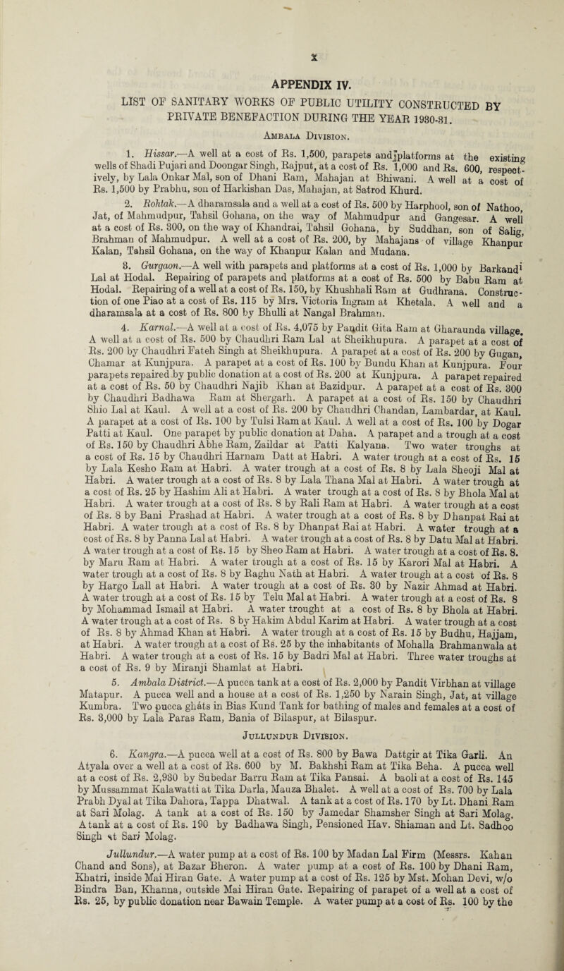 APPENDIX IV. LIST OF SANITARY WORKS OF PUBLIC UTILITY CONSTRUCTED BY PRIVATE BENEFACTION DURING THE YEAR 1930-31. Ambala Division. 1. Hissar.—A well at a cost of Rs. 1,500, parapets andjplatforms at the existing wells of Shadi Pujari and Doongar Singh, Rajput, at a cost of Rs. 1,000 and Rs. 600, respect¬ ively, by Lala Onkar Mai, son of Dhani Ram, Mahajan at Bhiwani. A well at a cost of Rs. 1,500 by Prabhu, son of Harkishan Das, Mahajan, at Satrod Kburd. 2. Bohtak.—A dharamsala and a well at a cost of Rs. 500 by Harphool, son of Natboo Jat, of Mahmudpur, Tahsil Gohana, on the way of Mahmudpur and Gangesar. A well at a cost of Rs. 300, on the way of Khandrai, Tahsil Gohana, by Suddhan,°son of Salig, Brahman of Mahmudpur. A well at a cost of Rs. 200, by Mahajans of village Khanpur Kalan, Tahsil Gohana, on the way of Khanpur Kalan and Mudana. & 8. Gurgaon.—A well with parapets and platforms at a cost of Rs. 1,000 by Barkand* Lai at Hodal. Repairing of parapets and platforms at a cost of Rs. 500 by Babu Ram at Hodal. Repairing of a well at a cost of Rs. 150, by Khushhali Ram at Gudhrana. Construc¬ tion of one Piao at a cost of Rs. 115 by Mrs. Victoria Ingram at Khetala. A well and a dharamsala at a cost of Rs. 800 by Bhulli at Nangal Brahman. 4. Karnal— A well at a cost of Rs. 4,075 by Pandit Gita Ram at Gharaunda village. A well at a cost of Rs. 500 by Chaudliri Ram Lai at Sheikhupura. A parapet at a cost of Rs. 200 by Chaudliri Fateh Singh at Sheikhupura. A parapet at a cost of Rs. 200 by Gugan, Chamar at Kunjpura. A parapet at a cost of Rs. 100 by Bundu Khan at Kunjpura. Four parapets repaired by public donation at a cost of Rs. 200 at Kunjpura. A parapet repaired at a cost of Rs. 50 by Chaudhri Najib Khan at Bazidpur. A parapet at a cost of Rs. 300 by Chaudhri Badhawa Ram at Shergarh. A parapet at a cost of Rs. 150 by Chaudhri Shio Lai at Kaul. A well at a cost of Rs. 200 by Chaudhri Chandan, Lambardar, at Kaul. A parapet at a cost of Rs. 100 by Tulsi Ram at Kaul. A well at a cost of Rs. 100 by Dogar Patti at Kaul. One parapet by public donation at Daha. A parapet and a trough at a cost of Rs. 150 by Chaudhri Abhe Ram, Zaildar at Patti Kalyana. Two water troughs at a cost of Rs. 15 by Chaudliri Harnam Datt at Habri. A water trough at a cost of Rs. 15 by Lala Kesho Ram at Habri. A water trough at a cost of Rs. 8 by Lala Sheoji Mai at Habri. A water trough at a cost of Rs. 8 by Lala Tirana Mai at Habri. A water trough at a cost of Rs. 25 by Hashim Ali at Habri. A water trough at a cost of Rs. 8 by Bhola Mai at Habri. A water trough at a cost of Rs. 8 by Rali Ram at Habri. A water trough at a cost of Rs. 8 by Bani Prashad at Habri. A water trough at a cost of Rs. 8 by Dhanpat Rai at Habri. A water trough at a cost of Rs. 8 by Dhanpat Rai at Habri. A water trough at a cost of Rs. 8 by Panna Lai at Habri. A water trough at a cost of Rs. 8 by Datu Mai at Habri. A water trough at a cost of Rs. 15 by Sheo Ram at Habri. A water trough at a cost of Rs. 8. by Maru Ram at Habri. A water trough at a cost of Rs. 15 by Karori Mai at Habri. A water trough at a cost of Rs. 8 by Raghu Nath at Habri. A water trough at a cost of Rs. 8 by Hargo Lall at Habri. A water trough at a cost of Rs. 30 by Nazir Ahmad at Habri. A water trough at a cost of Rs. 15 by Telu Mai at Habri. A water trough at a cost of Rs. 8 by Mohammad Ismail at Habri. A water trought at a cost of Rs. 8 by Bhola at Habri. A water trough at a cost of Rs. 8 by Hakim Abdul Karim at Habri. A water trough at a cost of Rs. 8 by Ahmad Khan at Habri. A water trough at a cost of Rs. 15 by Budhu, Hajjam, at Habri. A water trough at a cost of Rs. 25 by the inhabitants of Mohalla Brahmanwala at Habri. A water trough at a cost of Rs. 15 by Badri Mai at Habri. Three water troughs at a cost of Rs. 9 by Miranji Shamlat at Habri. 5. Ambala District.—A pucca tank at a cost of Rs. 2,000 by Pandit Virbhan at village Matapur. A pucca well and a house at a cost of Rs. 1,250 by Narain Singh, Jat, at village Kumbra. Two pucca ghats in Bias Kund Tank for bathing of males and females at a cost of Rs. 3,000 by Lala Paras Ram, Bania of Bilaspur, at Bilaspur. Julrundur Division. 6. Kangra.—A pucca well at a cost of Rs. 800 by Bawa Dattgir at Tika Garli. An Atyala over a well at a cost of Rs. 600 by M. Bakhshi Ram at Tika Beha. A pucca well at a cost of Rs. 2,930 by Subedar Barru Ram at Tika Pansai. A baoli at a cost of Rs. 145 by Mussammat Kalawatti at Tika Darla, Mauza Bhalet. A well at a cost of Rs. 700 by Lala Prabli Dyal at Tika Dahora, Tappa Dhatwal. A tank at a cost of Rs. 170 by Lt. Dhani Ram at Sari Molag. A tank at a cost of Rs. 150 by Jamedar Shamsher Singh at Sari Molag. A tank at a cost of Rs. 190 by Badhawa Singh, Pensioned Hav. Shiaman and Lt. Sadhoo Singh st Sari Molag. Jullundur.—A water pump at a cost of Rs. 100 by Madan Lai Firm (Messrs. Kahan Chand and Sons), at Bazar Bheron. A water pump at a cost of Rs. 100 by Dhani Ram, Khatri, inside Mai Hiran Gate. A water pump at a cost of Rs. 125 by Mst. Mohan Devi, w/o Bindra Ban, Khanna, outside Mai Hiran Gate. Repairing of parapet of a well at a cost of Rs. 25, by public donation near Bawain Temple. A water pump at a cost of Rs. 100 by the