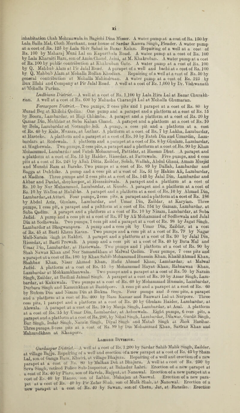 inhabitation Ohah Mehranwala in Bagichi Dina Misser. A water pump at a cost of Bs. 150 by Lala Balia Mai, Cloth Merchant, near house of Sardar Kasera Singh, Pleader. A water pump at a cost of Bs. 125 by Lala Shiv Sahai in Bazar Kalan. Bepairing of a well at a cost of Bs. 100 by Maharaj Muni Lai on Kapurthala Boad. A water pump at a cost of Bs. 100 by Lala Kharaiti Bam, son of Amin Chand, Jaini, at M. Khakroban. A water pump at a cost of Bs. 100 by public contribution at Khakroban Gate. A water pump at a cost of Bs. 100 by Q. Mahbub Alam at Pir Jalal Boad. A parapet of a well and bachi at a cost of Bs. 100 by Q. Mahbub Alam at Mohalla Bollan Khodian. Bepairing of a well at a cost of Bs. 50 by general contribution at Mohalla Mahindruan. A water pump at a cost of Bs. 125 by Bux Illahi and Company at Pir Jalal Boad. A well at a cost of Bs. 1,000 by Dr. Vishwanath at Mohalla Purian. Ludhiana District.—A well at a cost of Bs. 1,100 by Lala Hira Lai at Bazar Churakh- rian. A well at a cost of Bs. 600 by Mahasha Charanjit Lai at Mohalla Ghumaran. Ferozepore District.^Two pumps, 2 cess pits and 1 parapet at a cost of Bs. 80 by Murad Beg at Khilclii Qadiiu. One pump and a parapet and a platform at a cost of Bs. 15 by Boora, Lambardar, at Haji Chhimba. A parapet and a platform at a cost of Bs. 20 by Qamar Din, Mukhtar at Suba Kalian Chand. A parapet and a platform at a cost of Bs. 10 by Bela, Lambardar at N'orangke leli. A pump, a cess pit and a platform at a cost of Bs. 40 by Kalu, Muzara, at Luthar. A platform at a cost of Bs. 7 by Lakha, Lambardar, at Hasteke. A platform and a parapet at a cost of Bs. 10 by Fateh Din and Umardin, Lam- bardars at Bodewala. A platform and a parapet at a cost of Bs. 8 by Ghulam, Lambardar, at Waghewala. Two pumps, 2 cess pits, a parapet and a platform at a cost of Bs. 90 by Khan Mohammad, Lambardar and Fateh Mohammad, Pattidar, at Hassan Dhut. A parapet and a platform at a cost of Bs. 15 by Haidar, Hissedar. at Fattuwala. Five pumps, and 4 cess pits at a cost of Bs. 248 by Allah Ditta, Zaildar, Solah, Wallah, Abdul Ghani, Amam Musjid and Munshi Bam at Bareke. Two pumps at a cost of Bs. 89 by Dallah, Lambardar and Bagga at Dulchike. A pump and a cess pit at a cost of Bs. 51 by Hakim Ali, Lambardar, at Madhre. Three pumps and 2 cess pits at a cost of Bs. 143 by Jalal Din, Lambardar and Akbar and Daulat, shopkeeper, at Hussainiwala. A parapet and a platform at a cost of Bs. 10 by Nur Muhammad, Lambardar, at Kunde. A parapet and a platform at a cost of Bs. 10 by Walloo at Habibke. A. parapet and a platform at a cost of Bs. 10 by Ahmad Din, Lambardar, at Attari. Four pumps, 2 cess pits, a parapet and a platform at a cost of Bs. 186 by Abdul Aziz, Ghulam, Lambardar, and Umar Din, Zaildar, at Karyian. Three pumps, 1 cess pit, a parapet and a paltform at a cost of Bs. 154 by Gaman, Lambardar, at Suba Qadim. A parapet and a platform at a cost of Bs. 10 by Nizam, Lambardar, at Suba Jadid. A pump and a cess pit at a cost of Bs. 57 by Ali Mohammad of Sodhewala and Jalal Din at Sodhewala. Two pumps, 1 cess pit and a parapet at a cost of Bs. 98 by Jagat Singh, Lambardar at Bhagwanpura. A pump and a cess pit by Umar Din, Zaildar, at a cost of Bs. 45 at Basti Khem Karan. Two pumps and a cess pit at a cost of Bs. 79 by Nagar Mull-Narain iingh at Bakhri. A parapet and a platform at a cost of Bs. 80 by Jalal Din, Hissedar, at Basti Prewali. A pump and a cess pit at a cost of Bs. 40 by Buta Mai and Umar Din, Lambardar, at Hastewala. Two pumps and 1 platform at a cost of Bs. 90 by Shah Nawaz Khan and Nur Samandkhan at Malwal Qadim. Four pumps, 7 cess pits and a parapet at a cost of Bs. 180 by Khan Sahib Mohammad Hussain Khan, Khalil Ahmad Khan, Shahbaz Khan, Nisar Ahmad Khan, Hafiz Ahmad Khan, Lambardar, at Malwal Jadid. A platform at a cost of Bs. 15 by Mohammad Hayat Khan, Babnawaz Khan, Lambardar at Mohkamkhanwala. Two pumps and a parapet at a cost of Bs. 70 by Narain Singh, Zaildar, at Badhni Jaimal Singh. A parapet at a cost of Bs. 10 by Amar Singh, Lam- bardar, at Kakuwala. Two pumps at a cost of Bs. 60 by Mohammad Hussain, Lambardar, Durbara Singh and Kamunkhan at Bazidpore. A cess pit and a parapet at a cost of Bs. 60 by Bukun Din and Nizam Din at Bukna Begu. Four pumps and 5 cess pits, a parapet and a platform at a cost of Bs. 400 by Bam Kamar and Banwari Lai at Nurpore. Three cess pits, 1 parapet and a platform at a cost of Bs. 20 by Ghulam Haider, Lambardar, at Alewala/ A parapet at a cost of Bs. 10 by Mauja Singh, Lambardar, at Asal. A platform at a cost of Bs. 15 by Umar Din, Lambardar, at Acheewala. Eight pumps, 6 cess pits, a parapet and a platform at.a cost of Bs. 280, by Nilial Singh, Lambardar, Dilawar, Gurdit Singh, Bur Singh, Indar Singh, Narain Singh, Diyal Singh and Matab Singh at Jhok Harihar. Three pumps. 3 cess pits at a cost of Bs. 99 by Din Mohammad Khan, Sarfraz Khan and Mahmud khan at Khanpore. Lahore Division. Gurdaspur District.-—A well at a cost of Bs. 1,200 by Saidai Sahib Malik Singh, Zaildar, at village Bajju. Bepairing of a well and erection of a new parapet at a cost of Bs. 45 by Sham Lai, son of Ganga Bam, Khatri, at village Bhajura. Bepairing of a well and erection of a new parapet at a cost of Bs. 80 by Malkan Deli at Bhajura. A well at a cost of Bs. 250 by Seva Singh, retired Police Sub-Inspector, at Bahadur Lahri. Erection of a new parapet at a cost of Bs. 40 by Piaro, son of Bavela, Bajput, at Nanowal. Erection of a new parapet at a cost of Bs. 40 by Hanso, son of Labhu, Mahajan at Naowal. Erection of a new para¬ pet at a cost of Bs. 40 by Pir Zafar Shah, son of Mulk Shah, at Nanowal. Erection of a new parapet at a cost of Bs. 40 by Sawan, son of Chetu, Jat, at Bansike. Erection