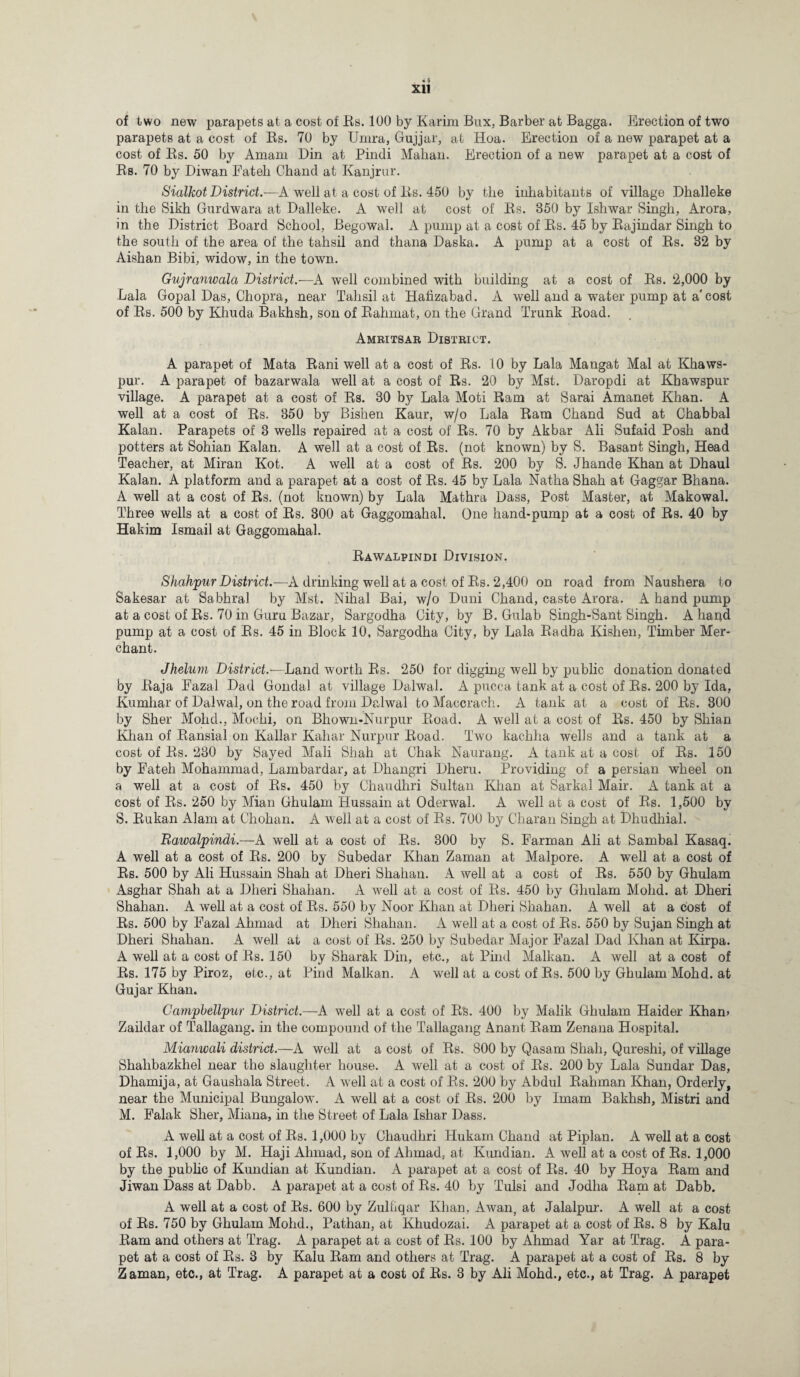 Xll of two new parapets at a cost of Es. 100 by Karim Bux, Barber at Bagga. Erection of two parapets at a cost of Es. 70 by Umra, Gujjar, at Hoa. Erection of a new parapet at a cost of Es. 50 by Amam Din at Pindi Mahan. Erection of a new parapet at a cost of Es. 70 by Diwan Fateh Chand at Kanjrur. Sialkot District.—A well at a cost of Es. 450 by the inhabitants of village Dhalleke in the Sikh Gurdwara at Dalleke. A well at cost of Es. S50 by Ishwar Singh, Arora, in the District Board School, Begowal. A pump at a cost of Es. 45 by Eajindar Singh to the south of the area of the tahsil and thana Daska. A pump at a cost of Es. 32 by Aishan Bibi, widow, in the town. Gujranwala District.—A well combined with building at a cost of Es. 2,000 by Lala Gopal Das, Chopra, near Tahsil at Hafizabad. A well and a water pump at a'cost of Es. 500 by Khuda Bakhsh, son of Eahmat, on the Grand Trunk Eoad. Amritsar District. A parapet of Mata Eani well at a cost of Es. 10 by Lala Mangat Mai at Khaws- pur. A parapet of bazarwala well at a cost of Es. 20 by Mst. Daropdi at Khawspur village. A parapet at a cost of Es. 30 by Lala Moti Earn at Sarai Amanet Khan. A well at a cost of Es. 350 by Bishen Kaur, w/o Lala Earn Chand Sud at Chabbal Kalan. Parapets of 3 wells repaired at a cost of Es. 70 by Akbar Ali Sufaid Posh and potters at Sohian Kalan. A well at a cost of Es. (not known) by S. Basant Singh, Head Teacher, at Miran Kot. A well at a cost of Es. 200 by S. Jhande Khan at Dhaul Kalan. A platform and a parapet at a cost of Es. 45 by Lala Natha Shah at Gaggar Bhana. A well at a cost of Es. (not known) by Lala Mathra Dass, Post Master, at Makowal. Three wells at a cost of Es. 300 at Gaggomahal. One hand-pump at a cost of Es. 40 by Hakim Ismail at Gaggomahal. Eawalpindi Division. Shahpur District.—A drinking well at a cost of Es. 2,400 on road from Naushera to Sakesar at Sabhral by Mst. Nihal Bai, w/o Duni Chand, caste Arora. A hand pump at a cost of Es. 70 in Guru Bazar, Sargodha City, by B. Gulab Singh-Sant Singh. A hand pump at a cost of Es. 45 in Block 10, Sargodha City, by Lala Eadha Kishen, Timber Mer¬ chant. Jhelum District.•—Land worth Es. 250 for digging well by public donation donated by Eaja Fazal Dad Gondal at village Dalwal. A pucca tank at a cost of Es. 200 by Ida, Kumliar of Dalwal, on the road from Dalwal toMaccrach. A tank at a cost of Es. 300 by Sher Mohd., Mochi, on Bhown-Nurpur Eoad. A well at a cost of Es. 450 by Shian Khan of Eansial on Kallar Kahar Nurpur Eoad. Two kachha wells and a tank at a cost of Es. 230 by Sayed Mali Shah at Chak Naurang. A tank at a cost of Es. 150 by Fateh Mohammad, Lambardar, at Dhangri Dheru. Providing of a persian wheel on a well at a cost of Es. 450 by Chaudhri Sultan Khan at Sarkal Mair. A tank at a cost of Es. 250 by Mian Ghulam Hussain at Oderwal. A well at a cost of Es. 1,500 by S. Eukan Alam at Chohan. A well at a cost of Es. 700 by Charan Singh at Dhudhial. Rawalpindi.—A well at a cost of Es. 300 by S. Farman Ali at Sambal Kasaq. A well at a cost of Es. 200 by Subedar Khan Zaman at Malpore. A well at a cost of Es. 500 by Ali Hussain Shah at Dheri Shahan. A well at a cost of Es. 550 by Ghulam Asghar Shah at a Dheri Shahan. A well at a cost of Es. 450 by Ghulam Mohd. at Dheri Shahan. A well at a cost of Es. 550 by Noor Khan at Dheri Shahan. A well at a cost of Es. 500 by Fazal Ahmad at Dheri Shahan. A wTell at a cost of Es. 550 by Sujan Singh at Dheri Shahan. A well at a cost of Es. 250 by Subedar Major Fazal Dad Khan at Kirpa. A well at a cost of Es. 150 by Sharak Din, etc., at Pind Malkan. A well at a cost of Es. 175 by Piroz, etc., at Pind Malkan. A well at a cost of Es. 500 by Ghulam Mohd. at Gujar Khan. Campbellpur District.—A well at a cost of Es. 400 by Malik Ghulam Haider Khan> Zaildar of Tallagang. in the compound of the Tallagang Anant Earn Zenana Hospital. Mianwali district.—A well at a cost of Es. 800 by Qasarn Shah, Qureshi, of village Shahbazkhel near the slaughter house. A well at a cost of Es. 200 by Lala Sundar Das, Dhamija, at Gaushala Street. A well at a cost of Es. 200 by Abdul Eahman Khan, Orderly, near the Municipal Bungalow\ A well at a cost of Es. 200 by Imam Bakhsh, Mistri and M. Falak Sher, Miana, in the Street of Lala Ishar Dass. A well at a cost of Es. 1,000 by Chaudhri Hukam Chand at Piplan. A well at a cost of Es. 1,000 by M. Haji Ahmad, son of Ahmad, at Kundian. A well at a cost of Es. 1,000 by the public of Kundian at Kundian. A parapet at a cost of Es. 40 by Hoya Earn and Jiwan Dass at Dabb. A parapet at a cost of Es. 40 by Tulsi and Jodha Earn at Dabb. A well at a cost of Es. 600 by Zulhqar Khan, A wan, at Jalalpur. A well at a cost of Es. 750 by Ghulam Mohd., Pathan, at Khudozai. A parapet at a cost of Es. 8 by Kalu Earn and others at Trag. A parapet at a cost of Es. 100 by Ahmad Yar at Trag. A para¬ pet at a cost of Es. 3 by Kalu Earn and others at Trag. A parapet at a cost of Es. 8 by Zaman, etc., at Trag. A parapet at a cost of Es. 3 by Ali Mohd., etc., at Trag. A parapet