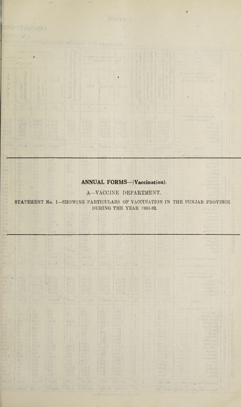 ANNUAL FORMS—(Vaccination). A—VACCINE DEPARTMENT. STATEMENT No. I—SHOWING PARTICULARS OF VACCINATION IN THE PUNJAB PROVINCE DURING THE YEAR 1981-82.