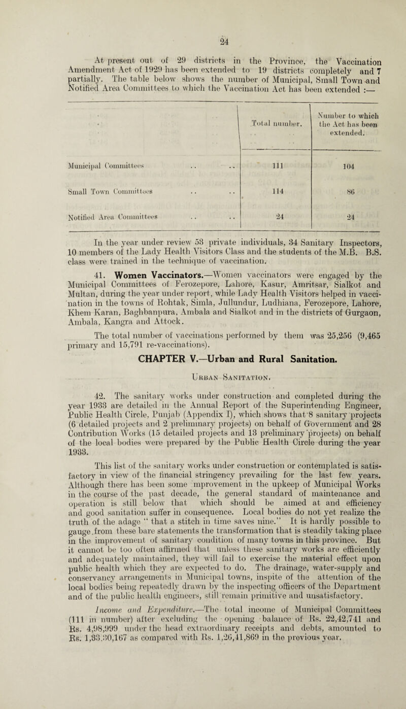 At present out of 29 districts in the Province, the Vaccination Amendment Act of 1929 has been extended to 19 districts completely and 7 partially. The table below shows the number of Municipal, Small Town -and Notified Area Committees to which the Vaccination Act has been extended r 1 * * 1 Total number. Number to which the Act has been extended. Municipal Committees Ill 104 Small Town Committees 114 80 Notified Area Committees 24 24 In the year under review 53 private individuals, 34 Sanitary Inspectors, 10 members of the Lady Health Visitors Class and the students of the M.B. B.S. class were trained in the technique of vaccination. 41. Women Vaccinators.—Women vaccinators were engaged by the Municipal Committees of Ferozepore, Lahore, Kasur, Amritsar, Sialkot and Multan, during the year under report, while Lady Health Visitors helped in vacci¬ nation in the towns of Rohtak, Simla, Jullundur, Ludhiana, Ferozepore, Lahore, Khem Karan, Baghbanpura, Ambala and Sialkot and in the districts of Gurgaon, Ambala, Kangra and Attock. The total number of vaccinations performed by them was 25,256 (9,465 primary and 15,791 re-vaccinations). CHAPTER V.—TJrban and Rural Sanitation. Ujkban Sanitation. 42. The sanitary works under construction and completed during the year 1933 are detailed in the Annual Report of the Superintending Engineer, Public Health Circle, Punjab (Appendix I), which shows that’8 sanitary projects (6 detailed projects and 2 preliminary projects) on behalf of Government and 28 Contribution Works (15 detailed projects and 13 preliminary projects) on behalf of the local bodies were prepared by the Public Health Circle during the year 1933. This list of the sanitary works under construction or contemplated is satis¬ factory in view of the financial stringency prevailing for the last few years. Although there has been some mprovement in the upkeep of Municipal Works in the course of the past decade, the general standard of maintenance and operation is still below that which should be aimed at and efficiency and good sanitation suffer in consequence. Local bodies do not yet realize the truth of the adage “ that a stitch in time saves nine.” It is hardly possible to gauge.from these bare statements the transformation that is steadily taking place in the improvement of sanitary condition of many towns in this province. But it cannot be too often affirmed that unless these sanitary works are efficiently and adequately maintained, they will fail to exercise the material effect upon public health which they are expected to do. The drainage, water-supply and conservancy arrangements in Municipal towns, inspite of the attention of the local bodies being repeatedly drawn by the inspecting officers of the Department and of the public health engineers, still remain primitive and unsatisfactory. Income and Expenditure.—The total income of Municipal Committees (111 in number) after excluding the opening balance of Rs. 22,42,741 and Rs. 4,98,999 under the head extraordinary receipts and debts, amounted to Rs. 1,33,30,167 as compared with Rs. 1,26,41,869 in the previous year.