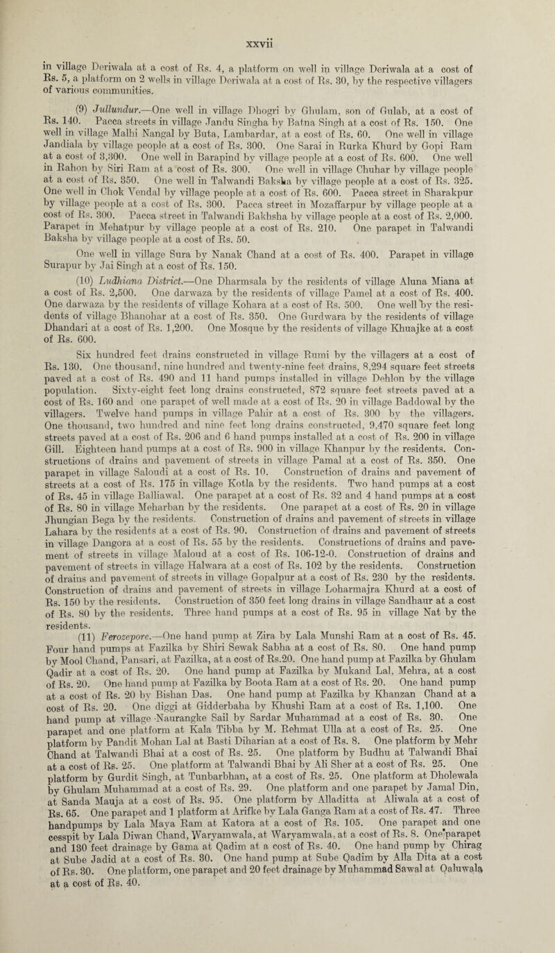 in village Deriwala at a cost of Rs. 4, a platform on well in village Deriwala at a cost of Rs. 5, a platform on 2 wells in village Deriwala at a cost of Rs. 30, by the respective villagers of various communities. (9) Jullundur.—One well in village Rliogri by Ghulam, son of Gulab, at a cost of Rs. 140. Pacca streets in village Jandu Singha by Batna Singh at a cost of Rs. 150. One well in village Malhi Nangal by Buta, Lambardar, at a cost of Rs. 60. One well in village Jandiala by village people at a cost of Rs. 300. One Sarai in Rurka Khurd by Gopi Ram at a cost of 3,300. One well in Barapind by village people at a cost of Rs. 600. One well in Rahon by Siri Ram at a cost of Rs. 300. One well in village Chuhar by village people at a cost of Rs. 350. One well in Talwandi Baksha by village people at a cost of Rs. 325. One well in Chok Vendal by village people at a cost of Rs. 600. Pacca street in Sharakpur by village people at a cost of Rs. 300. Pacca street in Mozaffarpur by village people at a cost of Rs. 300. Pacca street in Talwandi Bakhsha by village people at a cost of Rs. 2,000. Parapet in Mehatpur by village people at a cost of Rs. 210. One parapet in Talwandi Baksha by village people at a cost of Rs. 50. One well in village Sura by Nanak Chand at a cost of Rs. 400. Parapet in village Surapur by Jai Singh at a cost of Rs. 150. (10) Ludhiana District.—One Dharmsala by the residents of village Aluna Miana at a cost of Rs. 2,500. One darwaza by the residents of village Pamel at a cost of Rs. 400. One darwaza by the residents of village Kohara at a cost of Rs. 500. One well Ry the resi¬ dents of village Bhanohar at a cost of Rs. 350. One Gurdwara by the residents of village Dhandari at a cost of Rs. 1,200. One Mosque by the residents of village Khuajke at a cost of Rs. 600. Six hundred feet drains constructed in village Rumi by the villagers at a cost of Rs. 130. One thousand, nine hundred and twenty-nine feet drains, 8,294 square feet streets paved at a cost of Rs. 490 and 11 hand pumps installed in village Dehlon by the village population. Sixtv-eight feet long drains constructed, 872 square feet streets paved at a cost of Rs. 160 and one parapet of well made at a cost of Rs. 20 in village Baddowal by the villagers. Twelve hand pumps in village Paliir at a cost of Rs. 300 by the villagers. One thousand, two hundred and nine feet long drains constructed, 9,470 square feet long streets paved at a cost of Rs. 206 and 6 hand pumps installed at a cost of Rs. 200 in village Gill. Eighteen hand pumps at a cost of Rs. 900 in village Khanpur by the residents. Con¬ structions of drains and pavement of streets in village Pamal at a cost of Rs. 350. One parapet in village Salondi at a cost of Rs. 10. Construction of drains and pavement of streets at a cost of Rs. 175 in village Kotla by the residents. Two hand pumps at a cost of Rs. 45 in village Balliawal. One parapet at a cost of Rs. 32 and 4 hand pumps at a cost of Rs. 80 in village Meharban by the residents. One parapet at a cost of Rs. 20 in village Jhungian Bega by the residents. Construction of drains and pavement of streets in village Lahara b}T the residents at a cost of Rs. 90. Construction of drains and pavement of streets in village Dangora at a cost of Rs. 55 by the residents. Constructions of drains and pave¬ ment of streets in village Maloud at a cost of Rs. 106-12-0. Construction of drains and pavement of streets in village Halwara at a cost of Rs. 102 by the residents. Construction of drains and pavement of streets in village Gopalpur at a cost of Rs. 230 by the residents. Construction of drains and pavement of streets in village Loharmajra Khurd at a cost of Rs. 150 by the residents. Construction of 350 feet long drains in village Sandhaur at a cost of Rs. 80 by the residents. Three hand pumps at a cost of Rs. 95 in village Nat by the residents. (11) Ferozepore.—One hand pump at Zira by Lala Munshi Ram at a cost of Rs. 45. Four hand pumps at Fazilka by Shiri Sewak Sabha at a cost of Rs. 80. One hand pump by Mool Chand, Pansari, at Fazilka, at a cost of Rs.20. One hand pump at Fazilka by Ghulam Qadir at a cost of Rs. 20. One hand pump at Fazilka by Mukand Lai, Mehra, at a cost of Rs. 20. One hand pump at Fazilka by Boota Ram at a cost of Rs. 20. One hand pump at a cost of Rs. 20 by Bishan Das. One hand pump at Fazilka by Khanzan Chand at a cost of Rs. 20. One diggi at Gidderbaha by Khushi Ram at a cost of Rs. 1,100. One hand pump at village Naurangke Sail by Sardar Muhammad at a cost of Rs. 30. One parapet and one platform at Kala Tibba by M. Rehmat Ulla at a cost of Rs. 25. One platform by Pandit Mohan Lai at Basti Diharian at a cost of Rs. 8. One platform by Mehr Chand at Talwandi Bhai at a cost of Rs. 25. One platform by Budhu at Talwandi Bhai at a cost of Rs. 25. One platform at Talwandi Bhai by Ali Sher at a cost of Rs. 25. One platform by Gurdit Singh, at Tunbarbhan, at a cost of Rs. 25. One platform at Dholewala by Ghulam Muhammad at a cost of Rs. 29. One platform and one parapet by Jamal Din, at Sanda Manja at a cost of Rs. 95. One platform by Alladitta at Aliwala at a cost of Rs. 65. One parapet and 1 platform at Arifke by Lala Ganga Ram at a cost of Rs. 47. Three handpumps by Lala Maya Ram at Katora at a cost of Rs. 105. One parapet and one cesspit by Lala Diwan Chand, Waryamwala, at Waryamwala. at a cost of Rs. 8. One’parapet and 130 feet drainage by Gama at Qadim at a cost of Rs. 40. One hand pump by Chirag at Sube Jadid at a cost of Rs. 30. One hand pump at Sube Qadim by Alla Dita at a cost of Rs. 30. One platform, one parapet and 20 feet drainage by Muhammad Sawal at Oaluwala at a cost of Rs. 40.