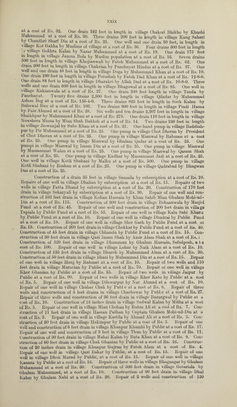 at a cost of Rs. 82. One drain 242 feet in length in village Chakori Bhikho by Khushi Muhammad at a cost of Rs. 80. Three drains 200 feet in length in village Kang Sahari by Chaudhri Sharf Din at a cost of Rs. 25. One well and one drain 50 feet, in length in \illage Kot Gakha by Muslims of village at a cost of Rs. 86. Four drains 300 feet in length :.i village Gokhra Kalan by Nazar Muhammad at a cost of Rs. 19. One drain 175 feet in length in village Jamun Bola by Muslim population at a cost of Rs. 16. Seven drains 500 feet in length in village Khojianwali by Fateh Muhammad at a cost of Rs. 62. One drain 300 feet in length in village Chakrian by Panchayat Hindus at a cost of Rs. 37. One ■svell and one drain 48 feet in length in village Doga by Muhammad Khan at a cost of Rs. 10. One drain 100 feet in length in village Peroshah by Fateh Dad Khan at a cost of Rs. 12-8-0. One drain 84 feet in length in village Dharakri by Allah Dad at a cost of Rs. 10-8-0. Three wells and one drain 600 feet in length in village Bhagowal at a cost of Rs. 85. One well in village Ivakianwala at a cost of Rs. 27. One drain 248 feet length in village Tanda by Panchayat. Twenty five drains 2,500 feet in length in village Qiladar by Muhammad Aslam Beg at a cost of Rs. 156-4-0. Three drains 825 feet in length in Book Kalan by Bahawal Bux at a cost of Rs. 103. Two drains 300 feet in length in village Pindi Hasna by Faiz Ahmad at a cost of Rs. 38. Six wells and ten drains 2,207 feet in length in village Shaikhpur by Muhammad Khan at a cost of Rs. 275. One drain 110 feet in length in village Nowshera Miana by Mian Shah Bakhsh at a cost of Rs. 14. Two drains 248 feet in length in village Jiowanjal by Sube Khan at a cost of Rs. 31. One hand pump in village Badshah- pur by Pir Muhammad at a cost of Rs. 25. One pump in village Chot Dheran by President of Chot Dheran at a cost of Rs. 25. One pump in village Mianwal by Rahman at a cost of Rs. 25. One pump in village Mianwal by Ghulam Qadar at a cost of Rs. 25. One pumpi in village Mianwal by Imam Din at a cost of Rs. 25. One pump in village Mianwal by Mussammat Walan at a cost of Rs. 25. One pump in village Mianwal by Qasam Shah at a cost of Rs. 25. One pump in village Kadhar by Mussammat Jadi at a cost of Rs. 25. One well in village Kotli Shahani by Malku at a cost of Rs. 500. One pump in village Kotli Shahani by Roshan at a cost of Rs. 25. One pump in village Qadrabad by Bhagwan Das at a cost of Rs. 25. Construction of a drain 35 feet in village Samaila by subscription at a cost of Rs. 10. Repairs of one well in village Dhalian by subscription at a cost of Rs. 15. Repairs of two wells in village Fatta Bhand by subscription at a cost of Rs. 20. Construction of 170 feet drain in village Sekaryali by subscription at a cost of Rs. 30. Repair of one well and con¬ struction of 532 feet drain in village Kolian Hussain by Khan Sahib Mian Ghulam Mohi-ud- Din at a cost of Rs. 115. Construction of 300 feet drain in village Beknanwala by Masjid Fund at a cost of Rs. 45. Repair of one well and construction of 200 feet drain in village Tapiala by Public Fund at a cost of Rs. 55. Repair of one well in village Kalu Sahi Khura by Public Fund at a cost of Rs. 10. Repair of one well in village Dhudrai by Public Fund at a cost of Rs. 18. Repair of one well in village Slier Garb by Public Fund at a cost oi Rs. 19. Construction of 260 feet drain in village Chokkar by Public Fund at a cost of Rs. 40. Construction of 45 feet drain in village Chhandu by Public Fund at a cost of Rs. 15. Con¬ struction of 30 feet drain in village Qazi Imam Shah by Amir Alam Shah at a cost of Rs. » Construction of 520 feet drain in village Dhamman by Ghulam Hussain, Sofedposh, a t a cost of Rs. 100. Repair of one well in village Lohar by Naik Alam at a cost of Rs. 10. Construction of 135 feet drain in village Bliurch by Muhammad Alam at a cost of Rs. 30. Construction of 50 feet drain in village Bhati by Muhammad Din at a cost of Rs. 15. Repair of one well in village Hanj by Ralimat at a cost of Rs. 10. Repair of two wells and 110 feet drain in village Murarian by Public at a cost of Rs. 70. Repair of one well in village Ivher Ghanian by Public at a cost of Rs. 35. Repair of two wells in village Jaipur by Public at a cost of Rs. 90. Repair of two wells in village Klier Kato by Public at a cost of Rs. 5. Repair of one well in village Dilawarpur by Nur Ahmad at a cost of Rs. 10. Repair of one well in village Chuliar Chak by Publ c at a cost of Rs. 8. Repair of three wells and construction of 5 feet drains in village Chachowai by Pubhc at a cost of Rs. 27. Repair of three wells and construction of 36 feet drain in village Bazurgwal by Public at a cost of Rs. 10. Construction of 24 inches drain in village Sadwal Kalan by Mitha at a cost of Rs. 5. Repair of one well in village Mian Cholian by Ralim Ali at a cost of Rs. 7. Con¬ struction of 11 feet drain in village Hassan Patlian by Captain Ghulam Mohi-ud-Din at a cost of Rs. 3. Repair of one well in village Kastila by Ahmad Ali at a cost of Rs. 5. Con¬ struction of 30 feet drain in village Hakimpur by Public at a cost of Rs. 5. Repair of one well and construction of 6 feet drain in village Khanpur Khambi by Public at a cost of Rs. 17. Repair of one well and construction of 3 feet in village Thun by Public at a cost of Rs. 11. Construction of 30 feet drain in village Mahai Kalan by Buta Khan at a cost of Rs. 8. Con¬ struction of 60 feet drain in village Chak Ghanian hy Public at a cost of Rs. 16. Construc¬ tion of 20 inches drain in village Khanpur Gujran by Fateh Alam at a cost of Rs. 4. Repair of one well in village Qazi Bakar by Public, at a cost of Rs. 15. Repair of one well in village Dhok Murad by Public, at a cost of Rs. 15. Repair of one well in village Kanara by Public at a cost of Rs. 16. Repair of three wells in village Bhagnagar by Ghulam Muhammad at a cost of Rs. 30. Construction of 500 feet drain in village Gotariala by Ghulam Muhammad, at a cost of Rs. 10. Construction of 80 feet drain in village Dhal Kalan by Ghulam Nabi at a cost of Rs. 20. Repair of 2 wells and construction of 150