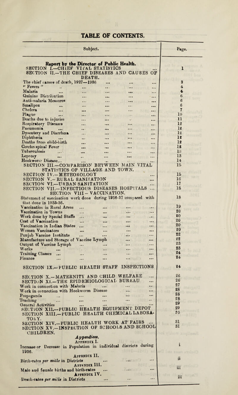 TABLE OF CONTENTS. Subject. Page. • • • • a* Report by the Director of Public Health. SECTION I.—CHIEF VITAL STATISTICS SECTION II.—THE CHIEF DISEASES AND CAUSES OF DEATH. The chief causes of death, 1927—1986 u Fevers ” Malaria Quinine Distribution Anti-malaria Measures Smallpox Cholera Plague Deaths due to injuries Respiratory Diseases Pneumonia Dysentery and Diarrhoea Diphtheria Deaths from child-birth Cerebrc spinal Fever Tuberculosis Leprosy Hookwonr Dig6us6 SECTION III—COMPARISON BETWEEN MAIN VITAL STATISTICS OF VILLAGE AND TOWN. SECTION IV.-METEOROLOGY SECTION V.-RURAL SANITATION SECTION VI.—URBAN SANITATION SECTION VII.—INFECTIOUS DISEASES HOSPITALS ... SECTION VUI~ VACCINATION. Statement of vaccination work done during 1938-37 compared with that done in 1936-36. Vaccination in Rural Areas Vaccination in Towns Work done by Special Staffs ... ... Cost of Vacoination Vaccination in Indian States ... Women Vaccinators Punjab Vaccine Institute Manufacture and Storage of Vaocine Lymph Output of Vaccine Lymph Works Training Classes ... Finance SECTION IX.— PUBLIC HEALTH STAFF INSPECTIONS SECTION X.-MATERNITY AND CHILD WELFARE SECTION XJ.—THE EPIDEMIOLOGICAL BUREAU Work in connection with Malaria Work in connection with Hookworm Disease Propaganda Teaching General Activities SECTION XII.— PUBLIC HEALTH EQUIPMENT DEPOT SECTION XIII.—PUBLIC HEALTH CHEMICAL LABORA¬ TORY. SECTION XIV.—PUBLIC HEALTH WORK AT FAIRS ... SECTION XV.—INSPECTION OF SCHOOLS AND SCHOOL CHILDREN. Appendices. Appendix I. Increase or Decrease in Population in individual districts during 1936. Appendix II. Birth-rates per mille in Districts Appendix III. Male and female births and birth-rates Appendix IV. Death-rates per mills in Districts 3 4 4 6 6 6 7 10 11 12 12 12 le 12 1* lo 13 14 15 15 16 17 18 18 19 20 20 20 20 20 22 22 23 28 24 24 24 26 26 27 28 28 28 29 29 80 31 31 it iii • • • in