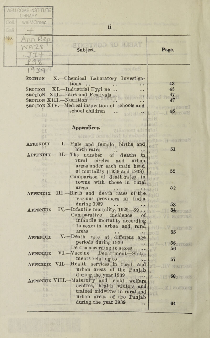 WELLCOME INSTITUTE LIBRARY ■ welMOmec -f : TvJ. / An 1 ' ■ JT-i J7TZ n Subject. Section X.—Chemical Laboratory Investiga¬ tions .. Section XI.—Industrial Bygune ,. Section XII.—Fairs and Festivals Section XIII.—Nutrition Section XIV.—Medical inspection of schools and school children Page. 43 45 47 47 48 it j Appendices. Appendix I.—Male and female births and birth rates Appendix II.—The number of deaths in rural circles and urban areas under each main head of mortality (1939 and 1938) Comparison of death rates in towns with those in rural areas .. .. Appendix III.—Birth and death rates of the various provinces in India during 1939 Appendix IV.—Infantile mortality, 1929—39 .. Comparative incidence of infantile mortality according to sexes in urban and rural areas Appendix V.—Death rate at different age periods during 1939 Deaths according to sexes Appendix VI.—'Vaccine Department—State¬ ments relating to Appendix VII.—Health services in rural and urban areas of the Punjab during the year 1939 Appendix VIII.—Maternity and child welfare centres, health visitors and trained mid wives in rural and urban areas of the Punjab during the year 1939 51 52 52 53 54, 55 56 56 57 64